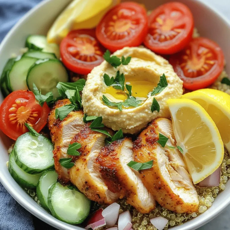 For these delicious Chicken Shawarma Bowls, you will need: - 1 lb boneless, skinless chicken thighs - 2 cups cooked quinoa (or rice) - 1 cup cherry tomatoes, halved - 1 cucumber, diced - ½ red onion, thinly sliced - ½ cup hummus (store-bought or homemade) - Fresh parsley, chopped (for garnish) - Lemon wedges (for serving) The marinade is key to great flavor. Here are the ingredients: - 3 tablespoons olive oil - 2 cloves garlic, minced - 1 tablespoon ground cumin - 1 tablespoon ground coriander - 1 teaspoon paprika - 1 teaspoon turmeric - ½ teaspoon cayenne pepper (adjust to taste) - Salt and pepper, to taste This marinade brings out the best in the chicken. The spices meld together, making each bite tasty. Toppings can elevate your bowl. Consider adding: - Toasted pita chips for crunch - A drizzle of spicy yogurt sauce for heat These toppings add texture and flavor. You can mix and match based on your preferences. Enjoy the fresh taste of each bite! For the complete recipe, check out the Full Recipe section. To start, you will need to create a tasty marinade. In a bowl, mix together 3 tablespoons of olive oil, 2 cloves of minced garlic, 1 tablespoon of ground cumin, 1 tablespoon of ground coriander, 1 teaspoon of paprika, 1 teaspoon of turmeric, and ½ teaspoon of cayenne pepper. Add salt and pepper to taste. Whisk until everything is well combined. Next, add 1 pound of boneless, skinless chicken thighs to the bowl. Make sure each piece is fully coated with the marinade. Cover the bowl with plastic wrap and place it in the fridge. Let it sit for at least 1 hour, or overnight for more flavor. When you are ready to cook, preheat your oven to 400°F (200°C). Line a baking sheet with parchment paper. This helps with easy cleanup and prevents sticking. Take the marinated chicken thighs from the fridge and place them on the baking sheet in a single layer. Bake them for 20-25 minutes. You want the chicken to be fully cooked and golden brown. The internal temperature should be at least 165°F (75°C). While the chicken bakes, you can cook 2 cups of quinoa or rice. Chop your veggies: halve the cherry tomatoes, dice the cucumber, and slice the red onion. After the chicken is done, let it rest for 5 minutes. This keeps it juicy. Slice the chicken into strips. Now, take your serving bowls. Start with a base of the cooked quinoa or rice. Add the sliced chicken on top. Next, add the halved cherry tomatoes, diced cucumber, and sliced red onion. For a creamy touch, add a scoop of hummus. Finish by sprinkling fresh chopped parsley on top for color. Serve with lemon wedges for a zesty kick! Enjoy this easy and flavorful meal. For the full recipe, check it out! To get the best flavor, marinate the chicken for at least one hour. I recommend overnight for even more taste. Use a bowl that fits the chicken well, so it covers every piece. Make sure the marinade coats the chicken evenly. This helps the spices stick and infuse the meat. You can also use a zip-top bag for easy cleanup. Just remove as much air as possible before sealing. Preheat your oven to 400°F (200°C) before placing the chicken inside. This ensures even cooking. Use parchment paper on the baking sheet to avoid sticking. Arrange the chicken in a single layer for even heat. Bake for 20-25 minutes until the chicken reaches 165°F (75°C). Let the chicken rest for five minutes before slicing. This keeps it juicy and flavorful. Start with a base of cooked quinoa or rice. Top it with sliced chicken, cherry tomatoes, cucumber, and red onion. Add a generous scoop of hummus for creaminess. Fresh parsley not only adds flavor but also a splash of color. For an extra crunch, consider adding toasted pita chips. A squeeze of lemon juice elevates the dish further. These simple touches create a complete and satisfying meal. For the full recipe, check the details above. {{image_4}} If you want to switch up your chicken shawarma bowl, try other proteins. You can use beef, lamb, or turkey for a twist. Each meat brings its own flavor. Tofu is a great option for a meat-free meal. It absorbs flavors well and is healthy. For a vegetarian shawarma bowl, skip the meat and use roasted veggies. Eggplant, zucchini, and bell peppers work well. You can also use chickpeas or lentils for protein. Marinate them just like the chicken. This adds great flavor and makes your bowl filling. You can customize your shawarma bowls with various toppings. Try adding pickled vegetables for a tangy kick. Feta cheese adds creaminess, while olives give a salty bite. Fresh herbs like mint or cilantro can freshen the dish. Serve with pita bread or a side salad for a complete meal. For more ideas, check out the Full Recipe for extra inspiration! You can store leftover chicken shawarma bowls in the fridge. Use an airtight container to keep them fresh. Make sure to let the bowls cool before sealing. Store them for up to three days. Keep the toppings separate to avoid sogginess. To reheat, place your bowl in the microwave. Heat it for one to two minutes. Check if it's warm enough before eating. You can also reheat in the oven. Use 350°F (175°C) for about 10-15 minutes. Cover it with foil to keep it moist. You can freeze chicken shawarma bowls too. Use freezer-safe containers or bags. They can last for up to three months in the freezer. When you want to eat them, thaw overnight in the fridge. Reheat as mentioned above for the best taste. For more details, check the Full Recipe. The best type of chicken for shawarma is boneless, skinless chicken thighs. They have more fat than chicken breasts, which keeps them juicy and flavorful. Thighs also absorb marinades well. If you prefer, you can use chicken breasts, but they may dry out quicker. Yes, you can make Chicken Shawarma Bowls ahead of time. You can marinate the chicken the night before. This makes the flavors richer. Cook the chicken, quinoa, and chop the veggies. Store everything in the fridge. When you're ready to eat, just assemble the bowls. To make shawarma sauce, mix yogurt, garlic, lemon juice, and spices. Here’s a simple recipe: - 1 cup plain yogurt - 2 cloves garlic, minced - Juice of 1 lemon - 1 teaspoon ground cumin - Salt to taste Stir them together in a bowl until smooth. This sauce adds creaminess and tang to your shawarma bowls. For more details, check the Full Recipe. Chicken shawarma bowls are easy and fun to make. We covered the best ingredients, marinade, and toppings. I shared step-by-step instructions for marinating and baking the chicken. You learned tips for great cooking and creative variations. Plus, I included storage info and FAQs to help you. Enjoy making your own shawarma bowls. They are tasty and perfect for any meal! Now, you can impress your friends and family with this dish. Get cooking!