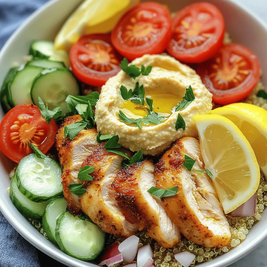 For these delicious Chicken Shawarma Bowls, you will need: - 1 lb boneless, skinless chicken thighs - 2 cups cooked quinoa (or rice) - 1 cup cherry tomatoes, halved - 1 cucumber, diced - ½ red onion, thinly sliced - ½ cup hummus (store-bought or homemade) - Fresh parsley, chopped (for garnish) - Lemon wedges (for serving) The marinade is key to great flavor. Here are the ingredients: - 3 tablespoons olive oil - 2 cloves garlic, minced - 1 tablespoon ground cumin - 1 tablespoon ground coriander - 1 teaspoon paprika - 1 teaspoon turmeric - ½ teaspoon cayenne pepper (adjust to taste) - Salt and pepper, to taste This marinade brings out the best in the chicken. The spices meld together, making each bite tasty. Toppings can elevate your bowl. Consider adding: - Toasted pita chips for crunch - A drizzle of spicy yogurt sauce for heat These toppings add texture and flavor. You can mix and match based on your preferences. Enjoy the fresh taste of each bite! For the complete recipe, check out the Full Recipe section. To start, you will need to create a tasty marinade. In a bowl, mix together 3 tablespoons of olive oil, 2 cloves of minced garlic, 1 tablespoon of ground cumin, 1 tablespoon of ground coriander, 1 teaspoon of paprika, 1 teaspoon of turmeric, and ½ teaspoon of cayenne pepper. Add salt and pepper to taste. Whisk until everything is well combined. Next, add 1 pound of boneless, skinless chicken thighs to the bowl. Make sure each piece is fully coated with the marinade. Cover the bowl with plastic wrap and place it in the fridge. Let it sit for at least 1 hour, or overnight for more flavor. When you are ready to cook, preheat your oven to 400°F (200°C). Line a baking sheet with parchment paper. This helps with easy cleanup and prevents sticking. Take the marinated chicken thighs from the fridge and place them on the baking sheet in a single layer. Bake them for 20-25 minutes. You want the chicken to be fully cooked and golden brown. The internal temperature should be at least 165°F (75°C). While the chicken bakes, you can cook 2 cups of quinoa or rice. Chop your veggies: halve the cherry tomatoes, dice the cucumber, and slice the red onion. After the chicken is done, let it rest for 5 minutes. This keeps it juicy. Slice the chicken into strips. Now, take your serving bowls. Start with a base of the cooked quinoa or rice. Add the sliced chicken on top. Next, add the halved cherry tomatoes, diced cucumber, and sliced red onion. For a creamy touch, add a scoop of hummus. Finish by sprinkling fresh chopped parsley on top for color. Serve with lemon wedges for a zesty kick! Enjoy this easy and flavorful meal. For the full recipe, check it out! To get the best flavor, marinate the chicken for at least one hour. I recommend overnight for even more taste. Use a bowl that fits the chicken well, so it covers every piece. Make sure the marinade coats the chicken evenly. This helps the spices stick and infuse the meat. You can also use a zip-top bag for easy cleanup. Just remove as much air as possible before sealing. Preheat your oven to 400°F (200°C) before placing the chicken inside. This ensures even cooking. Use parchment paper on the baking sheet to avoid sticking. Arrange the chicken in a single layer for even heat. Bake for 20-25 minutes until the chicken reaches 165°F (75°C). Let the chicken rest for five minutes before slicing. This keeps it juicy and flavorful. Start with a base of cooked quinoa or rice. Top it with sliced chicken, cherry tomatoes, cucumber, and red onion. Add a generous scoop of hummus for creaminess. Fresh parsley not only adds flavor but also a splash of color. For an extra crunch, consider adding toasted pita chips. A squeeze of lemon juice elevates the dish further. These simple touches create a complete and satisfying meal. For the full recipe, check the details above. {{image_4}} If you want to switch up your chicken shawarma bowl, try other proteins. You can use beef, lamb, or turkey for a twist. Each meat brings its own flavor. Tofu is a great option for a meat-free meal. It absorbs flavors well and is healthy. For a vegetarian shawarma bowl, skip the meat and use roasted veggies. Eggplant, zucchini, and bell peppers work well. You can also use chickpeas or lentils for protein. Marinate them just like the chicken. This adds great flavor and makes your bowl filling. You can customize your shawarma bowls with various toppings. Try adding pickled vegetables for a tangy kick. Feta cheese adds creaminess, while olives give a salty bite. Fresh herbs like mint or cilantro can freshen the dish. Serve with pita bread or a side salad for a complete meal. For more ideas, check out the Full Recipe for extra inspiration! You can store leftover chicken shawarma bowls in the fridge. Use an airtight container to keep them fresh. Make sure to let the bowls cool before sealing. Store them for up to three days. Keep the toppings separate to avoid sogginess. To reheat, place your bowl in the microwave. Heat it for one to two minutes. Check if it's warm enough before eating. You can also reheat in the oven. Use 350°F (175°C) for about 10-15 minutes. Cover it with foil to keep it moist. You can freeze chicken shawarma bowls too. Use freezer-safe containers or bags. They can last for up to three months in the freezer. When you want to eat them, thaw overnight in the fridge. Reheat as mentioned above for the best taste. For more details, check the Full Recipe. The best type of chicken for shawarma is boneless, skinless chicken thighs. They have more fat than chicken breasts, which keeps them juicy and flavorful. Thighs also absorb marinades well. If you prefer, you can use chicken breasts, but they may dry out quicker. Yes, you can make Chicken Shawarma Bowls ahead of time. You can marinate the chicken the night before. This makes the flavors richer. Cook the chicken, quinoa, and chop the veggies. Store everything in the fridge. When you're ready to eat, just assemble the bowls. To make shawarma sauce, mix yogurt, garlic, lemon juice, and spices. Here’s a simple recipe: - 1 cup plain yogurt - 2 cloves garlic, minced - Juice of 1 lemon - 1 teaspoon ground cumin - Salt to taste Stir them together in a bowl until smooth. This sauce adds creaminess and tang to your shawarma bowls. For more details, check the Full Recipe. Chicken shawarma bowls are easy and fun to make. We covered the best ingredients, marinade, and toppings. I shared step-by-step instructions for marinating and baking the chicken. You learned tips for great cooking and creative variations. Plus, I included storage info and FAQs to help you. Enjoy making your own shawarma bowls. They are tasty and perfect for any meal! Now, you can impress your friends and family with this dish. Get cooking!
