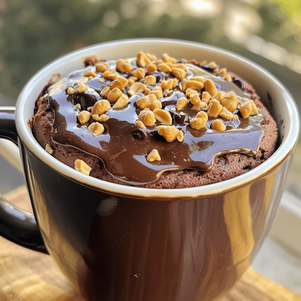 The Chocolate Peanut Butter Mug Cake is a quick and easy treat. It takes just a few minutes to whip up. You can enjoy it warm, straight from the mug. - 4 tablespoons all-purpose flour - 4 tablespoons granulated sugar - 2 tablespoons unsweetened cocoa powder - 1/8 teaspoon baking powder - 1/8 teaspoon fine sea salt - 3 tablespoons milk (or your favorite dairy-free alternative) - 2 tablespoons creamy peanut butter - 1 tablespoon vegetable oil - 1/4 teaspoon pure vanilla extract - Optional: Chopped peanuts and semi-sweet chocolate chips for topping - Dairy-free alternatives: You can use almond milk or oat milk in place of regular milk. This makes it vegan-friendly. - Gluten-free flour options: Substitute the all-purpose flour with a gluten-free blend. Make sure it has xanthan gum for best results. To start, grab a microwave-safe mug that holds at least 12 ounces. In the mug, mix the following dry ingredients: - 4 tablespoons all-purpose flour - 4 tablespoons granulated sugar - 2 tablespoons unsweetened cocoa powder - 1/8 teaspoon baking powder - 1/8 teaspoon fine sea salt Use a small whisk or fork to blend these ingredients well. Make sure there are no clumps left. This step is key to a smooth cake. Now, it’s time to add the wet ingredients. Pour in: - 3 tablespoons milk (or your favorite dairy-free alternative) - 2 tablespoons creamy peanut butter - 1 tablespoon vegetable oil - 1/4 teaspoon pure vanilla extract Stir everything together vigorously. You want a smooth batter, so scrape down the sides and bottom of the mug. This ensures all the dry mix gets blended in. For an extra treat, consider folding in a tablespoon of semi-sweet chocolate chips at this stage. Microwave the mug on high power for 1 minute and 30 seconds. After that time, check if the cake is done. If the center looks wet, microwave in 15-20 second increments. Keep a close eye on it. Cooking time can vary and may take up to 2 minutes. Once it’s finished, carefully remove the mug. It will be hot! Let it cool for about a minute before you dig in. If you want to add some flair, top your cake with chopped peanuts and more chocolate chips. Enjoy this delightful treat right from the mug, or invert it onto a plate for a nice presentation! - Overmixing the batter: Mix just until the ingredients combine. Overmixing makes your cake tough. - Using the wrong mug size: Choose a mug that holds at least 12 oz. A small mug can overflow. You can make your mug cake even better! Try adding chocolate chips or some chopped nuts. These little extras add texture and flavor. Just fold them in before microwaving. You’ll love the extra burst of chocolate or crunch from the nuts. You can serve your mug cake in two ways. Serve it warm right in the mug for a cozy vibe. Or, if you want to impress, flip it onto a plate. Drizzling extra peanut butter or chocolate sauce on top makes it look fancy. Enjoy your delicious creation! {{image_4}} You can easily swap peanut butter for other nut butters. Almond or cashew butter works great. Both add their own unique taste. You might try almond butter for a sweeter flavor. Cashew butter gives a creamy texture and mild taste. These swaps keep your mug cake fun and interesting. Toppings can take your mug cake to the next level. Try whipped cream for a light touch on top. A scoop of ice cream is perfect for those hot days. Chopped nuts add crunch and flavor. You can even sprinkle some sea salt to balance the sweetness. Mixing in chocolate chips during cooking adds extra richness. If you want a healthier version, adjust the sugar. You can cut the sugar by half. This change still keeps the cake tasty. Try using a natural sweetener like honey or maple syrup. These options can lower the sugar without losing flavor. You can also use unsweetened cocoa powder to keep it rich. To keep your chocolate peanut butter mug cake fresh, you should store it in the fridge. Place the mug cake in an airtight container or cover it with plastic wrap. This helps prevent it from drying out. It will stay fresh for about 2 to 3 days in the fridge. When you're ready to enjoy your leftover mug cake, reheating is simple. Use the microwave for quick results. Heat it in short bursts, around 15 seconds, until warm. This keeps the cake soft and tasty. Avoid overheating, as it can make the cake dry. If you want to save your mug cake for a longer time, freezing is a great option. Let the cake cool completely. Wrap it tightly in plastic wrap or place it in a freezer-safe bag. When you are ready to eat it, thaw it in the fridge overnight. For the best taste, reheat it gently in the microwave. Enjoy your treat anytime! Yes! You can easily make this mug cake vegan. Here are some options for vegan substitutes: - Milk: Use almond milk, soy milk, or oat milk instead of regular milk. - Peanut Butter: Most peanut butter is vegan, just check the label. - Oil: Use coconut oil or any other vegetable oil. - Eggs: You don’t need eggs in this recipe, so it’s already egg-free! If you don’t have a microwave, you can bake the mug cake in your oven. Here’s how: 1. Preheat your oven to 350°F (175°C). 2. Pour the batter into a small oven-safe dish instead of a mug. 3. Bake for about 10-12 minutes. Keep an eye on it! 4. The cake is done when it rises and the center looks set. To check if your mug cake is done, follow these tips: - Look for a firm top. The cake should not jiggle. - Insert a toothpick into the center. If it comes out clean, it’s ready. - If the center looks wet, microwave in short bursts of 15-20 seconds until done. These simple tests help ensure you enjoy a perfect chocolate peanut butter mug cake. For the full recipe, check out the details above! You learned how to make a delicious mug cake easily. We covered ingredients, step-by-step instructions, and tips for success. You can even make dietary substitutions or try new flavors. Remember, using the right mug size and not overmixing will help you avoid mistakes. Enjoy your cake plain, or add toppings for a fun twist. This recipe is flexible and perfect for any time. Lastly, store your cake properly to keep it fresh. With this guide, you can create a delightful treat anytime you crave something sweet.