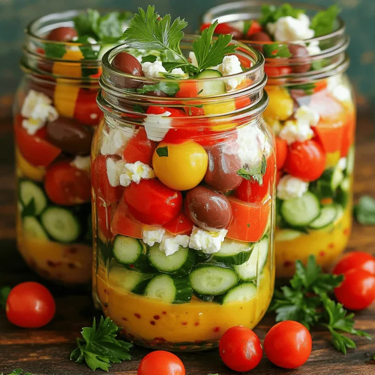 - 1 cup cherry tomatoes, halved - 1 cucumber, diced into small cubes - 1 red bell pepper, diced I love using fresh vegetables in my Mason Jar Greek Salads. The cherry tomatoes add sweetness. The cucumber brings crunch, and the red bell pepper offers a nice pop of color. These veggies not only taste great but also look beautiful in the jar. - 1 cup Kalamata olives, pitted and halved - 1 cup feta cheese, crumbled - 1/4 red onion, thinly sliced Kalamata olives are a must for authenticity. They provide a briny flavor that pairs well with other ingredients. Feta cheese adds creaminess and tang. Red onion gives a slight bite and a vibrant hue. Together, they create a balanced taste that enhances the overall salad experience. - 1/4 cup fresh parsley, finely chopped - 1/4 cup extra virgin olive oil - 2 tablespoons red wine vinegar (or fresh lemon juice) - 1 teaspoon dried oregano - Salt and freshly ground black pepper to taste The dressing ties everything together. I prefer using extra virgin olive oil for its rich flavor. Red wine vinegar adds acidity, while lemon juice can brighten up the salad even more. Dried oregano brings that classic Greek flavor. A sprinkle of salt and pepper finishes it off and ensures each bite is bursting with flavor. For the full recipe, check out the details on how to make these delicious salads. To start, gather your ingredients for the dressing. In a mixing bowl, combine: - 1/4 cup extra virgin olive oil - 2 tablespoons red wine vinegar (or fresh lemon juice) - 1 teaspoon dried oregano - Salt and freshly ground black pepper to taste Whisk these together until they blend well. This simple dressing adds a lot of flavor. Next, grab your mason jars. Pour 2 tablespoons of the dressing into the bottom of each jar. This creates a flavorful base. Now, add diced cucumber as the first layer. This keeps the cucumber crisp. Now it's time to add more veggies. Follow the cucumber with: - Diced red bell pepper - Halved cherry tomatoes Next, add thinly sliced red onion and Kalamata olives. Layering helps keep each vegetable fresh and flavorful. Now for the fun part! Sprinkle crumbled feta cheese on top. This creamy cheese adds richness. Lastly, add finely chopped parsley for a pop of color and fresh taste. Securely lid each mason jar and place them in the refrigerator. These salads stay fresh for up to 5 days. When ready to eat, just shake the jar to mix everything. Enjoy your Mason Jar Greek Salads fresh and flavorful! For the detailed recipe, check the Full Recipe section. The way you layer your salad is key. Start with the dressing at the bottom. This keeps your greens and veggies fresh. If you put wet ingredients on top, you risk soggy vegetables. Adding cucumbers and peppers first helps. These veggies are sturdy and can handle moisture. Next, add tomatoes, red onions, and olives. This order keeps flavors bright. Each bite stays fresh and tasty. You will love how each layer adds its own flavor. Preparing salads in advance saves time. I suggest making several jars at once. You can enjoy them all week long. Start by chopping all your veggies first. Then, layer them in jars. This makes it easy to grab a healthy meal on busy days. For storage, keep them in the fridge. Make sure to close the jars tightly. This keeps your salads crisp and fresh for up to five days. Serving your salads in jars is fun and easy. It gives a rustic look that impresses guests. When you’re ready to eat, just shake the jar. The dressing mixes well with all the ingredients. For a pop of color, add lemon slices or fresh herbs on top. A sprinkle of parsley makes it look vibrant. You can even add a sprig of dill for a fresh twist. Enjoy this fresh and flavorful delight with every bite! {{image_4}} You can change up the vegetables and proteins in your Mason Jar Greek Salads. For a crunchy twist, try adding radishes or carrots. If you want more color, use yellow bell peppers or cherry peppers. For protein, you can swap feta cheese for goat cheese or even a vegan cheese. Chickpeas or grilled chicken make great additions too. They add protein and make the salad heartier. The dressing can also change to match your taste. A lemon and herb dressing adds brightness. You can blend yogurt with herbs for a creamy option. If you prefer store-bought, look for vinaigrettes with olive oil or balsamic. Just check the label for healthy ingredients. Seasonal produce can change your salad game. In summer, add fresh corn or zucchini for a light touch. In winter, try roasted beets or Brussels sprouts for warmth and richness. These swaps make the salad fun and fitting for any time of year. Each season brings new flavors to enjoy. For the full recipe, check out the Mason Jar Greek Salads 🥗 recipe above. To keep your Mason Jar Greek Salads fresh, follow a few simple steps. First, make sure the jars are clean and dry before you fill them. This helps prevent spoilage. Layer the ingredients wisely. Start with the dressing at the bottom. This keeps veggies crisp and prevents sogginess. Use airtight mason jars to seal in freshness. If you don’t have mason jars, any glass container with a tight lid works well. Store your salads in the fridge for up to five days. Can you freeze Mason Jar salads? I do not recommend it. Freezing can change the texture of the veggies and cheese. If you still want to freeze, separate the ingredients. Freeze the dressing and veggies in separate bags. This way, you can mix them together when you are ready to eat. Always label your bags with the date. This helps you keep track of freshness. Most of these salads are best enjoyed cold. However, if you prefer warm salads, heat up the ingredients gently. You can use a microwave or a stovetop pan. Avoid heating the feta cheese, as it can become crumbly. After heating, mix the ingredients in the jar. Serve right away for the best taste. Enjoy your fresh and flavorful delight! Using mason jars for salads has many benefits. First, they are super convenient. You can prep your salad ahead of time and grab it on the go. Second, mason jars help with portion control. Each jar holds a perfect meal-sized serving. This way, you avoid overeating and keep your meals balanced. Third, they keep your salad fresh. The jars seal tightly, so your veggies stay crisp and tasty. The dressing sits at the bottom, so your greens don’t get soggy. This keeps your salad looking and tasting great until you are ready to eat. You can store Mason Jar Greek Salads in the fridge for up to five days. This makes them a perfect meal prep option. To keep them fresh, always seal the jars tightly. If you notice any signs of spoilage, it’s best to toss the salad. Keep an eye on the vegetables. Softer ones may spoil faster than firmer ones. Yes, you can customize the ingredients in your Mason Jar Greek Salads. Feel free to swap out veggies based on your taste. If you don’t like red bell peppers, try yellow or orange ones instead. You can also add proteins like grilled chicken or chickpeas. If you want a different cheese, try goat cheese or mozzarella. Just remember to keep the dressing at the bottom to avoid sogginess. With these tips, you can create a salad that suits your palate. For the full recipe, check out the Mason Jar Greek Salads section. Mason jar salads offer fresh, healthy meals packed with flavor and convenience. We covered various fresh ingredients, essential components, and easy step-by-step instructions for making these salads. I shared tips on preserving freshness, variations to suit your taste, and smart storage practices. Enjoying customized salads in jars is simple and fun. With a little planning, you can have flavorful, healthy meals ready to go. Dive in and start creating your perfect salad mix today!