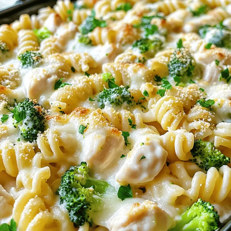 To make a delicious Easy Chicken Alfredo Bake, gather these items: - 2 cups cooked rotini pasta - 2 cups cooked chicken breast, diced - 1 cup broccoli florets (fresh or frozen) - 1 cup Alfredo sauce (store-bought or homemade) - 1 cup shredded mozzarella cheese - ½ cup grated Parmesan cheese - 1 teaspoon garlic powder - 1 teaspoon Italian seasoning - Salt and pepper to taste - Fresh parsley for garnish (optional) You can make this dish your own by adding or swapping a few ingredients. Here are some tasty ideas: - Spinach or peas for extra greens - Sun-dried tomatoes for a burst of flavor - Different cheese like cheddar or gouda - Cooked bacon or ham for added protein - A pinch of red pepper flakes for heat You can use both fresh and frozen ingredients in this recipe. Fresh broccoli adds a nice crunch and bright color. Frozen works too and saves prep time. If you use frozen broccoli, just thaw it before mixing. For chicken, I recommend using cooked chicken breast for ease. You can bake, grill, or even rotisserie chicken. Both fresh and frozen options are good. Choose what you have on hand! Start by gathering all your ingredients. You need cooked rotini pasta, diced chicken, broccoli, and Alfredo sauce. Have mozzarella and Parmesan cheese ready too. This makes your cooking smooth and quick. Preheat the oven to 375°F (190°C) now. This step is key for a perfect bake. 1. In a large bowl, mix the cooked pasta, chicken, and broccoli. Stir until well blended. 2. Add Alfredo sauce, garlic powder, and Italian seasoning. Don’t forget salt and pepper! Mix it well so every piece is coated. 3. Grease a 9x13 inch baking dish with cooking spray or olive oil. Transfer the pasta mix into the dish and spread it out evenly. 4. Sprinkle mozzarella cheese on top. Then, add grated Parmesan cheese for extra flavor. 5. Cover the dish with aluminum foil. This keeps the cheese from browning too fast. Place it in the oven and bake for 20 minutes. 6. After 20 minutes, take off the foil. Put the dish back in the oven for 10-15 more minutes. Bake until the cheese is bubbly and golden brown. 7. Once done, take the dish out of the oven. Let it cool for a few minutes. You can garnish with parsley for a nice touch if you want. To save time, prep all ingredients before you start cooking. This helps keep your kitchen neat. While the pasta bakes, clean up the cooking area. You can also set the table or prepare salads. This way, your Chicken Alfredo Bake will be ready, and so will you! To make a creamy Alfredo sauce, use high-quality ingredients. I suggest full-fat heavy cream. It gives the best richness. If you want more flavor, add some garlic. A pinch of nutmeg can also enhance the sauce. Stir the sauce slowly as you heat it. This helps keep it smooth. If it gets too thick, add a splash of pasta water to loosen it. This tip helps keep your sauce velvety. To cook chicken breast just right, start with even thickness. Pound the chicken to an even shape. This helps it cook evenly. Season it well with salt and pepper. For juicy chicken, cook it over medium heat. Use a meat thermometer to check the temperature. Chicken should reach 165°F (75°C). Let it rest for a few minutes before dicing. This seals in the juices and keeps it tender. Toppings can take your Chicken Alfredo Bake to the next level. Try adding a sprinkle of breadcrumbs for crunch. Mix herbs like basil or oregano into the cheese for a fresh taste. You can also add sautéed mushrooms or spinach for more veggies. For a kick, sprinkle some red pepper flakes on top. Each topping adds its own flavor and texture, making the dish even more exciting. {{image_4}} You can easily make this dish vegetarian. Just swap the chicken for protein-rich options like chickpeas or cooked lentils. You can also add more veggies. Try bell peppers, spinach, or zucchini. These add flavor and nutrients. Use a veggie-based Alfredo sauce for a creamy touch. This way, you keep the dish tasty and satisfying without meat. While rotini works well, many other pasta types fit this recipe. Fusilli, penne, or even farfalle are great choices. You can use whole wheat pasta for extra fiber. Gluten-free pasta is also an option if you prefer. Just make sure to cook the pasta according to package instructions before mixing it with the other ingredients. If you like heat, add some spice! Mix in diced jalapeños or crushed red pepper flakes with the sauce. You can also use spicy sausage instead of chicken. This gives the dish a nice kick. Serve with a side of garlic bread and a salad for balance. You will enjoy this twist on the classic recipe. For the full recipe, check the details above. After enjoying your Easy Chicken Alfredo Bake, you may have some leftovers. To store them, let the dish cool to room temperature. Then, place it in an airtight container. Make sure to cover it well to keep it fresh. You can store it in the fridge for up to three days. Keeping it sealed helps prevent it from drying out. When you’re ready to enjoy your leftovers, preheat your oven to 350°F (175°C). Place your Chicken Alfredo Bake in an oven-safe dish. Cover it with foil to keep it moist. Bake for about 20 minutes, or until it’s heated through. You can also reheat in the microwave. Just put a portion on a microwave-safe plate and cover it. Heat for about 1-2 minutes, stirring halfway. If you want to save your Chicken Alfredo Bake for later, freezing is a great option. First, let the dish cool completely. Then, cut it into portions. Wrap each portion tightly in plastic wrap. Place the wrapped portions in a freezer-safe bag. You can freeze them for up to three months. When you're ready to eat, simply thaw overnight in the fridge, then reheat as mentioned above. Enjoy your meal without the hassle! Yes, you can use different cheeses! Cheddar or gouda works well. Each cheese gives a unique taste. Mozzarella adds creaminess, while parmesan adds a salty kick. Feel free to mix cheeses for more flavor. Just keep the total amount the same. The total baking time is about 30-35 minutes. First, cover the dish and bake for 20 minutes. Then, remove the cover and bake for another 10-15 minutes. This helps the cheese get bubbly and golden. Keep an eye on it to avoid over-baking. Absolutely! You can prepare it a day in advance. Just follow the steps up to baking. Cover the dish and store it in the fridge. When you're ready, bake it straight from the fridge. Add a few extra minutes to the baking time. This dish is great for meal prep or family gatherings. For the full recipe, check the earlier section. This guide covered all you need for a tasty Alfredo dish. We explored each ingredient, including options to customize your meal. The step-by-step cooking tips will help you save time and make cooking easier. I shared tricks for creamy sauce and perfect chicken, plus variations to suit your taste. You now know how to store leftovers and reheat them. Keep these tips in mind, and you’ll impress everyone at the dinner table. Enjoy your cooking journey!