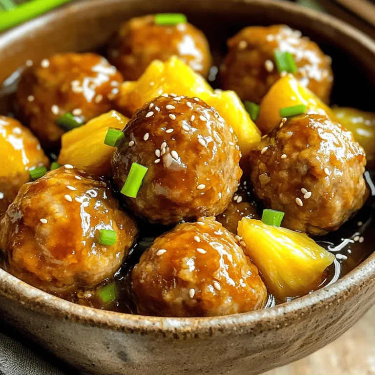 To make Pineapple Teriyaki Meatballs, you need these main ingredients: - 1 pound ground chicken or turkey - 1/2 cup breadcrumbs (gluten-free if preferred) - 1/4 cup finely chopped green onions - 1/4 cup crushed pineapple, well drained - 1 teaspoon garlic powder - 1 teaspoon ginger powder - 1 large egg, beaten - Salt and freshly ground black pepper, to taste These ingredients shine together. The meat provides a great base. Pineapple gives a sweet twist to the flavor, and the green onions add freshness. For the teriyaki sauce, gather these items: - 1/2 cup low-sodium soy sauce - 1/4 cup honey (you can use maple syrup for a vegan version) - 2 tablespoons rice vinegar - 1 tablespoon cornstarch mixed with 2 tablespoons cold water - 1/2 cup diced pineapple (fresh or canned) - 1 tablespoon toasted sesame seeds, for garnish This sauce is key to the dish. It is sweet, salty, and tangy. The diced pineapple adds texture and flavor. If you want to switch things up, you can try these substitutions: - Use ground beef or pork instead of chicken or turkey. - Swap breadcrumbs with crushed oats for a gluten-free option. - Replace honey with agave syrup if you prefer. - For a spicy kick, add a teaspoon of sriracha to the sauce. These swaps keep the dish exciting. They allow you to use what you have at home. You can still enjoy the flavors of Pineapple Teriyaki Meatballs by making these adjustments. For the full recipe, check out the complete guide. Start by preheating your oven to 400°F (200°C). This step is key for crispy meatballs. In a large bowl, mix together these ingredients: - 1 pound ground chicken or turkey - 1/2 cup breadcrumbs (you can use gluten-free breadcrumbs) - 1/4 cup finely chopped green onions - 1/4 cup crushed pineapple, well drained - 1 teaspoon garlic powder - 1 teaspoon ginger powder - 1 large egg, beaten - Salt and freshly ground black pepper, to taste Use your hands or a spatula to blend everything well. The mixture should feel sticky and hold together nicely. Once your mixture is ready, grab a small amount and shape it into a meatball about 1 inch in diameter. Keep them even so they cook the same. Place them on a lined baking sheet, leaving some space between each ball. Bake these in the oven for about 15 to 20 minutes. You’ll know they’re done when they turn golden brown and are fully cooked inside. While the meatballs bake, it’s time to make the teriyaki sauce. Grab a small saucepan and set it over medium heat. Add these ingredients: - 1/2 cup low-sodium soy sauce - 1/4 cup honey (or maple syrup for vegan) - 2 tablespoons rice vinegar - 1/2 cup diced pineapple (fresh or canned) Stir this mix gently and bring it to a simmer. Then, make the sauce thicker by mixing 1 tablespoon of cornstarch with 2 tablespoons of cold water. Slowly stir this into your sauce. Keep stirring for another 2-3 minutes until it thickens. Remove the saucepan from heat when it looks just right. After baking, drizzle or toss the meatballs in this tasty teriyaki sauce. Serve them up in a nice dish, and don’t forget to sprinkle on some toasted sesame seeds for that extra flair. For the full recipe, you can refer to the detailed instructions above. Enjoy! To make the best meatballs, focus on the texture. Use ground chicken or turkey for a leaner option. Mix in breadcrumbs and crushed pineapple to keep them moist. I use my hands to blend the mixture well but not too much. This keeps them light and fluffy. If your meatballs are too dry, add a bit more crushed pineapple. If they are too wet, add more breadcrumbs. For the teriyaki sauce, you want it to be just right. If the sauce is too thin, add more cornstarch mixed with water. Let it simmer longer to thicken. If it’s too thick, add a splash of water or more soy sauce. I like to taste as I go. This way, I can adjust the flavor and thickness to my liking. Serve your meatballs on a bed of steamed rice. The rice soaks up the sauce well. You can also pair the meatballs with sautéed vegetables. Adding extra green onions or sesame seeds on top makes it look fancy. For a fun twist, try serving them in lettuce wraps. The crunch adds a nice touch. For the full recipe, check out the details above! {{image_4}} You can easily make Pineapple Teriyaki Meatballs healthier. Swap out ground chicken or turkey for leaner options like ground bison or venison. These meats are lower in fat and still packed with flavor. You can also use quinoa instead of breadcrumbs. Quinoa adds protein and fiber, making your meal heartier. For a vegetarian or vegan twist, use plant-based ground meat or finely chopped mushrooms. Both options give a meaty texture without using animal products. To bind the mixture, you can replace the egg with a flaxseed or chia seed egg. Just mix one tablespoon of seeds with three tablespoons of water and let it sit for five minutes. That’s a great way to keep it vegan. To boost the flavor of your meatballs, consider adding spices and herbs. Try adding a pinch of crushed red pepper for heat or a dash of smoked paprika for depth. Fresh herbs like cilantro or basil can also brighten the dish. Mix these in with your meatball mixture or garnish on top before serving. For even more fun, experiment with different teriyaki sauce flavors. You can add orange juice or sesame oil for a unique twist. Explore the [Full Recipe](#) for more ideas on how to customize your Pineapple Teriyaki Meatballs! To store your leftover Pineapple Teriyaki Meatballs, let them cool first. Place them in an airtight container. This keeps them fresh and safe. You can keep them in the fridge for up to three days. Make sure to label your container with the date. This helps you remember when you made them. When ready to enjoy your leftovers, reheating them is easy. You can use a microwave or stovetop. For the microwave, place the meatballs on a microwave-safe plate. Cover them with a damp paper towel. Heat for about one to two minutes. Stir halfway through to warm them evenly. On the stovetop, add a splash of water to a pan. Heat over low until warm, stirring gently. This keeps the meatballs moist. Freezing is a great way to save Pineapple Teriyaki Meatballs for later. To do this, let them cool completely. Place the meatballs in a single layer on a baking sheet. Freeze them for about two hours. Once frozen, transfer them to a freezer-safe bag. Remove as much air as possible before sealing. You can freeze them for up to three months. When ready to eat, thaw in the fridge overnight and reheat. For the full recipe, check the main section of this article. To make Pineapple Teriyaki Meatballs gluten-free, simply swap regular breadcrumbs for gluten-free ones. You can find these at most grocery stores. Also, choose a gluten-free soy sauce. This keeps all the great flavors but makes it safe for those with gluten issues. Yes, you can use different meats for this recipe. Ground turkey and chicken work great, but you can also try ground beef or pork. Just remember that different meats may change the flavor a bit. Feel free to experiment with whatever you like best. Pineapple Teriyaki Meatballs go well with many side dishes. Here are a few ideas: - Steamed rice - Sautéed vegetables - Noodles, such as udon or rice noodles - A green salad with light dressing - Grilled pineapple for a sweet touch These sides will make your meal colorful and tasty! For the full recipe of Pineapple Teriyaki Meatballs, check out the detailed steps above. In this post, we covered how to make Pineapple Teriyaki Meatballs. We looked at key ingredients and the steps for cooking. I also shared tips to perfect your meatballs and sauce. You learned healthy options and how to store leftovers. I hope you feel ready to create this tasty dish. Enjoy the flavors and make it your own!