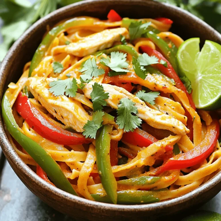 - 1 lb boneless chicken breast, sliced into thin strips - 1 tablespoon extra virgin olive oil - 1 vibrant red bell pepper, sliced into strips - 1 fresh green bell pepper, sliced into strips - 1 medium onion, thinly sliced - 3 cloves of garlic, finely minced - 2 teaspoons chili powder - 1 teaspoon ground cumin - 1 teaspoon smoked paprika - ½ teaspoon sea salt - ¼ teaspoon freshly ground black pepper These main ingredients form the base of our One-Pot Chicken Fajita Pasta. The chicken provides protein, while the bell peppers and onion add color and crunch. Garlic and spices bring depth and warmth, making every bite flavorful. - Recommended pasta types: penne or fusilli - Importance of low-sodium chicken broth I suggest using penne or fusilli pasta. These shapes hold the sauce and flavors well. The pasta cooks evenly and absorbs the taste of the broth. Low-sodium chicken broth is vital for keeping the dish balanced. It enhances the flavor without making it too salty. - Shredded cheese varieties - Fresh herbs like cilantro or parsley - Lime wedges for serving Garnishes can take your dish to the next level. I love adding shredded cheese on top. It melts nicely and adds creaminess. Fresh herbs like cilantro or parsley brighten the flavors. Lime wedges bring a zesty touch, enhancing each bite. For the full recipe, check out the details above. To make One-Pot Chicken Fajita Pasta, start by sautéing the chicken. Heat 1 tablespoon of extra virgin olive oil in a large pot over medium heat. When the oil is hot, add 1 pound of sliced chicken breast. Cook for about 5 to 7 minutes. Stir often to get an even brown color. Once the chicken is cooked, take it out and set it aside on a plate. Next, it's time for the vegetables. In the same pot, add 1 sliced onion and 1 each of red and green bell pepper. Cook these for about 5 to 6 minutes. Stir regularly to keep them tender and bright. You want to see their colors pop! Now, let's add some flavor. Add 3 minced garlic cloves and the spices: 2 teaspoons of chili powder, 1 teaspoon of ground cumin, 1 teaspoon of smoked paprika, ½ teaspoon of sea salt, and ¼ teaspoon of black pepper. Cook this mix for another minute. This step is key! It helps release the spices' full flavor and makes the kitchen smell amazing. Now for the pasta! Pour in 3 cups of low-sodium chicken broth and add 1 cup of canned diced tomatoes with their juice. Stir well and bring this to a gentle boil. Once it boils, add 8 ounces of pasta. You can use penne or fusilli here. Stir everything together and lower the heat to a simmer. Cover the pot and let it cook for about 10 to 14 minutes. Keep an eye on the pasta. It should be al dente, and the liquid should thicken slightly. After the pasta is cooked, return the chicken to the pot. Mix everything well. Sprinkle 1 cup of shredded cheese on top and cover the pot for about 2 to 3 minutes. This helps the cheese melt nicely. Then, you’re ready to enjoy this flavorful dinner delight! For the full recipe, check out the complete instructions. To make your One-Pot Chicken Fajita Pasta just right, you can adjust the spice levels. If you like it mild, cut back on the chili powder. For a kick, add more chili powder or a pinch of cayenne. You can also try adding a bit of lime juice for a zesty touch. Complimentary seasonings can boost the flavor. Try adding onion powder or a dash of oregano. Fresh herbs like cilantro or parsley add a nice finish. They give a bright taste that pairs well with the other flavors. One-pot cooking can save time and mess. Start by cooking your chicken first, then add the veggies. This way, each ingredient retains its taste and texture. Stirring regularly helps everything cook evenly. When you have leftovers, store them in an airtight container. This keeps the pasta from getting mushy. To reheat, use a pan over low heat. Add a splash of broth to keep it moist. Serving your dish in rustic bowls makes it feel special. Add lime wedges to the side for a pop of color and flavor. You can sprinkle extra cilantro or parsley on top before serving. This not only looks good but also adds a fresh taste. Garnishes like shredded cheese can make your meal more appealing. They add richness and depth to every bite. A colorful presentation can turn a simple dish into a feast for the eyes. Enjoy making this One-Pot Chicken Fajita Pasta with these tips! For the full recipe, click here. {{image_4}} You can switch up the chicken for shrimp or beef. If you want a vegetarian meal, use beans or sautéed mushrooms. Seasonal veggies can add fun flavors. Try zucchini, corn, or even asparagus for a fresh twist. To change the taste, mix in some Italian spices like oregano and basil. For Mediterranean flair, add some lemon zest and olives. If you love heat, toss in jalapeños or a dash of hot sauce for a spicy kick. If you need a gluten-free option, use rice pasta or zucchini noodles. For a dairy-free choice, try almond or cashew cheese on top. These swaps keep the dish delicious while meeting your dietary needs. You can still enjoy this tasty dish with simple changes! Check out the Full Recipe to see how these variations can fit in. After you enjoy your One-Pot Chicken Fajita Pasta, store any leftovers in an airtight container. This keeps the dish fresh and tasty. Make sure to let it cool first. Place it in the fridge. It will stay good for about 3 to 4 days. When you reheat it, do so gently. Use a microwave or a pot on the stove. Add a splash of chicken broth or water. This helps keep it moist and flavorful. Stir occasionally until it's heated through. You can freeze One-Pot Chicken Fajita Pasta for later meals. Let it cool completely before moving it to a freezer-safe container. Press out any air before sealing. It can stay frozen for up to 3 months. To eat it later, move it to the fridge overnight to thaw. If you're in a hurry, use the microwave on a low setting. Reheat slowly, adding a little broth to keep the dish from drying out. In the fridge, your One-Pot Chicken Fajita Pasta stays fresh for 3 to 4 days. After that, it may start to lose flavor and texture. Look for signs that it has gone bad. If it smells off or has a strange texture, it's best to throw it out. Enjoy your delicious meal while it's at its best! To check if the chicken is done, use a meat thermometer. The safe internal temperature for chicken is 165°F (75°C). Insert the thermometer into the thickest part of the chicken to get an accurate reading. If you don’t have a thermometer, cut into a piece. The meat should be white and juices should run clear. Undercooked chicken can make you sick, so be careful. Yes, you can use various types of pasta for this dish. While I recommend penne or fusilli, you can also try rotini or farfalle. These shapes hold the sauce well, making every bite tasty. Just remember to adjust the cooking time slightly based on the pasta you choose. You want it to be al dente, so check the package for cooking times. Many sides pair well with One-Pot Chicken Fajita Pasta. A fresh green salad with a light dressing is a great choice. You might like serving it with garlic bread or warm tortillas. For a little crunch, try tortilla chips and salsa. These options add flavor and fun to your meal. This post covered the essentials of making One-Pot Chicken Fajita Pasta. We looked at the key ingredients, preparation steps, and cooking techniques that bring out rich flavors. Remember, you can customize it with different ingredients and spices for variety. Storing and reheating tips help keep your meals fresh. Follow these guidelines to enjoy a tasty and satisfying dish every time. Have fun cooking, and share your experiences with this dish!