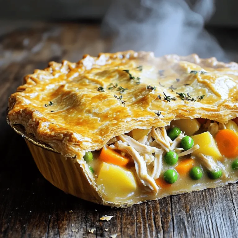 To make a classic chicken pot pie, you need these main ingredients: - 2 cups cooked chicken, shredded - 1 cup carrots, diced - 1 cup peas (fresh or frozen) - 1 cup potatoes, diced - 1 small onion, finely chopped - 3 tablespoons unsalted butter - 3 tablespoons all-purpose flour - 2 cups chicken broth - 1/2 cup whole milk - 1 teaspoon garlic powder - 1 teaspoon dried thyme - Salt and freshly ground pepper to taste - 1 package of refrigerated pie crusts (or your favorite homemade crust) - 1 egg, beaten (for egg wash) You can add some optional ingredients to bring more flavor: - Corn, fresh or frozen - Celery, diced - Mushrooms, sliced - Green beans, chopped Herbs and spices make your pot pie shine. I suggest: - Fresh parsley for a bright finish - Rosemary for a fragrant touch - Bay leaves for extra depth - Paprika for a hint of warmth Using these ingredients will help you create a delicious meal. For the full recipe, check the provided details. Enjoy the process and let your creativity flow! Start by preheating your oven to 425°F (220°C). This helps the pie cook evenly. Gather all your ingredients. You’ll need cooked chicken, carrots, peas, potatoes, onion, butter, flour, chicken broth, milk, garlic powder, thyme, salt, pepper, pie crusts, and an egg for the wash. In a large skillet, melt the butter over medium heat. Add the chopped onion, diced carrots, and potatoes. Sauté the mixture for about five minutes. The veggies should soften, and the onion should turn clear. Next, sprinkle the flour over the veggies and stir for one to two minutes. This creates a roux. Slowly whisk in the chicken broth and milk, stirring until the mix thickens. It takes about three to five minutes. Lower the heat and stir in the shredded chicken, peas, garlic powder, thyme, salt, and pepper. Mix until heated through, then set aside. Roll out one pie crust on a floured surface. Fit it into a 9-inch pie dish. Pour your chicken filling into the crust, spreading it evenly. Roll out the second pie crust and place it on top. Crimp the edges to seal. Cut a few slits in the top crust to let steam escape. Beat the egg and brush it over the top crust for a nice color. Place the pie in the oven and bake for 30 to 35 minutes. Watch for a golden crust and bubbling filling. Let it cool for ten minutes before serving. Enjoy your hearty chicken pot pie! To make a flaky pie crust, start with cold ingredients. Use cold butter and ice water. This helps create steam, which makes the layers puff. Roll the dough gently. Too much pressure can make it tough. If you use store-bought crust, let it sit at room temperature for a few minutes before unrolling. This makes it easier to handle. Always crimp the edges well to seal in the filling. The filling should be creamy but not runny. To achieve this, make a roux with flour and butter. Stir it well before adding broth and milk. This ensures a smooth texture. Keep cooking until the mixture thickens. If it gets too thick, add a splash more broth or milk. The filling should hold together but still flow when you slice the pie. To save time, use pre-cooked chicken. Rotisserie chicken works great! You can also chop your veggies ahead of time. This makes assembly faster. For a rich flavor, sauté the vegetables first. It adds depth without extra steps. If you want to skip making the crust, buy a ready-made one. It saves time and still tastes good. For the full recipe, check the recipe section above. {{image_4}} You can make a delicious vegetarian chicken pot pie. Start by swapping chicken for hearty veggies like mushrooms or jackfruit. Use vegetable broth instead of chicken broth. This keeps the rich flavor while being meat-free. Add a mix of your favorite vegetables, like bell peppers and zucchini. You can also use tofu for extra protein. This twist on the classic recipe is tasty and satisfying. You don’t have to stick with chicken. Try turkey for a twist on the classic. Beef works well too for a different flavor. You can even use seafood like shrimp or crab. Just remember to adjust the cooking time based on the protein you choose. Each protein brings its unique taste and texture to the pot pie. The crust can be just as fun as the filling. Instead of traditional pie crust, try puff pastry for a flaky top. You can also use biscuit dough for a comforting, homey feel. Another option is a cornbread topping, which adds a sweet touch. If you want to make it lighter, consider using phyllo dough. Each crust type gives your pot pie a new flavor profile. For more ideas, check out the Full Recipe. After enjoying your chicken pot pie, let it cool first. Once cooled, cover it with plastic wrap or foil. You can also place it in an airtight container. Store the leftovers in the fridge for up to three days. This keeps the pie fresh and ready for your next meal. To reheat your chicken pot pie, use the oven for the best results. Preheat the oven to 350°F (175°C). Place the pie on a baking sheet to catch any drips. Heat for about 20-25 minutes, or until it's warm all the way through. If you want, you can cover the pie with foil to keep it from browning too much. If you want to save some for later, freezing is a great option. Before baking, you can wrap the pie tightly in plastic wrap and then foil. This helps prevent freezer burn. You can freeze it for up to three months. When you’re ready to enjoy it, bake it from frozen at 425°F (220°C) for about 45-55 minutes. You can find the full recipe in the earlier section. Enjoy your meal! You should cook your Classic Chicken Pot Pie for 30 to 35 minutes. The crust should turn golden brown, and the filling should bubble up through the vents. Keep an eye on it near the end to avoid burning. It’s best to let it cool for about 10 minutes before slicing. This helps the filling set and makes serving easier. Yes, you can make Chicken Pot Pie ahead of time. Prepare the filling and crust separately. Store them in the fridge for up to two days. When you’re ready to bake, assemble the pie and cook it as usual. This makes meal prep easy and lets you enjoy fresh pot pie anytime. If you want to switch things up, consider these options instead of pie crust: - Puff pastry for a flaky top - Biscuits for a homey touch - Mashed potatoes for a hearty layer - Cauliflower crust for a low-carb choice Each option brings a unique flavor and texture to your pot pie. Feel free to experiment! This blog post covered the key steps to make a great chicken pot pie. We discussed the important ingredients, how to prep, and assemble your dish. I shared tips for a flaky crust and filling. You also learned about tasty variations and how to store leftovers. In the end, making chicken pot pie is fun and easy. Try it and enjoy the warmth of home-cooked food. Your family will love it!