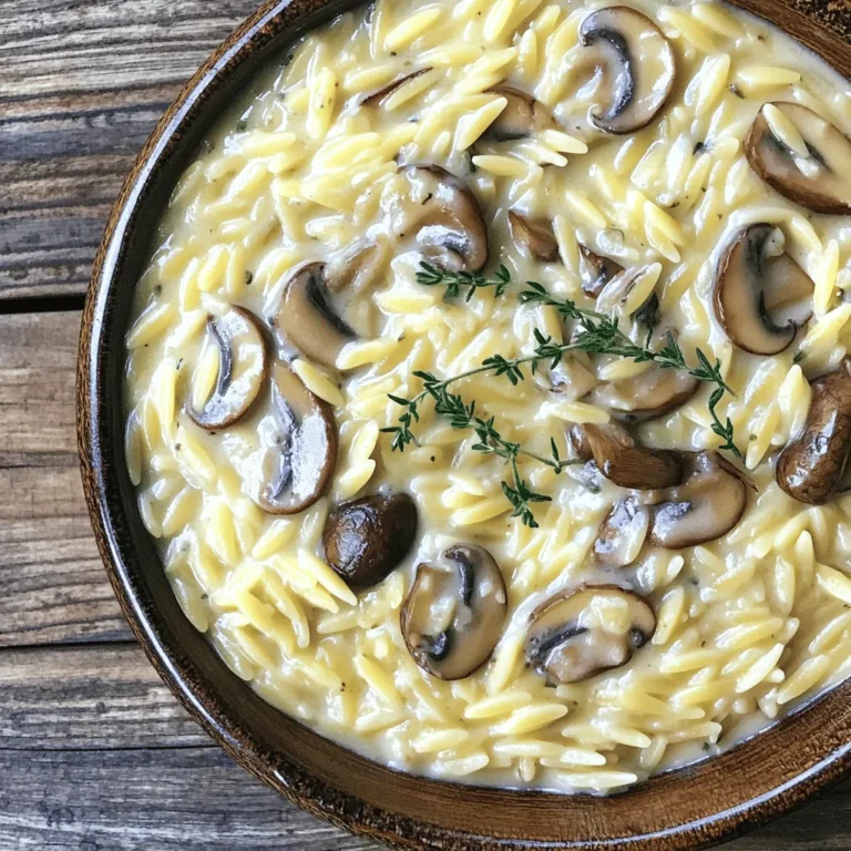 To make Creamy Mushroom Orzo, you need the following items: - 1 cup orzo pasta - 2 cups vegetable broth - 1 cup sliced mushrooms (button and cremini work well) - 1 small onion, finely diced - 2 cloves garlic, minced - 1 tablespoon extra virgin olive oil - 1 cup heavy cream (coconut cream is a good vegan choice) - 1/2 cup freshly grated Parmesan cheese (nutritional yeast for vegan) - 2 tablespoons fresh thyme leaves (or 1 tablespoon dried thyme) - Salt and freshly ground black pepper, to taste - Fresh parsley, chopped (for garnish) When picking mushrooms, choose a mix for more flavor. If you want a vegan dish, swap heavy cream for coconut cream and use nutritional yeast instead of Parmesan. This keeps the dish rich and creamy while meeting dietary needs. To cook this dish, you'll need a few kitchen tools: - A large skillet for sautéing - A medium saucepan for warming broth - A ladle for adding broth - Measuring cups and spoons for accuracy - A sharp knife for chopping - A cutting board for prep Using the right tools helps make the cooking process smooth and fun. Having a warm broth ready is key. It helps the orzo cook evenly and absorb all those rich flavors. 1. Start by warming the vegetable broth in a medium saucepan over medium heat. Keep it gently simmering. This helps the orzo cook evenly later on. 2. Gather your ingredients. Make sure your mushrooms are sliced, onion is diced, and garlic is minced before you start cooking. This makes the process smooth and quick. 1. In a large skillet, pour in the olive oil and heat over medium. Once hot, add the diced onion. Sauté for about 3-4 minutes until soft and clear. 2. Stir in the minced garlic and sliced mushrooms. Cook for another 5-7 minutes. You want the mushrooms to turn tender and golden brown. 3. Add the orzo pasta to the skillet. Stir it in for 1-2 minutes so it can soak up the flavors. 4. Gradually add the warm vegetable broth, one ladle at a time. Stir constantly. Wait until most of the liquid is absorbed before adding more. This should take around 10 minutes. You want the orzo to be creamy and al dente. 1. Once the orzo is cooked, lower the heat. Mix in the heavy cream and Parmesan cheese. Stir until the cheese melts and blends well. 2. Add fresh thyme, salt, and pepper to taste. Stir it all together and let it simmer for another 2-3 minutes. This allows the flavors to mesh. 3. Remove the skillet from heat and let the orzo sit for 1 minute. This helps thicken the dish a bit. 4. Taste and adjust seasoning if needed. To serve, ladle the creamy mushroom orzo into bowls. Garnish with freshly chopped parsley for a nice touch. For the full recipe, refer to the complete instructions above. To make your creamy mushroom orzo truly delightful, focus on the creaminess. Heavy cream gives a rich texture, but you can use coconut cream for a vegan option. This keeps the dish smooth and luxurious. When sautéing, start with a hot skillet. This helps your onions and mushrooms cook evenly. Stir them often to lock in their flavors, creating a savory base. One big mistake is adding too much or too little seasoning. Always taste as you go. Your orzo should have a nice balance of flavors. Also, pay attention to cooking times. If your stovetop runs hot, reduce the heat. Cook the orzo until it's just al dente, then mix in the cream and cheese. This timing makes all the difference! {{image_4}} You can make creamy mushroom orzo even better with simple changes. Adding different vegetables can change the taste and texture. Try adding spinach or asparagus for a fresh twist. Both vegetables blend well with the creamy sauce and add color. You can also mix in fresh peas or sun-dried tomatoes for extra flavor. Herbs can also change the dish. Instead of thyme, try rosemary or basil. Rosemary brings a woodsy taste, while basil adds a sweet note. Mixing different herbs can create a unique flavor profile. You can even use a blend of herbs to make it your own. If you want a vegan or vegetarian version, you have options. Substitute heavy cream with coconut cream for a rich, dairy-free alternative. For cheese, use nutritional yeast to get that cheesy flavor without dairy. You can also skip the cheese altogether if you prefer. If gluten is a concern, look for gluten-free orzo made from rice or corn. These options cook similarly and taste great. Simply swap regular orzo for gluten-free orzo in the full recipe. This way, you can enjoy creamy mushroom orzo without worry. To keep your creamy mushroom orzo fresh, store it in an airtight container. Place it in the fridge within two hours of cooking. This helps prevent bacteria growth. You can store it for up to 3 days. For longer storage, freeze it. Use a freezer-safe container and label it with the date. It can last up to 2 months in the freezer. When reheating, do it gently. Add a splash of vegetable broth or water to keep it creamy. Heat in a skillet over low heat, stirring often. You can also microwave it. Use a microwave-safe dish and cover it to trap steam. This helps maintain moisture and flavor. You can safely keep creamy mushroom orzo in the fridge for about 3 days. After that, it may lose quality. If it smells sour or has changed color, it's time to throw it away. Look for signs like mold or a slimy texture. These indicate spoilage. Always trust your senses when deciding if food is still safe to eat. The best type of orzo for this recipe is traditional orzo. It has a great texture and cooks evenly. You may also find whole wheat orzo. Whole wheat adds more fiber but can be a bit denser. Both types work well, but I love the creamy feel of traditional orzo in this dish. You can use a gluten-free version if needed. Just check the package for cooking times, as gluten-free orzo may cook differently. Yes, you can make Creamy Mushroom Orzo ahead of time. To do this, cook as directed, but stop before adding the cream and cheese. Let it cool, then store it in the fridge. When you are ready to eat, heat it in a pan. Add the cream and cheese while stirring until everything is warm. This way, you keep the flavor and texture just right. To make this recipe lighter, consider these tips: - Use low-fat milk instead of heavy cream. - Replace half the cheese with a low-fat cheese option. - Add more vegetables, like spinach or peas, to bulk it up without many calories. - You can also cut back on the oil used for sautéing. These simple swaps let you enjoy a lighter version without losing taste. In this article, I covered everything you need for Creamy Mushroom Orzo. We explored essential ingredients and kitchen tools you will need. I shared step-by-step cooking instructions and tips to perfect your dish. We also looked at variations to keep things interesting and ways to store leftovers. This dish is simple to make and delicious. With practice, you will master it. Enjoy making your own creamy orzo dish that everyone will love!