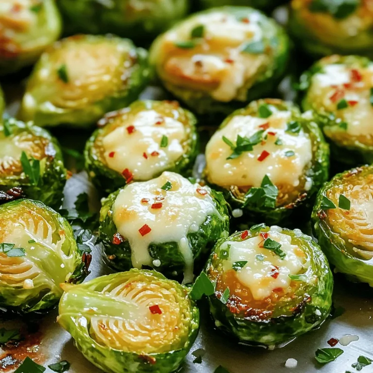 - 1 pound Brussels sprouts - 4 cloves garlic - 3 tablespoons olive oil - 1/2 cup Parmesan cheese - 1 teaspoon kosher salt - 1/2 teaspoon black pepper - 1/2 teaspoon crushed red pepper flakes - Fresh parsley Garlic Parmesan Roasted Brussels Sprouts bring together bold flavors. The Brussels sprouts form the base of the dish. I choose fresh, firm sprouts for the best taste. You want them trimmed and halved for even cooking. Garlic adds a strong punch. I use four cloves, finely minced, to release all its goodness. Olive oil is key too. It helps with roasting and adds richness. I opt for three tablespoons. Parmesan cheese ties everything together. A half-cup of freshly grated cheese melts beautifully. It creates a rich, cheesy crust that makes the dish feel fancy. Seasonings enhance the flavors. I add one teaspoon of kosher salt for balance. Black pepper brings warmth and a hint of spice with half a teaspoon. If you like heat, throw in half a teaspoon of crushed red pepper flakes. For a finishing touch, I sprinkle fresh parsley on top. It adds color and freshness. This dish is not just tasty; it looks great too. For the full recipe, check out Garlic Parmesan Roasted Brussels Sprouts. - Preheat oven to 400°F (200°C) - Trim and halve the Brussels sprouts First, I warm up my oven to 400°F. This heat helps the Brussels sprouts roast nicely. While it heats, I trim the ends of the sprouts and cut them in half. This way, they cook evenly and get crispy on the outside. - Combine Brussels sprouts with garlic, olive oil, and seasonings - Ensure even coating for optimal flavor In a big bowl, I toss the halved sprouts with minced garlic, olive oil, salt, and pepper. I make sure every sprout gets a nice coat. If you like some heat, add crushed red pepper flakes. Mixing well is key for great flavor. - Spread Brussels sprouts on a baking sheet - Roast for 20 minutes, stirring halfway Next, I spread the sprouts out on a baking sheet. I like to keep them in one layer. This helps them roast evenly. After 10 minutes, I stir them to help them brown nicely. I roast them for a total of 20 minutes. - Sprinkle Parmesan cheese evenly - Return to oven for additional 5-7 minutes After the first roast, I take out the baking sheet and sprinkle Parmesan cheese over the sprouts. I want to cover them well for that cheesy goodness. Then, I pop them back in the oven for another 5 to 7 minutes. I keep an eye on them. I look for the cheese to melt and get golden brown. This step adds a rich flavor that makes the dish shine! When picking Brussels sprouts, look for firm and bright green sprouts. They should feel heavy for their size. Avoid any that are yellow or soft. Fresh sprouts have a sweet, nutty flavor. To roast evenly, lay the Brussels sprouts in a single layer on your baking sheet. This helps them cook and brown nicely. During the last few minutes, keep an eye on them. You want them crispy, not burnt. Want to boost flavor? Add lemon zest or balsamic vinegar. Both add a bright twist. You can also try different cheeses. Go for sharp cheddar or creamy goat cheese. Each will change the taste in a fun way. If you're curious, check out the Full Recipe for more details! {{image_4}} You can boost the flavor of Garlic Parmesan Roasted Brussels Sprouts in many ways. Adding crispy bacon or pancetta gives a rich, savory twist. The saltiness from the meat pairs well with the sweet Brussels sprouts. For a nutty crunch, try topping with toasted almonds. Their texture adds depth and interest to the dish. A drizzle of balsamic glaze can elevate the dish further. The sweet acidity contrasts nicely with the savory sprouts. If you prefer a fresh zing, squeeze some lemon juice over the top. This brightens the flavors and adds a refreshing element. These roasted sprouts are great with grilled meats or hearty grains. They make a perfect side dish for a cozy dinner. You can also mix them into a salad for extra texture. The Brussels sprouts add flavor and nutrition to any meal. For the full recipe, check out Garlic Parmesan Roasted Brussels Sprouts. After enjoying your Garlic Parmesan Roasted Brussels Sprouts, store any leftovers. Place them in an airtight container. Seal it tightly to keep the flavors fresh. You can refrigerate them for up to 3 days. When you're ready to enjoy them again, reheating properly matters. The best way is in the oven. This method keeps them crispy. Preheat your oven to 350°F (175°C) and bake for about 10 minutes. If you're short on time, use the microwave. Just remember, the texture won't be as great. You can freeze these Brussels sprouts, but they may lose some texture. To freeze, place them in an airtight container. They can last up to 2 months in the freezer. When ready to eat, thaw them in the fridge overnight before reheating. For the best flavor, I suggest enjoying them fresh. Check out the Full Recipe for more details! Yes, but fresh gives better texture and flavor. Frozen sprouts often lack the crunch we love. Fresh Brussels sprouts are firm and have a deep green color. They roast up crispy and tender, making them the star of the dish. Look for a golden-brown exterior and fork-tender interior. You want them soft but not mushy. A fork should easily pierce through, and the outer leaves should be crispy. This caramelization adds amazing flavor. Yes, it can be prepared in advance and reheated. Cooked Brussels sprouts store well in the fridge. Just place them in an airtight container. When ready to eat, you can reheat them in the oven for best results. This keeps them crispy. Substitute Parmesan with nutritional yeast or vegan cheese. Nutritional yeast gives a cheesy flavor without dairy. Vegan cheese melts well and still adds creaminess. Both options keep this dish delicious and suitable for everyone. For the full recipe, check the main article above. This blog post covered how to make delicious roasted Brussels sprouts. We started with fresh sprouts, garlic, and olive oil, adding tasty seasonings for flavor. Roasting brings out natural sweetness and includes options for cheese and garnishes. Remember to choose the right sprouts and monitor cooking closely for the best results. Whether you enjoy them as a side or in a salad, these sprouts are a great fit for any meal. Now, go ahead and try this simple recipe! You’ll love how tasty and easy it is.