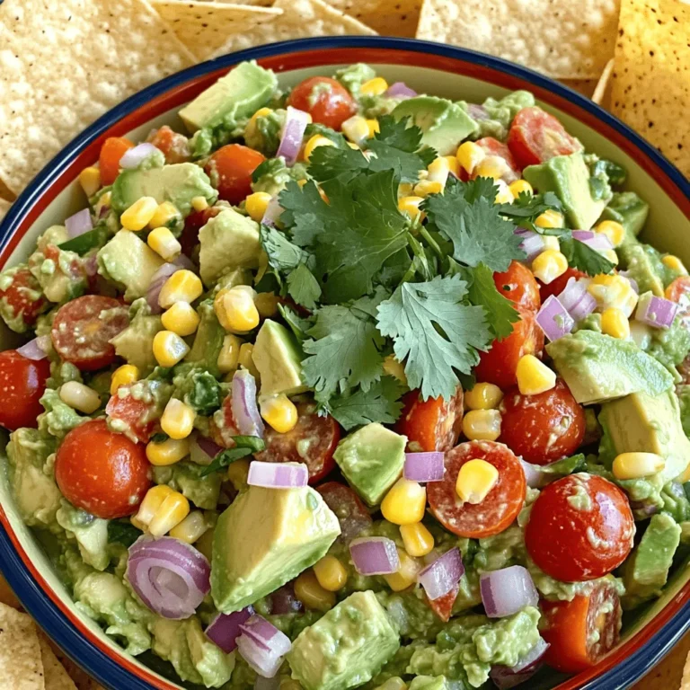 - Ripe avocados: 3 diced into bite-sized pieces - Cherry tomatoes: 1 cup halved - Red onion: 1 small finely chopped - Jalapeño: 1 minced (optional) - Bell pepper: 1 diced (your choice of color) - Fresh corn: 1/2 cup boiled or grilled - Fresh lime juice: from 2 limes - Fresh cilantro: 1/4 cup roughly chopped - Salt and freshly cracked pepper to taste - Tortilla chips for serving You need fresh produce to make this salad pop. Start with ripe avocados. Look for ones that feel slightly soft when you press them. They should yield to gentle pressure. Next, cherry tomatoes add sweetness and color. Halve them for the best bite. A small red onion brings a crisp taste that balances the creaminess. If you like spice, add a minced jalapeño. If not, skip it! Choose a bell pepper in your favorite color for extra crunch. Green, yellow, or red all work well. Fresh corn adds a sweet touch. You can use corn that you boiled or grilled. This step adds a smoky flavor that is hard to beat. For flavor, fresh lime juice brightens the salad. It also helps keep the avocado green. Chopped cilantro makes the dish fresh and fragrant. Finally, season with salt and freshly cracked pepper. This simple step makes all the flavors shine. Now, for serving, grab some tortilla chips. They add a nice crunch and make it fun to eat. You can serve the salad in a big bowl. Let everyone scoop their own. This way, everyone can enjoy the fresh and flavorful delight of this chunky guacamole salad. Check out the Full Recipe for detailed steps! - Combine diced avocados and lime juice. - Gently toss to coat and prevent browning. Start by taking your ripe avocados. Cut them into bite-sized pieces. Add the juice of two fresh limes. The lime juice gives a bright flavor and helps keep the avocados green. Toss them gently so they don’t get mushy. This step is key to your salad. - Add cherry tomatoes, red onion, jalapeño, bell pepper, and corn. - Use a folding motion to maintain chunkiness. Next, grab your cherry tomatoes and cut them in half. Chop your red onion finely to add a nice crunch. If you want some heat, add minced jalapeño. Dice your bell pepper in any color you like. Throw in the corn for a sweet touch. Mix these in with the avocado. Use a folding motion. This keeps the pieces chunky and fresh. - Mix in chopped cilantro. - Season with salt and pepper. Now it’s time to add some flavor. Chop your fresh cilantro and mix it in. Then, grab your salt and freshly cracked pepper. Sprinkle them in and stir gently. Taste your salad. Adjust the seasoning if needed. - Allow the salad to rest for 10 minutes. Let the salad sit for about 10 minutes. This resting time helps the flavors come together. It also gives the ingredients a chance to mingle. This way, every bite will burst with flavor. For the full recipe, be sure to check the complete guide! Enjoy your chunky guacamole salad! To pick the perfect ripe avocados, look for a dark green skin. Gently squeeze the avocado; it should feel slightly soft but not mushy. Overripe avocados feel very soft and may have dark spots. Underripe avocados are firm and hard. If you find a hard avocado, you can ripen it at room temperature. If you have allergies to avocados, try using mashed peas or silken tofu. They can provide a similar creamy texture. You can also add other vegetables like cucumbers or radishes. Fresh herbs like basil or parsley can replace cilantro for a different flavor. For a creative presentation, serve the salad in a hollowed-out avocado shell or a colorful bowl. Pair it with grilled chicken or fish for a complete meal. You can also use it as a topping for tacos or burritos. Serve with tortilla chips for a fun crunch. {{image_4}} You can enhance your guacamole salad in fun ways. Adding black beans gives you protein. They also add a nice texture and flavor. Mango is another great addition. Its sweetness balances the creaminess of the avocados. You can dice ripe mango and mix it in. This will make your salad pop with color and taste. Think about using seasonal fruits and veggies. In summer, add fresh peaches or tomatoes. In fall, try diced apples or roasted squash. This keeps your salad fresh and exciting. You can also adapt the recipe for holidays. For example, add pomegranate seeds for a festive touch during winter. If you want it vegan, skip the cheese and enjoy the fresh veggies. You can also make it gluten-free by serving it with gluten-free chips. This way, everyone can enjoy your chunky guacamole salad. To keep your chunky guacamole salad fresh, store it in an airtight container. This helps to prevent air from getting in. Place a piece of plastic wrap directly on the surface of the salad before sealing. This method reduces oxidation, which makes avocados brown. Store the salad in the refrigerator for up to three days. The fresher, the better! You can freeze guacamole salad, but it may change in texture. To freeze, place the salad in a freezer-safe container. Leave some space at the top to allow for expansion. It’s best to freeze it without the tortilla chips. When ready to eat, thaw it in the fridge overnight. This keeps the salad tasty and safe. Once thawed, enjoy the salad within a day or two for the best flavor. Chunky guacamole salad stays fresh in the fridge for about two days. After that, the avocados may brown and lose their great taste. It's best to eat it fresh. Yes, you can make chunky guacamole salad ahead of time. It tastes great when made a few hours in advance. Just remember to cover it well to keep it fresh. Chunky guacamole salad pairs well with tortilla chips, tacos, or grilled chicken. You can also add it to your favorite sandwich or wrap for a tasty twist. Absolutely! You can add black beans, grilled chicken, or shrimp for more protein. This makes the salad more filling and nutritious. To keep avocados fresh, mix them with lime juice right away. The acid slows down browning. Cover the salad tightly with plastic wrap, pressing it against the surface to limit air exposure. This will help keep it vibrant and green! You’ve learned how to make a fresh, chunky guacamole salad. We covered ingredients, from ripe avocados to bright veggies. I shared tips for selecting avocados and ideas for variations and serving. This salad is not only tasty but also healthy. Customize it to fit your taste or needs. Enjoy it as a snack or side dish. With these simple steps, you can impress your friends and family!