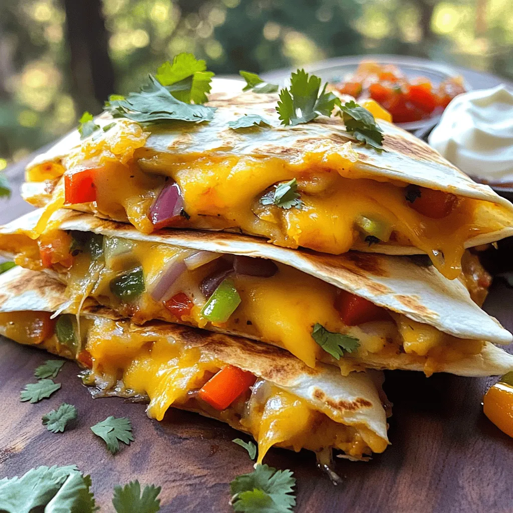 To make a great loaded sheet pan quesadilla, gather these key ingredients: - 8 large flour tortillas - 2 cups shredded cheddar cheese - 2 cups shredded Monterey Jack cheese - 1 cup cooked and seasoned chicken (or black beans for a vegetarian option) - 1 bell pepper, thinly sliced - 1 red onion, thinly sliced - 1 cup corn kernels (fresh, frozen, or canned) - 1 teaspoon ground cumin - 1 teaspoon chili powder - 1 tablespoon olive oil - Salt and black pepper to taste These ingredients come together to create a flavorful and satisfying meal. Feel free to adjust the recipe to fit your taste. Here are some optional ingredients you can add: - 1 jalapeño, deseeded and finely minced (for heat) - Black olives, sliced - Spinach or kale, chopped - Avocado, diced - Different types of peppers for extra flavor Mix and match to create your perfect quesadilla! Cheese is the star of this dish. Here are some great cheese combinations: - Cheddar and Monterey Jack, as mentioned, give a classic taste. - Pepper Jack adds a spicy kick. - Mozzarella offers a gooey texture. - A blend of cheeses like Gouda and Havarti can create a rich flavor profile. Choose the cheese that excites your taste buds! For the full recipe, check out the complete guide. First, preheat your oven to 400°F (200°C). This step is key for getting a crispy quesadilla. While the oven heats, take a large baking sheet. Line it with parchment paper or spray it lightly with cooking spray. This will stop the quesadilla from sticking and make cleanup easy. In a big mixing bowl, combine your filling ingredients. You’ll need cooked chicken or black beans for a vegetarian twist. Add the sliced bell pepper, red onion, corn, and minced jalapeño for some heat. Sprinkle in ground cumin, chili powder, and a pinch of salt and black pepper. Mix everything well, so the flavors blend nicely. This filling gives your quesadilla a tasty punch. Now, it’s time to put it all together! Lay out four flour tortillas on the baking sheet. Spread half of the cheese mix over these tortillas. Next, spoon the filling mixture on top, spreading it out evenly. Don’t forget to add the rest of the cheese on top of the filling. Place the last four tortillas over everything, pressing down gently. Brush some olive oil on top for a golden finish. Bake for 15-18 minutes until golden brown. Once out of the oven, let them cool a bit. Cut into wedges and enjoy with sour cream and salsa. This Loaded Sheet Pan Quesadilla recipe is sure to be a hit! To keep your quesadilla from sticking, use parchment paper on the baking sheet. You can also spray the sheet lightly with cooking spray. This method ensures easy lifting when it’s time to serve. I always recommend checking the bottom of the quesadilla before you take it out. If it looks golden brown, you’re good to go! For crispy quesadillas, brush the tops with olive oil before baking. This helps them brown evenly. Set your oven to 400°F (200°C) for the best results. Bake until the tops are golden and the cheese is bubbly. If you want extra crispiness, you can flip the quesadilla halfway through baking. Just be careful and use a large spatula. I love serving my quesadilla with fresh toppings. Sour cream and salsa are a must! They add a cool contrast to the warm, cheesy quesadilla. You can also add fresh cilantro for a burst of flavor. If you like a kick, serve with sliced jalapeños or hot sauce on the side. For a fun twist, try adding guacamole or fresh avocado slices! {{image_4}} You can easily make this quesadilla vegetarian. Use black beans instead of chicken. Add more veggies like zucchini or mushrooms. You can mix in some spinach or kale for extra nutrients. This version is not just tasty but also colorful. Fresh herbs like cilantro will add a nice touch. Serve it with your favorite salsa for a fresh kick. For a spicy twist, add crispy bacon to your quesadilla. Cook the bacon until it’s crunchy, then crumble it into the filling. You might also want to include some jalapeños for extra heat. This version is rich and savory, perfect for bacon lovers. Serve it with a side of sour cream to balance the spice. If you can't get enough cheese, this version is for you. Use a mix of your favorite cheeses. Try gouda, pepper jack, or even feta for a unique taste. Layer on extra cheese between the tortillas for extra gooeyness. A cheese lover’s dream, this quesadilla will satisfy your cravings. Don't forget to serve with a drizzle of hot sauce for added flavor. For the complete recipe, check out the Full Recipe section. To store your leftover Loaded Sheet Pan Quesadilla, first let it cool. Then, cut it into wedges. Place the wedges in an airtight container. This keeps them fresh for up to three days. If you want to keep them longer, consider freezing. To reheat, I recommend using an oven. Preheat your oven to 350°F (175°C). Place the quesadilla wedges on a baking sheet. Cover them with foil to keep moisture in. Bake for about 10-15 minutes. This way, the cheese melts nicely and the tortillas stay crisp. You can freeze your quesadilla for up to three months. Wrap each wedge tightly in plastic wrap. Then, place them in a freezer-safe bag or container. When you’re ready to eat, thaw them in the fridge overnight. Reheat them in the oven for the best taste. For the full recipe, you can refer back to the instructions above. You can tell your quesadilla is done when the tops are golden brown. Check if the cheese is fully melted and bubbly. This usually takes about 15 to 18 minutes at 400°F. If you want extra crispiness, let it bake a minute or two longer. Remember to let it cool slightly before slicing to keep the filling in. Yes, you can use corn tortillas instead of flour. Corn tortillas are gluten-free and add a nice flavor. Just keep in mind that they might break easier when you cut them. You can overlap them to create a solid base. This will still give you that delicious quesadilla experience. There are many tasty toppings to add! Fresh cilantro is a must for a burst of flavor. You can also add diced avocado or fresh tomatoes. Sliced jalapeños give some heat. Don’t forget sour cream and salsa for dipping! You can even add guacamole for extra creaminess. For more ideas, check the Full Recipe. Loaded sheet pan quesadillas bring fun and flavor to your table. We explored essential ingredients, like cheese and the best fillings, to create your dish. I shared step-by-step instructions for easy assembly and tips for perfect crispiness. Don't forget the variations, such as spicy bacon or vegetarian options. Lastly, we covered storage tips so you can enjoy leftovers later. Now, you can impress everyone with this simple yet delicious meal. Enjoy every bite and get creative with your own twists!