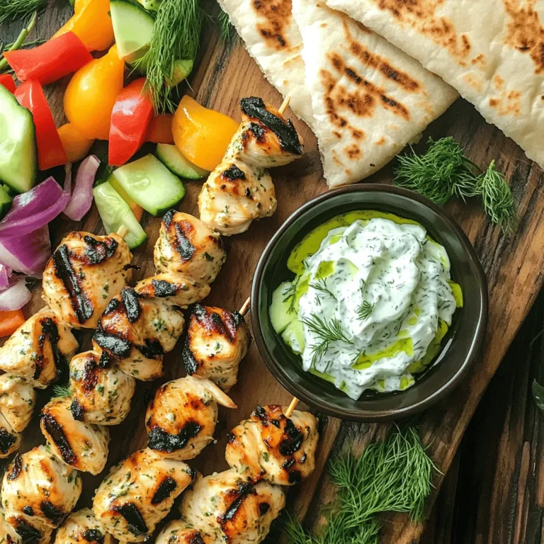 - 1 lb chicken breast, cut into 1-inch cubes - 2 tablespoons olive oil - 2 teaspoons dried oregano - 1 teaspoon garlic powder - Salt and freshly ground black pepper, to taste - 1 cucumber, shredded - 1 cup creamy Greek yogurt - 2 tablespoons freshly squeezed lemon juice - 1 tablespoon fresh dill, finely chopped - 1 clove garlic, minced - Pita bread - An assortment of fresh vegetables (e.g., bell peppers, cherry tomatoes, lettuce) To make the best Tzatziki Chicken Skewers, you need fresh ingredients. The chicken is the star of the dish. Use chicken breast for its mild flavor. Cut it into 1-inch cubes. This size helps the chicken cook evenly on the grill. The marinade adds a lot of flavor. Olive oil keeps the chicken juicy. The dried oregano gives it a nice herb taste. Garlic powder adds depth. Don’t forget salt and pepper. They enhance the chicken's natural taste. For the tzatziki sauce, cucumber is key. Shredding it makes it crisp and fresh. The creamy Greek yogurt adds richness. Squeezing lemon juice brightens the flavors. Fresh dill gives it a lovely herbal note. Minced garlic adds a nice kick. When serving, pair the skewers with warm pita bread. Add fresh vegetables like bell peppers and cherry tomatoes for color and crunch. This creates a fun and tasty meal that everyone will love. For the full recipe, check the [Full Recipe] link and enjoy making these flavorful skewers! - Combine 2 tablespoons of olive oil, 2 teaspoons of dried oregano, 1 teaspoon of garlic powder, salt, and pepper in a mixing bowl. - Add 1 pound of chicken breast, cut into 1-inch cubes, to the bowl. Toss the chicken well until it is fully coated with the marinade. - Cover the bowl with plastic wrap. - Refrigerate for at least 30 minutes. This helps the flavors soak into the chicken. - In a separate bowl, combine 1 shredded cucumber, 1 cup of creamy Greek yogurt, 2 tablespoons of freshly squeezed lemon juice, 1 tablespoon of fresh dill, and 1 clove of minced garlic. - Stir these ingredients together and add salt to taste. Let the mixture sit so the flavors mix well. - Preheat your grill or grill pan to medium-high heat. - Carefully thread the marinated chicken onto skewers, leaving space between each piece. - Cook the skewers on the grill for about 5-7 minutes on each side. Make sure the chicken is cooked through. Use an instant-read thermometer to check for 165°F (75°C) inside. You can find the full recipe in the article. Enjoy your delicious Tzatziki chicken skewers! - Use an instant-read thermometer for accurate cooking (165°F/75°C). - Allow chicken to rest before serving for juiciness. Grilling chicken skewers can be tricky. I always use an instant-read thermometer. This tool helps me know when the chicken is cooked just right. It should reach 165°F (75°C). This step ensures your chicken is safe to eat and still juicy. After grilling, let the chicken rest for a few minutes. This helps keep the juices inside. You’ll enjoy every bite more! - Let the tzatziki sit for a while to meld flavors. - Adjust salt and lemon juice to taste for balance. Tzatziki sauce is the star here. To make it tasty, I let it sit for a bit. This resting time helps the flavors mix well. Always taste it before serving. You might want to add a bit more salt or lemon juice. Finding that perfect balance makes a big difference. Trust me, your guests will notice! - Serve on a platter with tzatziki in the center. - Garnish with additional dill or lemon slices. Presentation matters! I love serving tzatziki chicken skewers on a large platter. I place the tzatziki right in the middle. It looks great and draws everyone in. A sprinkle of fresh dill or a few lemon slices adds a nice touch. This simple step makes the dish feel special. It’s all about the details when you want to impress! For the complete recipe, check out the [Full Recipe]. {{image_4}} You can switch up the main protein in your skewers. Shrimp or tofu works great. For shrimp, just marinate and grill them for a few minutes. Tofu adds a nice texture when grilled. You can also play with different marinade flavors. Lemon herb brings a fresh taste. Spicy chili adds heat and excitement. Mix it up to find your favorite! Tzatziki is tasty, but you can change it too. Add mint for a refreshing twist. If you want creaminess, swap Greek yogurt for sour cream. This change gives a different flavor. Another fun option is to add avocado or roasted red pepper. These ingredients make the sauce richer and more unique. Experiment to find the right mix for you! Tzatziki chicken skewers are versatile. Serve them in a salad for a low-carb meal. Greens and veggies make a fresh base for the skewers. You can also make wraps with the chicken and tzatziki in pita bread. This option is fun and easy to eat. Fill the pita with veggies for extra crunch. For the full recipe, check the main article. To keep your meal fresh, store leftover chicken and tzatziki in airtight containers. This helps prevent drying out and keeps flavors intact. Place the chicken in one container and the tzatziki in another. Refrigerate them right after your meal to ensure safety. When you want to enjoy leftover chicken, reheat it in a microwave or on a grill. The grill adds a nice char and keeps the chicken juicy. Remember, tzatziki is best served cold, so there’s no need to reheat that. Just take it out of the fridge when you’re ready to eat. If you want to save some skewers for later, freeze cooked chicken skewers for up to 3 months. Wrap them well in plastic wrap or use a freezer bag. However, I do not recommend freezing tzatziki sauce. The texture will change when thawed, making it less enjoyable. Stick with fresh tzatziki for the best taste! At least 30 minutes is recommended, but marinating overnight will enhance flavor even more. This extra time allows the chicken to absorb all the tasty herbs and spices. I find that the longer it sits, the better the skewers turn out. If you have time, let the chicken soak up those flavors overnight for a truly delicious bite. Yes, tzatziki can be prepared a day ahead and stored in the fridge to allow flavors to develop. Making it early helps the garlic and dill blend into the yogurt. This way, you’ll save time on cooking day, and the tzatziki will taste even better! Just make sure to store it in an airtight container. Pita bread, fresh vegetables, or a side salad are great options to complement the meal. You can serve the skewers with soft pita for dipping. Crisp veggies like bell peppers or cucumbers also pair well. For a refreshing side, a simple salad with greens and lemon dressing works wonders. The internal temperature should reach 165°F (75°C) for safe consumption. Use a meat thermometer to check the chicken's doneness. Once it hits that magic number, your skewers are ready to shine on the plate! This ensures you serve perfectly cooked, juicy chicken every time. You learned how to make juicy chicken skewers and a fresh tzatziki sauce. Marinating the chicken enhances its flavor. Grilling offers a tasty, smoky finish. Pair your skewers with pita bread and veggies for a complete meal. Try different proteins or add herbs for a twist. Enjoy leftovers by refrigerating them, and remember to reheat as needed. This dish is easy and fun, making meals special. With these tips, you’re ready to impress at your next meal. Enjoy cooking!