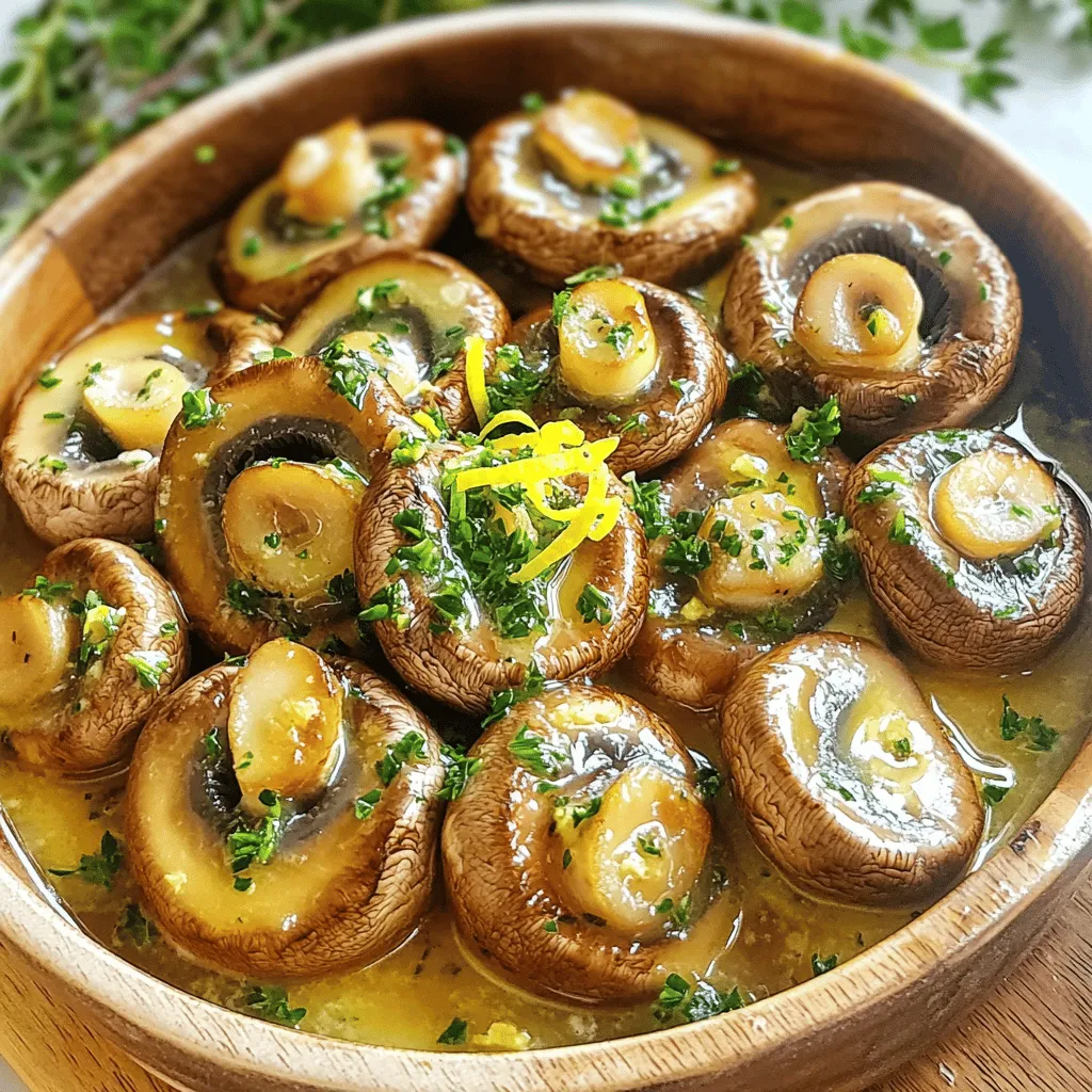 Here’s a detailed list of the ingredients you need for garlic butter mushrooms: - 500g fresh button mushrooms, cleaned and halved - 4 tablespoons unsalted butter - 6 cloves garlic, minced - 1 tablespoon fresh thyme leaves (or substitute with 1 teaspoon dried thyme) - 1 tablespoon soy sauce - Salt and pepper to taste - 2 tablespoons fresh parsley, finely chopped (for garnish) - Zest of 1 lemon These ingredients come together to create a rich and savory dish. Fresh button mushrooms provide a tender texture, while the unsalted butter adds a creamy base. Garlic offers a punch of flavor that enhances the mushrooms' earthiness. Thyme adds a fresh herbal note, and soy sauce gives depth and umami. The salt and pepper balance the flavors perfectly. Finally, fresh parsley and lemon zest brighten the dish, making it as beautiful as it is tasty. For the full recipe, you can refer to the instructions above. Start by cleaning the mushrooms. Rinse them gently under running water to remove dirt. Pat them dry with a paper towel. Once clean, cut each mushroom in half. This helps them cook evenly and soak up flavor. Next, mince the garlic finely. The smaller the pieces, the more flavor you release. This step is key for the rich taste of garlic butter mushrooms. Heat a large skillet over medium heat. Add the unsalted butter. Watch it closely as it melts. When it starts to foam, it's ready. Add the minced garlic to the skillet. Stir it for about one minute. You want it to be fragrant but not burnt. This is where the magic begins. Add the halved mushrooms to the skillet. Sprinkle in the fresh thyme, soy sauce, and a pinch of salt and pepper. Stir everything well. You want the mushrooms to get coated in that lovely garlic butter. Cook for about 8-10 minutes. Stir occasionally. Look for a golden-brown color and tender texture. This shows your mushrooms are perfectly cooked. Once done, remove the skillet from heat. Stir in the lemon zest for a fresh kick. This brightens the dish and adds a zesty flavor. Transfer the mushrooms to a serving dish. For a pretty touch, sprinkle with chopped parsley. It adds color and freshness to your garlic butter mushrooms. For the full recipe, check out the details above. To cook mushrooms just right, timing is key. Cook them for about 8 to 10 minutes. Look for a lovely golden-brown color. The mushrooms should feel tender when you poke them with a fork. This means they are done and ready to enjoy. For even coating with garlic butter, toss the mushrooms well in the skillet. Use a wooden spoon to mix them gently. This will help each piece soak up that amazing garlic butter flavor. Want to boost the taste? Try adding some red pepper flakes for heat. A pinch of paprika can also give a nice smoky flavor. Fresh herbs like basil or oregano are great options too. They add a new twist to the dish. When serving, think about presentation. Serve the mushrooms in a nice bowl or on a wooden board. Drizzle some leftover garlic butter from the skillet on top. This makes the dish look even more inviting and delicious. For a pop of color, sprinkle fresh parsley on top before serving. This little touch makes a big difference! If you want the full experience, check out the Full Recipe for detailed steps. {{image_4}} You can use many mushroom types for this recipe. Portobello mushrooms give a meaty texture. Shiitake mushrooms add a rich, earthy flavor. Oyster mushrooms are tender and light, making them a great choice. Each type brings its unique taste and texture, so feel free to experiment! If you need gluten-free options, look for gluten-free soy sauce. This will keep the dish safe for those with gluten issues. For a dairy-free version, use vegan butter. There are many good brands that taste great and work well in this recipe. Want to make your dish richer? Try adding cheese or cream. A sprinkle of parmesan or a dollop of cream can elevate the flavor. You can also add other vegetables like spinach or bell peppers. This makes the dish more colorful and adds nutrition. Check out the Full Recipe for more ideas! To keep your garlic butter mushrooms fresh, follow these tips: - Refrigeration tips: Place the mushrooms in an airtight container. They stay good for about 3-5 days in the fridge. - Freezing guidelines: If you want to freeze them, let them cool first. Then, place them in a freezer-safe bag. They can last up to 3 months in the freezer. To enjoy your garlic butter mushrooms again, you need to reheat them right. Here are the best methods: - Stovetop method: Heat a skillet over medium heat. Add a touch of butter or oil. Add the mushrooms and stir for about 3-5 minutes. - Microwave method: Place the mushrooms in a microwave-safe dish. Cover it loosely with a lid. Heat in short bursts of 30 seconds until warm. This keeps their texture nice. This way, you can enjoy the flavors of garlic butter mushrooms anytime! For the full recipe, check out the [Full Recipe]. Garlic butter mushrooms can last about 3 to 5 days in the fridge. Store them in an airtight container to keep them fresh. Make sure they cool before you seal them. This helps prevent moisture build-up, which can ruin the texture. Yes, you can make garlic butter mushrooms ahead of time! Cook them as usual and then let them cool. After that, store them in the fridge. Reheat them gently before serving. They taste great even after a day or two. Garlic butter mushrooms are versatile and can pair well with many dishes. Here are some tasty options: - Steak or Chicken: The rich flavor of mushrooms complements grilled meats well. - Pasta: Toss them with pasta for a quick, flavorful meal. - Rice or Quinoa: Serve them over rice or quinoa for a hearty side. - Salads: Add them to salads for extra flavor and texture. - Bread: Pair with crusty bread to soak up the garlic butter sauce. Feel free to mix and match your favorites for a delicious spread! For the full recipe, check out the previous sections. Garlic butter mushrooms are easy and delicious. We covered everything from fresh ingredients to cooking steps. You learned how to make them perfectly and store any leftovers. Think about trying different mushrooms or adding your favorite spices. These tips will help you enjoy this dish anytime. Simple methods and rich flavors make garlic butter mushrooms a win. Enjoy your cooking adventure!