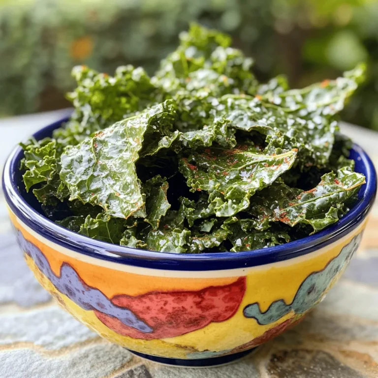 To make crispy kale chips, start with fresh kale. Look for kale that is bright green and free from brown spots. You will need one bunch of kale. Remove the tough stems and tear the leaves into bite-sized pieces. This helps them bake evenly and get nice and crispy. Next, you will need some olive oil and seasonings. Use two tablespoons of high-quality olive oil. This adds flavor and helps the kale crisp up nicely. For seasoning, you will need: - 1 teaspoon of garlic powder - 1 teaspoon of smoked paprika - Sea salt, to taste - Freshly cracked pepper, to taste These spices give the kale chips a tasty kick. Feel free to add more or less based on your taste. If you want a cheesy flavor, consider adding nutritional yeast. Use one teaspoon as an optional ingredient. It adds a nice flavor boost and is great for those who want a plant-based option. You can also experiment with other spices or herbs to make the chips your own. Follow the [Full Recipe] for a step-by-step guide to making these tasty snacks. Start with a bunch of fresh kale. Remove the tough stems. Tear the leaves into bite-sized pieces. Rinse them well under cool water. This step removes dirt and any grit. Drain the kale thoroughly using a salad spinner or by patting it dry with a clean towel. Dry leaves help achieve crispiness. In a large mixing bowl, add the torn kale. Drizzle two tablespoons of olive oil over it. Next, sprinkle one teaspoon of garlic powder and smoked paprika. If you like a cheesy taste, add one teaspoon of nutritional yeast. Season with sea salt and freshly cracked pepper to your liking. Use clean hands to massage the kale gently for about two to three minutes. This helps the flavors blend well and softens the leaves. Preheat your oven to 350°F (175°C). Line a baking sheet with parchment paper. Spread the seasoned kale evenly on the sheet. Make sure the leaves are not overlapping. This ensures they bake evenly and become crisp. Bake for 10 to 15 minutes, checking often. The edges should turn crispy and slightly brown. Once they are done, let the chips cool on the baking sheet. They will become crunchier as they cool. Taste the chips and adjust seasoning if needed. Enjoy your crispy kale chips as a healthy snack or garnish! You can find the full recipe [here](#). To get the best crispiness from your kale chips, follow a few key steps. First, make sure your kale is very dry. Any water left on the leaves can lead to soggy chips. After washing, use a salad spinner or carefully pat the leaves dry with a towel. Next, don't overcrowd the baking sheet. Spread the kale pieces out in a single layer. This allows hot air to circulate around each leaf, creating that perfect crunch. If your batch is big, split it into two sheets. When it comes to seasoning, less is more. Start with a light drizzle of olive oil. Too much oil can make the chips greasy. I usually use about two tablespoons for one bunch of kale. Sprinkle your spices evenly. I like using garlic powder and smoked paprika. They add great flavor without being overpowering. You can mix the seasonings in a bowl before adding them to the kale for even coverage. One common mistake is baking at too high a temperature. Keep your oven at 350°F (175°C). Baking at a higher heat can brown the chips too quickly, leading to burnt edges. Another mistake is not keeping an eye on the kale as it bakes. Check them around the 10-minute mark. The chips can go from perfect to burnt in just a minute. Finally, avoid using kale that is wilted or brown. Fresh, vibrant leaves will give you the best results. For more details on making these tasty snacks, refer to the Full Recipe. {{image_4}} You can make your kale chips even more fun by trying different flavors. Here are a few ideas: - Spicy: Add cayenne pepper or chili powder for heat. Start with a small amount and taste it. - Cheesy: Use nutritional yeast for a cheesy taste. It adds great flavor without dairy. - Sweet: Try a sprinkle of cinnamon and a bit of maple syrup. This gives a nice twist. Mix and match these flavors to find your favorite! You can cook kale chips in different ways. Here are some options: - Air Fryer: Set your air fryer to 300°F (150°C) and cook for about 5-7 minutes. Check often to avoid burning. - Dehydrator: This method takes longer but keeps the nutrients. Set it to 125°F (52°C) for 1-2 hours. Each method gives a unique texture and flavor. You can experiment to see which you like best! Kale chips are great on their own, but you can add some flair: - Serve them in a bright bowl for a fun look. - Pair them with dips like hummus or guacamole for extra flavor. - Use them as a garnish on soups or salads. Feel free to get creative! You can use these ideas to make your kale chips stand out at your next snack time. For the full recipe, check out the Kale Crunchies section above. To keep your homemade kale chips fresh, let them cool completely. Once cool, place them in a container. You can use a jar, a zip-top bag, or a food storage container. Make sure to seal the container tightly to keep air out. Air can make your chips lose their crispness. Homemade kale chips can last about 5 to 7 days. After that, they may become stale. For the best taste, eat them within the first few days. If you store them well, you can enjoy their crunchy goodness for a week. Choose containers that are airtight. Glass jars work well and look nice on your shelf. Zip-top bags are also great, especially if you want to take them on the go. Just remember to squeeze out as much air as you can before sealing. This helps keep your kale chips crispy longer. For the full recipe of crispy kale chips, check out the detailed instructions above! To make crispy kale chips, follow these steps. First, preheat your oven to 350°F (175°C). Line a baking sheet with parchment paper. Next, tear the kale leaves into bite-sized pieces and place them in a bowl. Add 2 tablespoons of olive oil, 1 teaspoon of garlic powder, 1 teaspoon of smoked paprika, and optional nutritional yeast for a cheesy flavor. Season with sea salt and pepper. Now, massage the kale with your hands for 2-3 minutes. This helps the leaves absorb the oil and spices. Spread the kale on the baking sheet in a single layer. Bake for 10-15 minutes. Keep a close eye on them to avoid burning. The edges should turn crispy and slightly brown. Let them cool for a few minutes before enjoying. This method gives you a tasty and healthy snack. Yes, kale chips are healthy! They are low in calories and high in nutrients. Kale is packed with vitamins A, C, and K. It also has fiber and antioxidants. When you make them at home, you control the oil and salt. This allows you to make a healthier snack than most store-bought options. Kale chips are a great way to enjoy greens. They satisfy your crunch cravings without the guilt. Plus, they are a good source of plant-based nutrients. Eating kale chips can help you feel full and happy. Yes, you can buy ready-made kale chips. Many stores offer them in various flavors. However, check the ingredient list. Some brands add preservatives or extra salt. Homemade kale chips allow you to use fresh ingredients and control the flavor. If you're short on time, store-bought chips can be a quick option. But, for the best taste and health benefits, I recommend making your own. For the full recipe, refer back to the recipe section. This blog post covered how to make great kale chips. We looked at fresh kale, olive oil, and seasonings. I shared steps to prepare, season, and bake for crispness. You learned tips for maximum crunch and common mistakes. We explored tasty flavor variations and cooking methods. Lastly, I provided storage tips to keep your chips fresh. Kale chips are easy and fun to make. With these steps, you can enjoy them anytime. Enjoy your crispy, healthy snack!