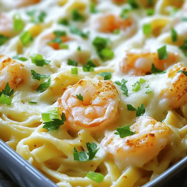 - 1 pound large shrimp, peeled and deveined - 12 ounces fettuccine pasta - 1 cup heavy cream - 1 cup grated Parmesan cheese - 2 tablespoons Cajun seasoning - 3 cloves garlic, minced - Salt and pepper to taste - 1 cup shredded mozzarella cheese - 1/2 cup chopped green onions - Optional: Fresh parsley for garnish To make Cajun Shrimp Alfredo Bake, start with these key ingredients. The shrimp bring a sweet, briny flavor that pairs well with the creamy sauce. Fettuccine pasta adds a nice texture, holding onto the sauce perfectly. Heavy cream and Parmesan cheese create a rich and smooth sauce that makes every bite feel indulgent. For seasoning, Cajun spice gives this dish its bold kick. It has a mix of spices that wake up your taste buds. Garlic adds depth and warmth. Adjust the salt and pepper to suit your taste. Toppings are just as important. Mozzarella cheese melts beautifully, creating a gooey layer on top. Green onions add a fresh crunch and a pop of color. If you want to brighten the dish, sprinkle on some fresh parsley. You can find the full recipe and details to prepare this dish easily. This dish is simple yet delicious, making it perfect for any meal. 1. First, preheat your oven to 375°F (190°C). This step is key for a nice bake. 2. Next, fill a large pot with water and add salt. Bring it to a boil. 3. Once boiling, add the fettuccine pasta. Cook it according to the package instructions until al dente. 4. After cooking, drain the pasta and set it aside. Keep some moisture in it for better flavor later. 1. In a large skillet, add two tablespoons of olive oil over medium heat. 2. Once hot, toss in the shrimp. Sprinkle Cajun seasoning, salt, and pepper on top. 3. Sauté the shrimp for about 3-4 minutes. They should turn pink and be fully cooked. 4. Remove the skillet from heat and set the shrimp aside. 1. In the same skillet, add three cloves of minced garlic. Sauté for about 30 seconds until fragrant. 2. Carefully pour in one cup of heavy cream. Bring it to a gentle simmer while stirring. 3. Gradually add one cup of grated Parmesan cheese. Mix it until the cheese melts and forms a smooth sauce. 4. If the sauce is too thick, add a splash of water or more cream to reach your desired consistency. 1. Return the cooked fettuccine and sautéed shrimp to the skillet. 2. Add half of the chopped green onions. Stir everything together until well mixed. 3. Ensure each piece of shrimp and pasta is coated in the creamy Alfredo sauce. 1. Grease a baking dish lightly with oil or cooking spray. This helps prevent sticking. 2. Transfer the fettuccine and shrimp mixture into the greased dish. Spread it evenly. 3. Top the dish with one cup of shredded mozzarella cheese. Sprinkle remaining green onions on top. 4. Place the baking dish in the preheated oven. Bake for 20-25 minutes until the cheese is bubbly and golden. 5. Once baked, let it cool for about five minutes before serving. For extra flavor, garnish with fresh parsley if you like. For the complete recipe, check out the Full Recipe section. To ensure your shrimp are perfectly cooked, watch them closely. Cook them for just 3-4 minutes. They should turn pink and curl slightly. Overcooked shrimp become tough, so remove them from heat promptly. For pasta, avoid overcooking your fettuccine. Follow the package instructions and cook until al dente. This means it should be firm to the bite. Drain the pasta but leave a bit of moisture. This keeps the dish creamy and helps the sauce cling. If your sauce is too thick, you can adjust it easily. Add a splash of cream or water. Stir it in slowly until you reach your desired thickness. A smooth, creamy sauce coats the pasta and shrimp well. If the sauce is too thin, allow it to simmer longer. This helps it thicken naturally. Keep stirring to prevent it from burning. A great sauce is key to a tasty dish! For visual appeal, serve your Cajun Shrimp Alfredo Bake straight from the baking dish. This looks inviting and warm. If you prefer individual plates, scoop out portions carefully. Garnish with fresh green onions and parsley. This adds a bright touch of color. You can also sprinkle extra cheese on top before serving. A gorgeous dish makes every meal feel special! For the full recipe, check out the complete instructions. {{image_4}} You can swap shrimp for other proteins. Chicken or scallops work great. If you want a plant-based dish, try using firm tofu. For pasta, you can use penne or gluten-free options. If you need a dairy-free sauce, replace heavy cream with coconut milk or cashew cream. Nutritional yeast can give a cheesy flavor without dairy. Want more kick? Add cayenne pepper or hot sauce to the dish. You can toss in sautéed bell peppers, spinach, or mushrooms for extra flavor and nutrition. These additions not only enhance taste but also brighten the overall look of the dish. You can cook this dish on the stovetop if you prefer. Just sauté the shrimp and mix everything in one pot. This saves time and makes cleanup easy. Another option is a one-pot recipe, where you cook pasta, shrimp, and sauce all together. This method keeps the flavors rich and delicious. For details, check the Full Recipe for more cooking tips. To keep your Cajun Shrimp Alfredo Bake fresh, store it in the fridge. Use an airtight container. This helps keep the flavors intact. Consume the leftovers within three days for the best taste. Before placing it in the fridge, let it cool down for about 30 minutes. This way, it won’t warm up the fridge. Reheat your dish carefully to maintain its creamy texture. The best method is using an oven. Preheat the oven to 350°F (175°C). Place the Alfredo bake in an oven-safe dish. Cover it with foil to keep it moist. Heat for about 15-20 minutes. Stir halfway through for even warmth. You can also use the microwave on low power, stirring every minute. Freezing this dish is possible, but it requires care. First, let it cool completely. Then, place portions in freezer-safe bags. Remove as much air as possible before sealing. You can freeze it for up to three months. When ready to eat, thaw it in the fridge overnight. Reheat it in the oven for the best results. Enjoy your tasty Cajun Shrimp Alfredo Bake! For the full recipe, refer to the earlier section. Yes, you can make Cajun Shrimp Alfredo Bake ahead of time. Prepare the dish up to the baking step. Then, cover it and keep it in the fridge. When you are ready to eat, bake it straight from the fridge. Just add a few extra minutes to the baking time. You can serve many sides with Cajun Shrimp Alfredo Bake. Here are some great ideas: - Garlic bread for a flavorful crunch - A simple green salad with vinaigrette - Steamed vegetables for a fresh touch - Roasted asparagus for a tasty side These options will add balance to the meal. Cajun seasoning can vary in spice. It usually has a nice kick but isn't too hot. If you want less heat, use less seasoning. You can also choose a milder blend. For more heat, add extra seasoning or some cayenne pepper. Yes, you can make this recipe without shrimp. Substitute shrimp with chicken or veggies. Chicken should be cooked first. For veggies, try bell peppers or zucchini. This will keep the dish tasty and satisfying. It takes about 15 minutes to prep Cajun Shrimp Alfredo Bake. Baking time adds another 20-25 minutes. So, the whole process takes around 40 minutes. This makes it a quick and easy meal. For the full recipe, check the instructions above. This blog post guided you through making Cajun Shrimp Alfredo Bake. We discussed ingredients like shrimp, fettuccine, cream, and Parmesan. I shared step-by-step instructions to cook and bake this dish perfectly. Lastly, I offered tips for storage, variations, and answers to common questions. Enjoy experimenting and making this dish your own. It’s a fun meal that’s sure to please everyone!