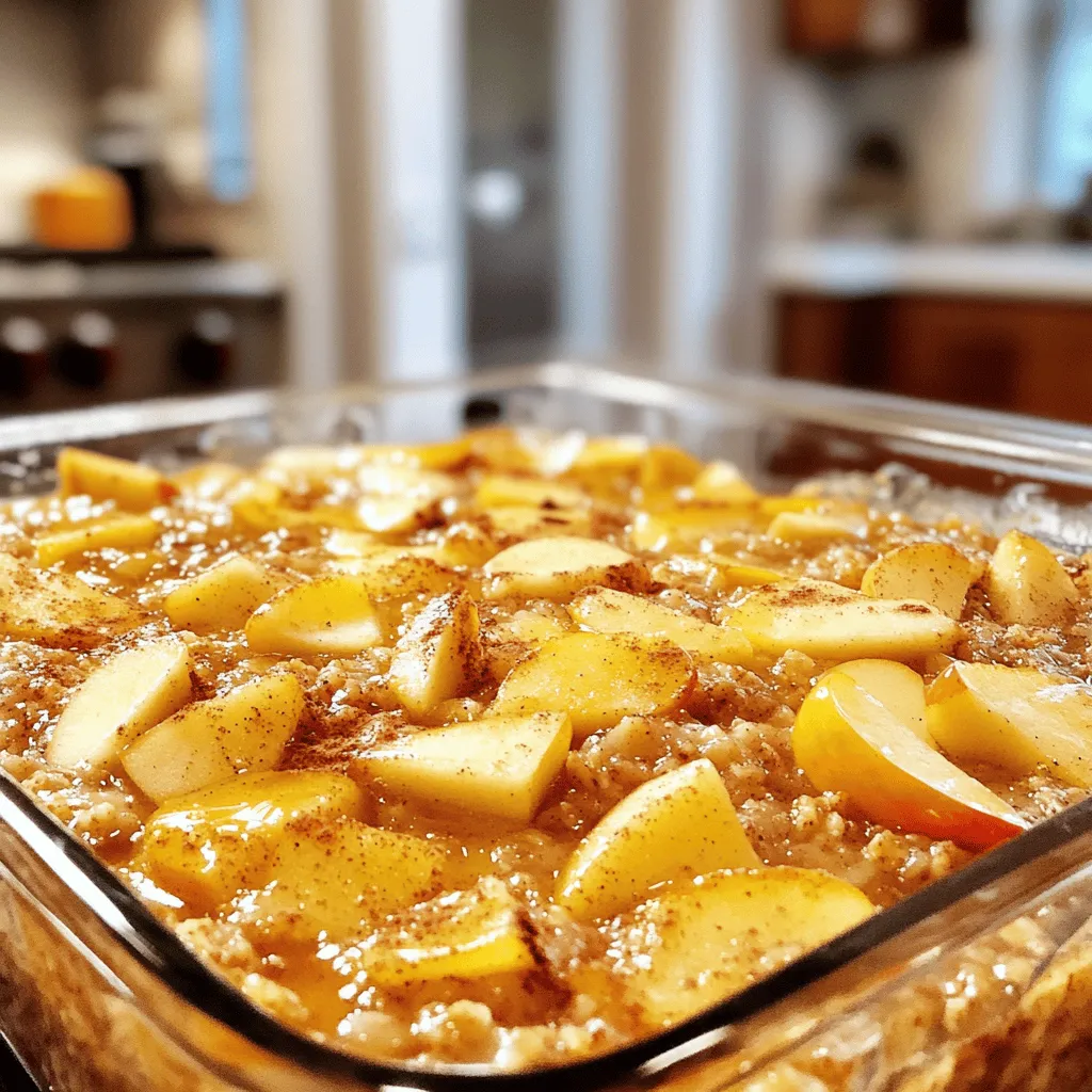 To make the Apple Cinnamon Oatmeal Bake, gather these simple ingredients. Each one adds to the warm flavors. - 2 cups rolled oats - 2 cups almond milk (or your preferred milk) - 2 medium apples, peeled, cored, and diced into small cubes - 1/2 cup brown sugar (or swap for maple syrup for a lighter option) - 1 teaspoon ground cinnamon - 1/2 teaspoon ground nutmeg - 2 tablespoons coconut oil, melted until liquid - 1 teaspoon pure vanilla extract - 1/2 cup chopped walnuts or pecans (optional for a delightful crunch) - 1/4 teaspoon salt - 1 large egg (or use a flax egg for a vegan alternative) These ingredients blend well to create a dish that is both filling and tasty. The rolled oats provide fiber, while the apples add natural sweetness. You can choose your milk type based on your diet. I love using almond milk, but any milk works well. The spices are key to enhancing the flavor. Ground cinnamon brings warmth, while nutmeg adds a nice touch. Coconut oil keeps everything moist and gives a hint of tropical flavor. If you like a crunchy texture, try adding chopped nuts. This recipe is flexible. You can swap brown sugar for maple syrup to cut back on refined sugar. You can also make it vegan by using a flax egg. Just mix ground flaxseed with water and let it sit until it thickens. Using these ingredients will ensure your Apple Cinnamon Oatmeal Bake is both healthy and delicious. For the full recipe, check out the instructions to see how to put it all together! - Preheat the Oven: Start by setting your oven to 375°F (190°C). This helps the dish cook evenly. Grease a 9x9-inch baking dish with melted coconut oil. This step prevents sticking. - Mix the Base Ingredients: In a large bowl, combine 2 cups of rolled oats and 2 cups of almond milk. Then, add 2 diced apples, 1/2 cup of brown sugar, 1 teaspoon of ground cinnamon, 1/2 teaspoon of ground nutmeg, 2 tablespoons of melted coconut oil, 1 teaspoon of vanilla extract, and 1/4 teaspoon of salt. Stir until all ingredients blend well. - Add Nuts for Texture: If you like nuts, fold in 1/2 cup of chopped walnuts or pecans. This adds a nice crunch to your bake. - Incorporate the Egg or Flax Egg: In a small bowl, whisk 1 large egg. If you prefer a vegan option, mix 1 tablespoon of ground flaxseed with 2.5 tablespoons of water. Let it sit until it thickens. Add this to your oat mixture and stir until mixed evenly. - Prepare for Baking: Pour the oat mixture into your greased baking dish. Use a spatula to spread it evenly. This helps the top bake nicely. - Bake to Perfection: Place the dish in your hot oven. Bake for 30-35 minutes. You want a golden top that feels firm when touched. - Cool and Slice for Serving: After baking, take the dish out and let it cool for about 10 minutes. This makes it easier to slice without crumbling. You can enjoy this Apple Cinnamon Oatmeal Bake warm, topped with maple syrup and extra cinnamon. For a special touch, add fresh apple slices or a dollop of yogurt. Try the Full Recipe for more details! How to Achieve the Perfect Texture For the best texture, use rolled oats. Instant oats can make it mushy. Bake until the top is golden. It should feel firm when you touch it. This means it is ready to cool and slice. Adjusting Sweetness Levels To adjust sweetness, you can use less brown sugar. Maple syrup is a great substitute. Remember, apples add natural sweetness too. Taste the mix before baking, and tweak as needed. Keeping the Dish Moist To keep the dish moist, use enough milk. The almond milk adds creaminess. Don’t forget the melted coconut oil. It helps give a rich texture and keeps it from drying out. Garnishing Ideas For a lovely finish, garnish with fresh apple slices. A sprinkle of cinnamon adds warmth. You can also add a dollop of yogurt. This adds creaminess and pairs well with the spices. Pairing Options with Beverages This dish pairs nicely with coffee or tea. A warm cup of chai complements the spices. You might also enjoy it with a glass of cold milk. Choose a drink that brings out the dish's cozy flavors. You can find the Full Recipe for more detailed steps and tips. {{image_4}} Dairy-Free Alternatives You can easily swap almond milk for any plant-based milk. Options like oat milk or soy milk work well too. They keep the dish creamy without dairy. Sweetener Options Instead of brown sugar, use maple syrup or honey. These options add natural sweetness. If you want it less sweet, cut back on the sugar or syrup. Nut-Free Version If you have nut allergies, leave out the walnuts or pecans. You can also add seeds like sunflower or pumpkin seeds for a nice crunch. They will keep the dish tasty and safe. Adding Dried Fruits Dried fruits can make this bake even better. Consider adding raisins, cranberries, or apricots. Just remember to chop them small. This will help them mix well with the oats. Incorporating Seeds Seeds like chia, flax, or hemp can boost nutrition. Add about ¼ cup to the mix. They add fiber and healthy fats without changing the flavor much. These simple changes can make your Apple Cinnamon Oatmeal Bake unique. You can check the Full Recipe for the base ingredients and method. Refrigeration Guidelines After baking, let the Apple Cinnamon Oatmeal Bake cool completely. Cut it into squares. Place the squares in an airtight container. Store them in the fridge. This dish stays fresh for about 5 days. If you want to keep it longer, consider freezing some. Freezing for Future Use To freeze, wrap individual pieces tightly in plastic wrap. Then, place them in a freezer-safe bag. You can freeze them for up to 3 months. Thaw overnight in the fridge when you're ready to eat. This way, you have a healthy breakfast ready to go! Best Methods for Reheating To reheat, you have a few good options. The microwave works well for quick heating. Place a square on a plate and heat it for 30-45 seconds. Check if it's warm enough. If you like it a bit crispy, use the oven. Preheat it to 350°F (175°C), place the oatmeal bake in, and heat for about 10 minutes. Enjoy it warm for the best flavor! The Apple Cinnamon Oatmeal Bake lasts about 5 days in the fridge. Store it in an airtight container to keep it fresh. Each morning, you can heat a slice for a quick breakfast. Yes, you can make this recipe vegan! Simply replace the egg with a flax egg. Mix 1 tablespoon of ground flaxseed with 2.5 tablespoons of water. Let it sit for 5 minutes until it thickens. This works perfectly in the recipe. If you don't have almond milk, you can use any milk you prefer. Options include soy milk, oat milk, or even coconut milk. Each will add its own unique flavor to the dish. To make this a meal prep option, bake it on the weekend. Slice it into portions and store each piece in a container. You can grab a slice each morning. This makes breakfast easy and healthy! Yes, you can use frozen apples! Just make sure to thaw them first. Drain any excess moisture before adding them to the mix. This helps keep the oatmeal bake from getting soggy. Enjoy this delicious recipe anytime! For the full recipe, check out the details above. This recipe uses simple ingredients to create a delicious apple cinnamon oatmeal bake. I shared the steps to prepare, bake, and enjoy this dish. I also included tips for storing and reheating leftovers. Don’t forget you can tweak ingredients and flavors to make it your own. Try this oatmeal bake for breakfast or a tasty snack. With its warm spices and crunchy nuts, it’s sure to please everyone! Enjoy your baking and feel proud of what you create!