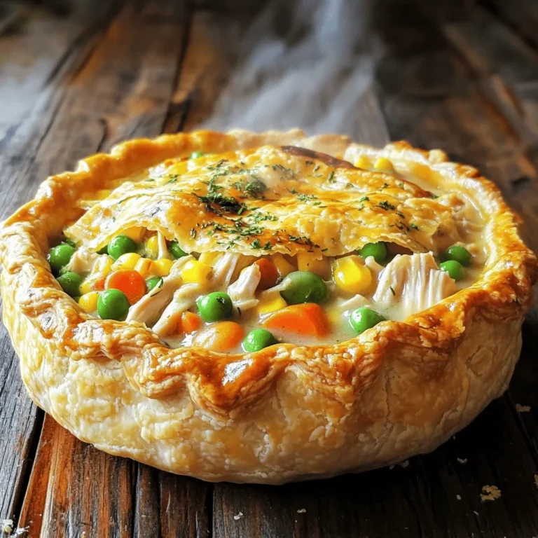 - 1 lb (450g) cooked chicken, shredded - 1 cup frozen mixed vegetables - 1 pre-made pie crust (or 2 if desired) - 1 egg, beaten - 1 cup chicken broth - 1/2 cup heavy cream - 1/2 cup onion, finely chopped - 1 clove garlic, minced - 1 teaspoon dried thyme - 1 teaspoon salt - 1/2 teaspoon black pepper - 1 tablespoon olive oil For this chicken pot pie, I use simple and fresh ingredients. The cooked chicken is the star. You can shred it from a rotisserie chicken or cook it yourself. The frozen mixed vegetables add color and taste. You'll find peas, carrots, and corn in this mix. A pie crust holds everything together. The liquids come from chicken broth and heavy cream. They create a rich filling. The onion and garlic add depth. Thyme gives an earthy flavor. Don't forget the salt and pepper. They help balance the dish. I also use olive oil to sauté the onion and garlic. This simple list of ingredients helps you make a tasty pot pie. For the full recipe, check out the Cozy Comfort Chicken Pot Pie. 1. Preheat your oven to 425°F (220°C). This step is key to a great crust. 2. In a large skillet, pour in 1 tablespoon of olive oil. Heat it over medium heat. 3. Add 1/2 cup of finely chopped onion and 1 clove of minced garlic. Sauté for 3-4 minutes. You want the onion to turn clear. 4. Now, stir in 1 lb of shredded cooked chicken and 1 cup of frozen mixed vegetables. This mix gives great flavor and color. 5. Pour in 1 cup of chicken broth and 1/2 cup of heavy cream. Next, add 1 teaspoon of dried thyme, 1 teaspoon of salt, and 1/2 teaspoon of black pepper. 6. Let this mixture simmer gently for 5-7 minutes. It should thicken a bit. Remove it from heat and let it cool for a few minutes. 1. Transfer your savory filling into a pie dish. Spread it evenly. 2. If you want a top crust, lay the second pie crust over the filling. Seal the edges by crimping them with your fingers or a fork. 3. Cut a few slits in the top crust. This lets steam escape while baking. 4. If you're using a single crust, just cover the filling with the crust and seal the edges. 5. Brush the top crust with 1 beaten egg. This gives a beautiful golden finish. 1. Place the pie in your preheated oven and bake for 25-30 minutes. Look for a golden brown crust and bubbling filling. 2. Once it's done, remove the pie from the oven. Let it cool for 10 minutes before serving. This helps the filling set and makes slicing easier. Enjoy making your easy chicken pot pie! For complete details on ingredients and preparation, check the Full Recipe. To create a flaky crust, keep your ingredients cold. Use chilled butter or shortening. Cut it into the flour until it resembles small pebbles. Then, add ice water slowly until the dough holds together. Don’t overmix! If you want to skip making a crust, use a pre-made pie crust. You can find these in the freezer section of most grocery stores. They save time and can taste great. To make the filling better, taste and adjust your seasonings. Add more salt or pepper if needed. You can also try adding herbs like rosemary or sage for extra flavor. Want more veggies? Great idea! Toss in chopped carrots, celery, or bell peppers. These add color and crunch. Frozen mixed vegetables work too, as they are easy and quick. Different ovens can cook differently. If your oven runs hot, check the pie early. Start at 20 minutes and see if it is golden. If using a convection oven, reduce the temperature by 25°F (about 15°C). If you live at a high altitude, increase your baking time. This helps the crust cook through. Start checking for doneness 5 minutes earlier. Adjust as needed to get that perfect golden crust! {{image_4}} You can easily switch out some ingredients in your chicken pot pie. If you want to save time, use rotisserie chicken. It is fully cooked and adds great flavor. Just shred it and mix it in. For those who need a dairy-free option, use coconut milk or almond milk instead of heavy cream. Both will keep your pot pie creamy without the dairy. To give your dish a fresh twist, add some herbs. Rosemary and sage work wonderfully. They bring a lovely aroma and taste to the filling. If you love cheese, try mixing in some shredded cheddar or mozzarella. It adds richness and makes the filling even creamier. If you follow a gluten-free diet, look for gluten-free pie crusts. Many brands offer tasty options that work well in this recipe. For vegetarians, you can create a meat-free version. Use plant-based chicken alternatives and add more veggies, like mushrooms or spinach. This way, you still enjoy a hearty pie without any meat. To keep chicken pot pie fresh, store it in the fridge. Place it in an airtight container. This keeps it safe from bacteria and helps maintain flavor. You can keep it in the fridge for 3-4 days. If you want to eat it later, freezing is a good option. If you want to freeze your pot pie, do this before baking. Assemble the pie as normal, but do not bake it. Wrap the pie tightly in plastic wrap and then foil. This helps prevent freezer burn. You can freeze it for up to 3 months. When you're ready to bake, thaw it in the fridge overnight. Bake it as usual from there. To reheat your leftovers, you can use the oven or microwave. For the oven, preheat it to 350°F (175°C). Cover the pie with foil to prevent burning. Heat it for about 20-25 minutes. Check that the filling is warm all the way through. If using a microwave, cut a slice and heat it for 2-3 minutes. Make sure the filling is hot throughout before serving. Enjoy your cozy meal again! You can easily make chicken pot pie ahead of time. Start by preparing the filling. Cook the onions and garlic, then add the chicken, vegetables, broth, and seasonings. Let it cool. Next, place the filling in a pie dish. Cover it with the pie crust and seal the edges. You can either refrigerate it for up to two days or freeze it for later. When you're ready to bake, just preheat your oven and bake straight from the fridge or freezer. If frozen, add extra time for cooking. Yes, you can use frozen chicken. Just make sure to cook it fully before adding it to the filling. You can boil it or cook it in a slow cooker. If using frozen chicken, you may want to chop it into smaller pieces. This helps it cook evenly. Make sure it reaches a safe temperature of 165°F (75°C) before mixing it with the other ingredients. Chicken pot pie pairs well with several side dishes. You might enjoy a fresh green salad for a light crunch. Roasted vegetables also make a great side, adding flavor and color. Mashed potatoes add comfort and creaminess. For a fun twist, try serving it with garlic bread or a warm biscuit. Each of these sides complements the savory filling of the pot pie perfectly. This blog post covers chicken pot pie, from ingredients to serving tips. You learned about the main components like chicken, veggies, and seasonings. I shared step-by-step instructions to make your pie and enhance its flavor. Plus, I provided tips for perfecting your crust and adjusting cooking times. Remember, you can customize it with various ingredients and dietary options. Store leftovers safely or freeze them for later. Enjoy making this comforting dish as a family favorite in your home. Happy cooking!