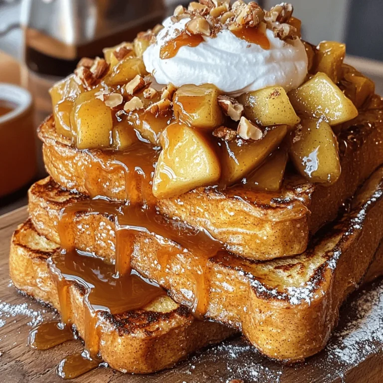 To make this tasty dish, gather these simple ingredients: - 4 thick slices of bread (preferably brioche or challah) - 2 large eggs - 1/2 cup milk - 1 teaspoon vanilla extract - 1 teaspoon ground cinnamon - 1/4 teaspoon salt - 2 tablespoons butter - 2 medium apples, peeled, cored, and sliced - 1/2 cup brown sugar - 1/4 cup heavy cream - Whipped cream (for serving, optional) - Chopped nuts (for garnish, optional) For the best Caramel Apple French Toast, I recommend using brioche or challah bread. These types of bread are soft and rich in flavor. They soak up the egg mixture well. This gives you a nice, creamy texture. You can also use sourdough or whole wheat bread if you prefer. Just make sure the slices are thick. This helps them hold up during cooking. If you want lighter options, you can replace heavy cream with milk or almond milk. This change will still give you a nice, creamy taste without being too rich. As for butter, you can use coconut oil or a plant-based spread. They both work well and add a different flavor. If you need dairy-free options, these swaps make a great choice. Start by melting 1 tablespoon of butter in a medium skillet over medium heat. Cut two medium apples into slices, peel them, and remove the cores. Add the sliced apples to the pan. Sprinkle in 1/2 cup of brown sugar and 1 teaspoon of ground cinnamon. Stir the mix and let it cook for about 5-7 minutes. You want the apples to become soft and caramelized. Once they are tender, take the pan off the heat. Stir in 1/4 cup of heavy cream until it all blends together. Set this delicious caramel apple filling aside. In a shallow bowl, crack 2 large eggs. Pour in 1/2 cup of milk and add 1 teaspoon of vanilla extract. Sprinkle in 1 teaspoon of ground cinnamon and 1/4 teaspoon of salt. Take a whisk and mix it all together until smooth. This egg mixture will coat your bread and give it a rich flavor. Preheat your non-stick griddle or skillet on medium heat. Add 1 tablespoon of butter to the hot pan. Take each thick slice of bread and dip it into the egg mixture. Make sure both sides are well-coated. Let any extra mix drip off before placing the slices in the skillet. Cook the bread for about 3-4 minutes on each side. You want them to turn golden brown and slightly crisp. If your skillet is small, cook in batches to ensure even cooking. Once your bread slices are ready, place 1-2 slices on a serving plate. Generously spoon the caramel apple filling over the top of the bread. Drizzle any leftover caramel sauce from the apples over the toast for extra sweetness. If you like, add whipped cream and chopped nuts for a special touch. Enjoy the beautiful layers of flavor! For the full recipe, check out the details above. To achieve the perfect caramelization, use medium heat. Start with butter in your pan. Add the apples and sugar. Stir them gently for about 5-7 minutes. You want them soft and golden. The sugar will melt and coat the apples. This creates a rich, sweet flavor. Remember to keep an eye on them. If they cook too long, they can burn. Cooking in batches helps you keep the texture just right. If you add too many slices at once, they may steam instead of fry. This can lead to soggy French toast. Cook two to three slices at a time. Make sure each side gets nice and golden. This way, you keep the crispness that everyone loves. When it comes to toppings, think beyond just apples. Whipped cream adds a nice, fluffy touch. Chopped nuts like walnuts or pecans give a crunchy contrast. A sprinkle of cinnamon or a drizzle of maple syrup can enhance the taste. If you're feeling adventurous, try a scoop of vanilla ice cream on top. It makes breakfast feel special and indulgent. {{image_4}} You can use any apple for this dish. Each type brings a unique taste. For a sweet touch, go with Fuji or Gala apples. They caramelize nicely and add great flavor. If you want a tart kick, try Granny Smith apples. They balance the sweetness of the caramel. Mixing different types can also add depth. Think about trying Honeycrisp apples for a juicy crunch. Spices can enhance the flavor of your French toast. Besides cinnamon, you can add nutmeg or allspice for warmth. A dash of ginger gives a nice zing. You might also try a splash of maple extract. It adds a sweet, rich note. If you love warmth, consider adding cloves. Just use a pinch, as cloves can be strong. For a savory twist, add cooked bacon or crumbled sausage. The salty meat pairs well with the sweet apples. You could also sprinkle cheese on top, like sharp cheddar or goat cheese. This adds a creamy texture that contrasts beautifully. Another idea is to mix in sautéed spinach or kale. This adds color and healthy greens to your breakfast. These ideas can make your French toast more exciting and unique. Enjoy experimenting! To keep your caramel apple French toast fresh, let it cool first. Place it in an airtight container. Store it in the fridge for up to three days. If you want to keep it longer, freeze it. Just remember to wrap it tightly in plastic wrap first. This helps avoid freezer burn. For the best taste, reheat your French toast in a skillet. Heat it on low, adding a touch of butter. This helps to bring back the crispiness. You can also use a toaster oven. Set it to medium heat for about 5-7 minutes. Avoid the microwave if you can. It can make the toast soggy. You can freeze the French toast for quick breakfasts later. Slice the bread before cooking. After cooking, let it cool and layer it between parchment paper in a freezer-safe bag. It can stay good for up to two months. When you're ready to eat, just reheat as mentioned above. This makes meal prep simple and tasty! For the best French toast, I recommend using brioche or challah. These types of bread are soft and fluffy. They soak up the egg mixture well, making each bite delicious. You can also use Texas toast or a good sourdough if you want something different. The key is to pick thick slices. This helps the bread hold its shape while cooking. Yes, you can prepare parts of this recipe ahead of time. You can make the apple filling and store it in the fridge for up to two days. Just reheat it before serving. You can also whisk the egg mixture in advance. However, I suggest cooking the French toast fresh. This way, it stays warm and crispy. To make this recipe gluten-free, simply use gluten-free bread. There are many tasty options available today. Make sure to check the labels for gluten-free assurance. You can use the same egg mixture and caramel apple topping. The flavors will still be amazing, and everyone can enjoy this treat. You can serve Caramel Apple French Toast in many fun ways. Here are some ideas: - Top with whipped cream for added sweetness. - Sprinkle chopped nuts on top for crunch. - Drizzle extra caramel sauce over the toast. - Serve with a side of crispy bacon for a savory note. Feel free to get creative and enjoy your meal! For the full recipe, check out the details above. We explored how to make Caramel Apple French Toast. You learned about the ingredients, such as the best breads and alternatives for cream. I also shared detailed steps from preparing apple filling to serving. Remember the tips for perfect caramelization and texture. Enjoy trying different apple types or adding spices. This dish is great for meals ahead or quick snacks. I hope you enjoy making this recipe and sharing it with others!