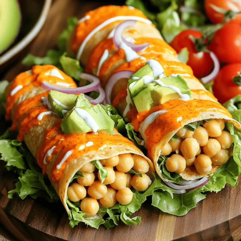 For these wraps, you need simple, tasty items. Here is the list: - 1 can (15 oz) chickpeas, drained and rinsed - 1/2 cup buffalo sauce (adjust based on your spice preference) - 1 tablespoon olive oil - 1 teaspoon garlic powder - 1 teaspoon onion powder - Salt and freshly ground black pepper to taste - 4 large whole grain wraps or tortillas - 1 cup fresh leafy lettuce, chopped - 1/2 cup cherry tomatoes, halved - 1/4 cup red onion, thinly sliced for a mild crunch - 1/2 avocado, sliced for creaminess - 1/4 cup vegan ranch dressing (optional for a creamy contrast) These ingredients blend well to create a wrap full of flavor and texture. Want to kick it up a notch? Try these extras: - Fresh cilantro or parsley for a bright finish - Jalapeños for a spicy kick - Pickles for tangy crunch - Bell peppers for added sweetness Using these optional ingredients can change your wrap experience. Feel free to mix and match! Need alternatives? Here are some ideas: - For gluten-free options, use corn tortillas instead of wraps. - If you can’t have chickpeas, try black beans or lentils. - Swap vegan ranch with tahini or hummus for a different taste. - Use sunflower oil instead of olive oil if you have allergies. These substitutions keep the wraps tasty and safe for everyone. Check out the Full Recipe for all the steps to make these wraps come alive. Start by draining and rinsing the chickpeas. This helps remove extra sodium. In a large bowl, use a fork or potato masher to mash the chickpeas. You want a chunky texture, not smooth. This gives the wraps a nice bite. Aim for about 10-12 mashes. The chickpeas should look a bit broken, but still have some whole pieces. Next, heat a skillet over medium heat. Add the olive oil and let it warm up. Once hot, add the mashed chickpeas to the skillet. Sprinkle in garlic powder, onion powder, salt, and pepper. Stir well to mix everything. Let it cook for about 5 minutes. This warms the chickpeas through. Then, pour in the buffalo sauce. Stir to coat the chickpeas evenly. Let it cook for another 2-3 minutes. The mixture should be hot and flavorful. Remove the skillet from heat. Now it’s time to build your wraps. Lay the wraps flat on a clean surface. Spoon a good amount of the buffalo chickpea mixture into the center. Be generous; you want each bite to be tasty. Next, layer on the chopped lettuce, halved cherry tomatoes, sliced red onion, and creamy avocado. If you like, drizzle some vegan ranch dressing on top for extra flavor. To roll the wraps, fold in the sides. Then, roll them tightly from the bottom up. Slice each wrap in half diagonally for a nice look. You can find the Full Recipe for these delicious wraps above. To mash chickpeas well, start with a can of drained and rinsed chickpeas. Use a fork or a potato masher. Aim for a chunky texture. This gives each bite a nice feel. Mashing too much makes it mushy. You want to keep some whole chickpeas for a good crunch. If you have a food processor, you can use it, but pulse carefully. When rolling your wrap, first lay it flat. Spoon the chickpea mix in the center. Add your veggies on top. Fold the sides in first, then roll from the bottom. Tuck the filling as you roll. This keeps everything inside. If it’s too full, it may burst. Practice makes perfect, so don’t worry if it’s not perfect the first time. Buffalo sauce can be spicy. If you want less heat, use less sauce. You can also mix it with vegan ranch dressing for a milder taste. For more spice, add hot sauce or pepper flakes. Try adding spices like smoked paprika for a unique touch. Remember to taste as you go. Adjusting spice is easy and makes the wraps your own. For the full recipe, refer to the complete guide on making these Vegan Buffalo Chickpea Wraps. {{image_4}} You can switch up the protein in these wraps. Instead of chickpeas, use black beans for a different taste. You might also try lentils, which add a hearty texture. If you're not strictly vegan, grilled chicken can be a great option too. Each protein brings a unique flavor and texture to your wrap. Buffalo sauce is a classic, but feel free to explore other sauces. A tangy BBQ sauce can give a smoky flavor. If you enjoy heat, try a spicy sriracha sauce. A creamy tahini dressing can add a nutty twist. Just remember, the sauce can change the whole wrap experience. Adding more veggies can boost the flavor and nutrition. Try adding cucumber for a refreshing crunch. Bell peppers can also provide sweetness and color. For extra creaminess, consider adding hummus or a dollop of guacamole. You can even toss in shredded carrots for a bit of sweetness and crunch. The options are endless, so mix and match based on your taste and what you have on hand. For the full recipe, check out Vegan Buffalo Chickpea Wraps. Store leftover wraps in an airtight container. Keep them in the fridge to stay fresh. They taste best within three days. If you have extra filling, store that too. Just place it in a separate container. When you’re ready to enjoy your wraps again, reheat them in a skillet. Heat on medium until warm, about five minutes. This method keeps the wrap crispy. You can also use a microwave, but the wrap may get soggy. If you use the microwave, heat for about 30 seconds. Check if it needs more time. You can freeze these wraps for a quick meal later. Wrap each one in foil or plastic. Place them in a freezer bag and label with the date. They’ll stay good for up to three months. To eat, thaw in the fridge overnight. Reheat as mentioned before. This method saves time and keeps flavors intact. For the full recipe, check out the steps above and enjoy! The best way to prepare chickpeas is to start with canned ones. Drain and rinse them well. This helps remove excess sodium. If you prefer dry chickpeas, soak them overnight. Then, cook them until tender. You can mash them lightly for texture. This creates a chunky feel in your wraps. This adds a nice bite to every mouthful. Yes, you can use store-bought wraps. They save time and effort. Look for whole grain or gluten-free options. They are easy to find at most stores. Just fill them as you would homemade ones. Your Vegan Buffalo Chickpea Wraps will still taste great. To make these wraps gluten-free, choose gluten-free tortillas. Look for brands that are labeled gluten-free. You can find them in most grocery stores. Make sure to check the ingredients to avoid gluten. This way, everyone can enjoy the wraps without worry. Yes, you can make these wraps in advance. Prepare the chickpea filling ahead of time. Store it in the fridge for up to three days. When ready to eat, just fill the wraps. This makes for a quick meal. You’ll still enjoy the great flavor and crunch. For the best taste, eat them fresh. But they still hold up well when made in advance. For the full recipe, check the details above. In this blog, we explored how to make Vegan Buffalo Chickpea Wraps. We covered key ingredients, cooking steps, and useful tips. You can customize these wraps with different proteins, sauces, and veggies. Remember to store leftovers properly for the best taste later. Making these wraps is simple and fun, perfect for any meal. I hope you feel inspired to try these easy and tasty wraps. Enjoy creating your own delicious versions!