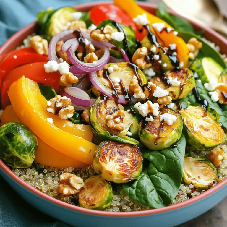 - 1 red bell pepper, sliced into thin strips - 1 yellow bell pepper, sliced into thin strips - 1 medium zucchini, diced into bite-sized pieces - 1 large red onion, cut into wedges - 1 cup Brussels sprouts, halved - 2 cups fresh baby spinach, washed and dried - 3 tablespoons balsamic vinegar - 2 tablespoons extra virgin olive oil - 1 teaspoon garlic powder - 1 teaspoon dried oregano - Salt and freshly cracked black pepper, to taste - ½ cup feta cheese, crumbled (optional) - ¼ cup walnuts, roughly chopped (for added crunch) - Cooked quinoa or brown rice, for serving (about 1 cup per bowl) These ingredients mix together to create a flavorful dish. The bell peppers add sweetness. The Brussels sprouts bring a nice bite. Zucchini adds moisture and balance. The spinach gives freshness. Balsamic vinegar adds a tangy depth. Olive oil helps everything roast nicely. Garlic powder and oregano enhance the taste. You can also add feta cheese for a creamy touch. Walnuts give a nice crunch. Using quinoa or brown rice as a base makes this meal filling. You can swap any veggies you like. Just remember to keep the flavors balanced. This list of ingredients is all you need for a tasty meal. Check out the Full Recipe for more details on how to bring these items together! First, preheat your oven to 425°F (220°C). This step is key for a good roast. Next, take a large baking sheet and line it with parchment paper. This will make cleanup a breeze. In a big mixing bowl, combine the sliced red and yellow bell peppers, diced zucchini, onion wedges, and halved Brussels sprouts. Pour in the olive oil and balsamic vinegar. Add the garlic powder, dried oregano, salt, and pepper. Use your hands or a spoon to mix everything well. You want each veggie to be coated nicely. Spread the veggie mix evenly on the baking sheet. Make sure they are in a single layer. This helps them roast evenly. Roast them for 20-25 minutes. Stir the veggies halfway through to ensure they cook well. They should be golden brown and soft when done. While the veggies roast, cook your quinoa or brown rice. Follow the package instructions for best results. This will give you a fluffy base for your bowls. Once your veggies are roasted, take them out of the oven. Let them cool for a few minutes. Now, it’s time to build your bowls! Start with a scoop of quinoa or brown rice at the bottom. Top it with the roasted veggies and a handful of fresh spinach. If you like, add crumbled feta cheese and chopped walnuts for some extra crunch. For a nice finish, drizzle a bit more balsamic vinegar over the top before serving. Enjoy this colorful and healthy meal! For the complete recipe, check out the Full Recipe section. To get the best flavor, coat your veggies well. Start by mixing them in a bowl with olive oil and balsamic vinegar. This ensures each piece is flavorful. When you roast, stir the veggies halfway through. This step helps them cook evenly and develop a nice texture. You can switch up the veggies based on what you like. Try using carrots, sweet potatoes, or even cauliflower. If you want to keep it vegan, skip the feta cheese and walnuts. Use dairy-free cheese or leave it out completely. For crunch, add seeds instead of nuts. Want more protein? Chickpeas or grilled chicken make great additions. They will keep you full longer. You can also add grains like farro or barley. These grains boost nutrition and add a nice chew to your bowls. Enjoy customizing your meal with these tips! For a full recipe, check out the [Full Recipe]. {{image_4}} You can switch up your veggies based on what's fresh. Seasonal produce adds flavor and color. In spring, try asparagus and snap peas. Summer is great for eggplant and cherry tomatoes. Fall brings squash and carrots. Winter can feature root veggies like parsnips and sweet potatoes. Using seasonal veggies makes your dish tasty and supports local farmers. Adding spices and herbs can change the whole dish. For warmth, try cumin or smoked paprika. If you want a fresh taste, add thyme or rosemary. You can also use red pepper flakes for some heat. Mix and match spices to find your favorite flavor combination. These small changes can make your veggie bowls exciting every time. Make your bowls your own by adding toppings. You can sprinkle on some toasted seeds or nuts for crunch. A dollop of hummus or yogurt can add creaminess. Drizzle with tahini or extra balsamic for more taste. You can also add fresh herbs like cilantro or parsley for a pop of color. The options are endless, so get creative and enjoy! For the full recipe, check the reference section. To store leftovers, let the bowls cool to room temperature. Place them in airtight containers. They can stay fresh in the fridge for about 3 to 5 days. This keeps the flavors intact and prevents spoilage. Make sure to separate any toppings like cheese or nuts. This way, they stay crunchy. You can freeze roasted vegetables too! Just let them cool completely first. Then, place them in freezer-safe bags. Remove as much air as possible before sealing. They can last up to 3 months in the freezer. When you're ready to eat, thaw them in the fridge overnight. This helps retain their taste and texture. Reheating is easy! For the best results, use the oven. Preheat it to 350°F (175°C). Spread the veggies on a baking sheet and heat for about 10-15 minutes. This way, they stay crisp. You can also use the microwave. Heat in short bursts, stirring in between. This helps keep the veggies from getting soggy. Enjoy your delicious leftovers! Yes, you can easily make these bowls vegan. Instead of feta cheese, use a vegan cheese or skip it altogether. For added flavor, try using avocado or a sprinkle of nutritional yeast. You can also top with seeds, like pumpkin or sunflower seeds, for extra crunch. The best vegetables for roasting include: - Red bell peppers - Yellow bell peppers - Zucchini - Red onions - Brussels sprouts - Carrots - Cauliflower - Sweet potatoes These veggies caramelize well and become very tasty when roasted. Balsamic roasted veggie bowls can last about 3-4 days in the fridge. Make sure to store them in an airtight container. Check for any signs of spoilage before eating leftovers. Yes, you can prep this dish ahead. Roast the veggies and cook the quinoa or rice in advance. Store the roasted vegetables and grains in separate containers. This way, you can assemble your bowls fresh when ready to eat. This blog post covered how to make Balsamic Roasted Veggie Bowls. We explored the key ingredients, step-by-step instructions, and helpful tips for perfecting this dish. I shared ideas for variations and storage options to fit your needs. In summary, you can easily customize this recipe to suit your taste. Enjoy experimenting with different veggies, grains, and toppings. These bowls are a delicious way to eat healthy and use seasonal produce. Happy cooking!