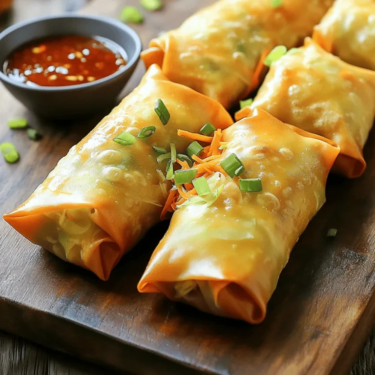 - 1 cup shredded cabbage - 1 cup shredded carrots - ½ cup bean sprouts - ¼ cup green onions, finely chopped - 1 clove garlic, minced - 1 tablespoon soy sauce - 1 teaspoon sesame oil - 1 package egg roll wrappers (typically about 20 wrappers) - Cooking spray (for greasing) - Optional: Sweet chili sauce for dipping Gathering fresh ingredients is key to great flavor. Shredded cabbage brings crunch. Shredded carrots add sweetness. Bean sprouts give a nice bite, while green onions add a fresh taste. Don't forget the minced garlic for depth. Soy sauce and sesame oil enhance the flavor. They blend well with the veggies and add that classic Asian taste. Use high-quality soy sauce for the best results. For wrapping, egg roll wrappers are your best friend. They are thin and crisp up well in the air fryer. Cooking spray helps them get golden brown and crispy. If you like dipping, sweet chili sauce is a fantastic choice. It adds a sweet and spicy kick. Check out the Full Recipe for more details on how to prepare these tasty treats! To make the filling, I start by sautéing the vegetables. In a large skillet, I add about two tablespoons of water. This creates steam, which helps cook the veggies. Next, I toss in one cup of shredded cabbage, one cup of shredded carrots, half a cup of bean sprouts, and one clove of minced garlic. I also add a quarter cup of finely chopped green onions. I stir this mix for about 5 to 7 minutes until the veggies are soft yet crisp. After the veggies are tender, I stir in one tablespoon of soy sauce and one teaspoon of sesame oil. This step adds great flavor. I cook this mixture for another minute, stirring often. When it’s ready, I take the skillet off the heat and let the filling cool for a few minutes. Now, I’ll show you how to assemble the egg rolls. First, I grab an egg roll wrapper and lay it flat on a clean surface. I make sure one corner points toward me, creating a diamond shape. Then, I spoon about two tablespoons of the vegetable filling into the center. Next, I fold the corner closest to me over the filling, tucking it in tightly. I then fold the left and right corners toward the center. This seals in the filling. I carefully roll the egg roll away from me, making it tight. If the edge doesn't stick, I use a bit of water to seal it. I repeat these steps until all the wrappers are filled. For cooking, I preheat the air fryer to 375°F (190°C). Before cooking, I lightly spray the assembled egg rolls with cooking spray. This helps them get crispy. I arrange the egg rolls in a single layer in the air fryer basket. It’s important they don’t touch to cook evenly. If needed, I work in batches. I cook the egg rolls for about 8 to 10 minutes. Halfway through, I flip them to ensure they brown evenly on both sides. After cooking, I carefully remove the egg rolls from the fryer. They are ready to serve warm, and I like to offer sweet chili sauce on the side for dipping. Enjoy your fresh and crispy treat! For the complete recipe, check the Full Recipe section. To make your egg rolls crispy, use cooking spray. This spray helps them brown well. It also adds a nice crunch to the outside. I recommend spraying both sides before air frying. When cooking, work in batches if needed. Air fryers need space for hot air to flow. If the egg rolls touch, they won’t cook evenly. Cook in smaller groups for best results. Add spices or herbs to boost flavor. Ginger or crushed red pepper can give a kick. Fresh cilantro or basil adds a lovely taste too. Experiment with your favorite flavors for a unique twist on your egg rolls. Choosing the right dipping sauce matters. Sweet chili sauce pairs well with veggie egg rolls. You can also try soy sauce or hoisin sauce for a different taste. Find what you love! If your egg rolls unroll, don’t worry. Use a little water to seal the edges better. You can also press the edges down firmly. This will keep them closed during cooking. To prevent sogginess, make sure to air fry at the right temperature. The cooking spray also helps with this. Avoid overstuffing the egg rolls, as too much filling can make them wet. Keep the filling size small for the best texture. For the full recipe, check the earlier section. {{image_4}} You can switch up the filling to suit your taste. Try using different vegetables like: - Bell peppers - Zucchini - Mushrooms - Spinach Feel free to mix and match. You can even add proteins like tofu or chicken. Just make sure to cook the protein before adding it to the filling. This will give you a heartier egg roll. If you need gluten-free options, look for gluten-free wrappers. Many brands now offer these. You can find them in most grocery stores. For a vegan version, skip the egg roll wrappers and use rice paper instead. This keeps the dish plant-based and still delicious. Want to spice things up? Add chili sauce to the filling for a kick. You can also mix in Asian herbs like cilantro or basil. These herbs give your egg rolls a fresh, vibrant flavor. Don't be afraid to experiment! Each change creates a new taste adventure. For the full recipe, check out the detailed steps! After you cook the egg rolls, let them cool down. Place them in an airtight container. This keeps them fresh. They last in the fridge for about 3 to 5 days. When you're ready to eat them, just reheat in the air fryer for a few minutes. This helps keep them crispy. If you want to freeze them, wrap uncooked egg rolls tightly in plastic wrap. Then, put them in a freezer bag. They can stay in the freezer for up to 3 months. To cook, do not thaw them first. Air fry straight from the freezer. Cook for about 10-12 minutes, flipping halfway. This gives you a nice, crispy texture. If you have leftover filling, don't throw it away! You can make stir-fries. Just heat some oil in a pan and add the filling. You can also use it in salads or on top of rice. Stuff it into bell peppers for a fun twist. There are many ways to enjoy your veggie filling! Air fryer veggie egg rolls take about 8 to 10 minutes to cook. Preheat your air fryer to 375°F (190°C) to ensure even cooking. Place the egg rolls in a single layer, so they don't touch. Flip them halfway through to get a nice, golden color on all sides. Yes, you can make these egg rolls ahead of time. Assemble them and place them in the fridge. Make sure to cover them tightly with plastic wrap. They can stay fresh for up to a day. When ready to cook, just pop them in the air fryer. You may need to add a couple of minutes to the cooking time if they are cold. For dipping sauces, sweet chili sauce is a top choice. It adds a nice sweet and spicy kick. Soy sauce or a mix of soy sauce and vinegar also works well. You can try peanut sauce for a creamy option. Each dip enhances the flavor of the egg rolls, making every bite more exciting. This article shared everything you need to make egg rolls. You learned about the main ingredients like shredded cabbage, carrots, and bean sprouts. We discussed how to prepare the filling, assemble the rolls, and cook them in an air fryer. I hope you also found helpful tips to achieve crispy results and saw how to store or freeze leftovers. With a few variations, you can make these rolls your own. Enjoy your cooking adventure!
