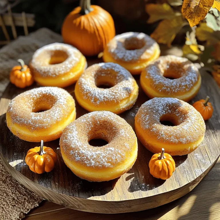 - 1 cup pumpkin puree (either canned or freshly made) - 2 cups all-purpose flour - 1/2 cup granulated sugar - 1/2 cup packed brown sugar - 2 teaspoons baking powder - 1 teaspoon baking soda - 1 teaspoon ground cinnamon - 1/2 teaspoon ground nutmeg - 1/2 teaspoon ground ginger - 1/4 teaspoon ground cloves - 1/2 teaspoon salt - 2 large eggs - 1/4 cup vegetable oil - 1/4 cup milk - 1 teaspoon vanilla extract For gluten-free options, swap the all-purpose flour with a gluten-free blend. This mix works well and keeps the donuts light. You can also use coconut oil instead of vegetable oil for a different flavor profile. If you need a dairy-free option, replace milk with almond or oat milk. Each donut contains about 150 calories. Here’s the breakdown: - Carbs: 24g - Fats: 5g - Protein: 3g These donuts are a tasty treat that won't spoil your diet. They balance flavors and nutrition, making them perfect for fall. To start, gather all your ingredients. This recipe uses pumpkin puree, flour, sugars, and spices. First, mix the wet ingredients in one bowl. Combine the pumpkin puree, eggs, oil, milk, and vanilla. Whisk these until they are smooth. In another bowl, mix the dry ingredients. Whisk the flour, sugars, baking powder, baking soda, and spices together well. This step is key for even flavors. Next, gently pour the wet mixture into the dry bowl. Stir it together just until combined. You want to avoid overmixing. A few lumps are okay and will help keep the donuts fluffy. Preheat your oven to 350°F (175°C). This ensures your donuts bake evenly. While the oven heats, prepare your donut pan. Lightly grease it with cooking spray or oil. This helps the donuts release easily after baking. Now, for filling the donut pan, you can use a piping bag. If you don’t have one, a plastic bag with a snipped corner works too. Fill each cavity about two-thirds full. This gives the donuts room to rise without spilling over. After baking for 12-15 minutes, it’s time to check for doneness. Insert a toothpick into the center of a donut. If it comes out clean, your donuts are done. If it has batter on it, give them a few more minutes. Look for a golden-brown color on the tops. They should look fluffy and slightly spring back when touched. Once baked, let them cool in the pan for about 5 minutes. Then, transfer them to a wire rack to cool completely. This step helps keep them from getting soggy. Enjoy your delicious Baked Pumpkin Spice Donuts! For the full recipe, check the earlier section. One big error is overmixing the batter. This can make your donuts tough. Mix just enough to combine the wet and dry ingredients. A few lumps are fine. They help keep the donuts light and fluffy. Baking times can vary by oven type. If your oven runs hot, check the donuts a bit early. If it’s cooler, they may need more time. Always use a toothpick to test for doneness. It should come out clean when done. Adding toppings is an easy way to boost flavor. A simple glaze can add sweetness. Sprinkles add a fun touch. You could also try drizzling chocolate over the top. For a twist, mix in nuts or chocolate chips. Chopped walnuts or pecans add crunch. Chocolate chips melt and create a sweet surprise in each bite. These donuts pair well with hot drinks. Enjoy them with coffee or tea. The warm spices match perfectly with your favorite brew. For a festive look, serve your donuts on a pretty platter. Add small pumpkins or colorful leaves around them. This creates a cozy fall vibe. You can find the full recipe for Baked Pumpkin Spice Donuts to make these delicious treats. {{image_4}} You can mix up the flavors in your baked pumpkin spice donuts. Try using different spices. Add more nutmeg, or cinnamon for a richer taste. If you want a unique twist, consider using pumpkin spice extract. This adds a lovely aroma and flavor without extra work. You can also switch up the puree. Sweet potato or butternut squash works well too. Each option gives a different taste and texture to your donuts. Want a healthier version of these tasty treats? Start by reducing sugar. You can use natural sweeteners like honey or maple syrup. These options add sweetness without refined sugar. You can also swap out oils. Instead of vegetable oil, try unsweetened applesauce or yogurt. This change cuts fat and adds moisture. Both methods help you enjoy a guilt-free snack that still tastes great! To keep your baked pumpkin spice donuts fresh, store them at room temperature. Place them in an airtight container. This method prevents them from getting dry or stale. You can also wrap them in plastic wrap for added protection. Enjoy them within three days for the best taste. If you want to save some for later, freezing is a great option. Here’s how: 1. Cool the donuts completely. This step is key to keep them from getting soggy. 2. Wrap each donut in plastic wrap. Make sure to do this well to keep air out. 3. Place the wrapped donuts in a freezer bag. Squeeze out as much air as you can before sealing. When you are ready to eat them, thaw the donuts at room temperature. For the best texture, you can warm them in the oven for a few minutes. This brings back their fluffy goodness. Following these steps ensures that your donuts taste fresh even after freezing. For the full recipe, check out [Full Recipe]. Yes, you can make these donuts up to two days in advance. Just store them in an airtight container. This keeps them fresh and tasty. You can also freeze them for up to a month. Just wrap each donut in plastic wrap. Place them in a freezer bag for best results. If you don’t have pumpkin puree, you can use mashed banana or applesauce. Both will add moisture and sweetness. However, they will change the flavor slightly. You can also try using butternut squash puree. It tastes great and has a similar texture. To check if your donuts are done, look for a few signs. They should be golden brown. The edges should pull away from the pan. You can also press lightly on the top; it should spring back. If you want, you can use a toothpick. It should come out clean when inserted into the center. Yes, you can use a mini donut pan or a muffin pan. If you use a muffin pan, keep in mind that you may need to adjust the baking time. Mini donuts will bake faster than standard-sized ones. Donut holes are a fun option too! Just fill the pan about halfway to allow room for rising. This blog post covers how to make delicious baked donuts from scratch. We explored ingredients and measurements, plus healthy swaps. I provided step-by-step instructions for mixing and baking. You learned common mistakes to avoid and tips for flavor enhancement. Remember, you can store these donuts easily or try fun variations. Baking should be fun and creative. Enjoy baking your perfect batch!