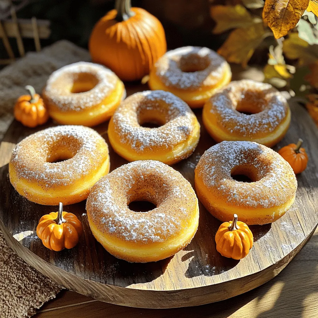 - 1 cup pumpkin puree (either canned or freshly made) - 2 cups all-purpose flour - 1/2 cup granulated sugar - 1/2 cup packed brown sugar - 2 teaspoons baking powder - 1 teaspoon baking soda - 1 teaspoon ground cinnamon - 1/2 teaspoon ground nutmeg - 1/2 teaspoon ground ginger - 1/4 teaspoon ground cloves - 1/2 teaspoon salt - 2 large eggs - 1/4 cup vegetable oil - 1/4 cup milk - 1 teaspoon vanilla extract For gluten-free options, swap the all-purpose flour with a gluten-free blend. This mix works well and keeps the donuts light. You can also use coconut oil instead of vegetable oil for a different flavor profile. If you need a dairy-free option, replace milk with almond or oat milk. Each donut contains about 150 calories. Here’s the breakdown: - Carbs: 24g - Fats: 5g - Protein: 3g These donuts are a tasty treat that won't spoil your diet. They balance flavors and nutrition, making them perfect for fall. To start, gather all your ingredients. This recipe uses pumpkin puree, flour, sugars, and spices. First, mix the wet ingredients in one bowl. Combine the pumpkin puree, eggs, oil, milk, and vanilla. Whisk these until they are smooth. In another bowl, mix the dry ingredients. Whisk the flour, sugars, baking powder, baking soda, and spices together well. This step is key for even flavors. Next, gently pour the wet mixture into the dry bowl. Stir it together just until combined. You want to avoid overmixing. A few lumps are okay and will help keep the donuts fluffy. Preheat your oven to 350°F (175°C). This ensures your donuts bake evenly. While the oven heats, prepare your donut pan. Lightly grease it with cooking spray or oil. This helps the donuts release easily after baking. Now, for filling the donut pan, you can use a piping bag. If you don’t have one, a plastic bag with a snipped corner works too. Fill each cavity about two-thirds full. This gives the donuts room to rise without spilling over. After baking for 12-15 minutes, it’s time to check for doneness. Insert a toothpick into the center of a donut. If it comes out clean, your donuts are done. If it has batter on it, give them a few more minutes. Look for a golden-brown color on the tops. They should look fluffy and slightly spring back when touched. Once baked, let them cool in the pan for about 5 minutes. Then, transfer them to a wire rack to cool completely. This step helps keep them from getting soggy. Enjoy your delicious Baked Pumpkin Spice Donuts! For the full recipe, check the earlier section. One big error is overmixing the batter. This can make your donuts tough. Mix just enough to combine the wet and dry ingredients. A few lumps are fine. They help keep the donuts light and fluffy. Baking times can vary by oven type. If your oven runs hot, check the donuts a bit early. If it’s cooler, they may need more time. Always use a toothpick to test for doneness. It should come out clean when done. Adding toppings is an easy way to boost flavor. A simple glaze can add sweetness. Sprinkles add a fun touch. You could also try drizzling chocolate over the top. For a twist, mix in nuts or chocolate chips. Chopped walnuts or pecans add crunch. Chocolate chips melt and create a sweet surprise in each bite. These donuts pair well with hot drinks. Enjoy them with coffee or tea. The warm spices match perfectly with your favorite brew. For a festive look, serve your donuts on a pretty platter. Add small pumpkins or colorful leaves around them. This creates a cozy fall vibe. You can find the full recipe for Baked Pumpkin Spice Donuts to make these delicious treats. {{image_4}} You can mix up the flavors in your baked pumpkin spice donuts. Try using different spices. Add more nutmeg, or cinnamon for a richer taste. If you want a unique twist, consider using pumpkin spice extract. This adds a lovely aroma and flavor without extra work. You can also switch up the puree. Sweet potato or butternut squash works well too. Each option gives a different taste and texture to your donuts. Want a healthier version of these tasty treats? Start by reducing sugar. You can use natural sweeteners like honey or maple syrup. These options add sweetness without refined sugar. You can also swap out oils. Instead of vegetable oil, try unsweetened applesauce or yogurt. This change cuts fat and adds moisture. Both methods help you enjoy a guilt-free snack that still tastes great! To keep your baked pumpkin spice donuts fresh, store them at room temperature. Place them in an airtight container. This method prevents them from getting dry or stale. You can also wrap them in plastic wrap for added protection. Enjoy them within three days for the best taste. If you want to save some for later, freezing is a great option. Here’s how: 1. Cool the donuts completely. This step is key to keep them from getting soggy. 2. Wrap each donut in plastic wrap. Make sure to do this well to keep air out. 3. Place the wrapped donuts in a freezer bag. Squeeze out as much air as you can before sealing. When you are ready to eat them, thaw the donuts at room temperature. For the best texture, you can warm them in the oven for a few minutes. This brings back their fluffy goodness. Following these steps ensures that your donuts taste fresh even after freezing. For the full recipe, check out [Full Recipe]. Yes, you can make these donuts up to two days in advance. Just store them in an airtight container. This keeps them fresh and tasty. You can also freeze them for up to a month. Just wrap each donut in plastic wrap. Place them in a freezer bag for best results. If you don’t have pumpkin puree, you can use mashed banana or applesauce. Both will add moisture and sweetness. However, they will change the flavor slightly. You can also try using butternut squash puree. It tastes great and has a similar texture. To check if your donuts are done, look for a few signs. They should be golden brown. The edges should pull away from the pan. You can also press lightly on the top; it should spring back. If you want, you can use a toothpick. It should come out clean when inserted into the center. Yes, you can use a mini donut pan or a muffin pan. If you use a muffin pan, keep in mind that you may need to adjust the baking time. Mini donuts will bake faster than standard-sized ones. Donut holes are a fun option too! Just fill the pan about halfway to allow room for rising. This blog post covers how to make delicious baked donuts from scratch. We explored ingredients and measurements, plus healthy swaps. I provided step-by-step instructions for mixing and baking. You learned common mistakes to avoid and tips for flavor enhancement. Remember, you can store these donuts easily or try fun variations. Baking should be fun and creative. Enjoy baking your perfect batch!