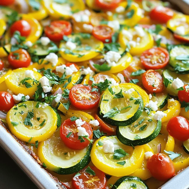 To make a tasty Mediterranean squash bake, you need fresh, vibrant ingredients. Here’s what you will need: - 2 medium zucchinis, sliced into rounds - 2 medium yellow squashes, sliced into rounds - 1 large red bell pepper, diced - 1 large green bell pepper, diced - 1 cup cherry tomatoes, halved - 1 medium onion, finely chopped - 3 cloves garlic, minced - 1 cup feta cheese, crumbled - 2 tablespoons extra virgin olive oil - 1 teaspoon dried oregano - 1 teaspoon dried thyme - Salt and pepper to taste - Fresh parsley for garnishing Each ingredient plays a role in the flavor and texture of the dish. The zucchinis and yellow squashes bring moisture and a mild taste. Bell peppers add sweetness and crunch. Cherry tomatoes offer a juicy burst of flavor. Onions and garlic create a savory base that fills your kitchen with a wonderful aroma. Feta cheese gives a salty tang, and olive oil helps everything cook evenly. When I pick my vegetables, I always choose the freshest ones. Fresh ingredients make a big difference in taste. The herbs enhance the flavors too. This simple list leads to a dish that is colorful and tasty. For the complete cooking details, check the Full Recipe. First, you need to set your oven to 375°F (190°C). Preheating is key. It helps cook the squash evenly. If you skip this step, your bake may not cook through properly. In a large, oven-safe dish, combine your sliced zucchinis, yellow squashes, diced red and green bell peppers, halved cherry tomatoes, finely chopped onion, and minced garlic. Make sure the slices are even. This helps them cook at the same rate. Drizzle the olive oil over the vegetables. Then, sprinkle dried oregano, dried thyme, salt, and pepper. Mix everything gently. You want each piece to have a nice coating of oil and seasonings for the best flavor. Now, sprinkle the crumbled feta cheese evenly on top of the vegetable mix. This cheese adds a salty and creamy touch. Make sure every bite has some cheese for full flavor. Cover the baking dish with aluminum foil. Place it in your preheated oven and bake for 25 minutes. This softens the veggies and brings the flavors together. After 25 minutes, carefully remove the foil. Bake for another 15 minutes until the vegetables are tender and slightly golden. This gives you that perfect texture. Before serving, sprinkle fresh parsley on top. It adds color and freshness to your dish. Enjoy your Mediterranean Squash Bake! For the full recipe, check the instructions above. To get a golden crust on top of your Mediterranean squash bake, follow these steps: - Bake uncovered for the last 15 minutes. This helps the top brown nicely. - Use a high-quality olive oil. It adds flavor and aids in browning. - Ensure your oven is preheated. This gives the bake a good start. Freshness in your ingredients is key. Choose vibrant, firm vegetables for the best taste. Fresh herbs like parsley enhance the dish, too. Always wash and dry your veggies before cooking. This keeps them crisp and flavorful. Pair your Mediterranean squash bake with a protein like grilled chicken or fish. It also works well with crusty bread or a fresh salad. For presentation, serve it in the baking dish. You can also use colorful plates for individual servings. Sprinkle extra feta and parsley on top before serving. This adds a nice touch and makes the dish look inviting. A drizzle of olive oil can also elevate the look and flavor. One common mistake is overcooking the vegetables. This can make them mushy. Keep an eye on the bake, especially in the last 15 minutes. Another mistake is incorrect seasoning. Always measure your salt and pepper. Too much can overwhelm the dish. Taste as you go to find the right balance. {{image_4}} You can make your Mediterranean squash bake heartier by adding protein. Try diced chicken or cooked chickpeas. Chicken adds a nice flavor and texture. Chickpeas are great for a vegetarian option. Both options boost protein and make the dish more filling. Feta cheese gives this dish a salty kick. However, you can swap it for other cheeses too. Try goat cheese for a tangy flavor. Mozzarella brings a creamy texture. Parmesan adds a nutty taste. Each cheese will change the bake's flavor profile. Don't hesitate to swap in seasonal vegetables. If you have fresh eggplant or bell peppers, use them! As seasons change, so do available veggies. This keeps the dish fresh and exciting. Always look for what’s in season for the best flavors. To store your Mediterranean squash bake, let it cool first. Cooling helps keep the texture nice. Once it's cool, cover it tightly with plastic wrap or aluminum foil. You can also use an airtight container. This method keeps the dish fresh for a few days. Store it in the fridge and eat it within three to four days for the best taste. If you want to keep your Mediterranean squash bake longer, freezing is a great option. First, let it cool completely. Then, cut it into portions for easy reheating. Wrap each piece in plastic wrap, then place them in a freezer-safe bag. This method helps prevent freezer burn. When you're ready to eat, thaw it in the fridge overnight. Reheat it in the oven at 350°F (175°C) until it's warm through. This way, you can enjoy it later without losing flavor. In the fridge, the Mediterranean squash bake lasts about three to four days. If you freeze it, it can last up to three months. After that, the taste might fade. To enjoy the best flavor, eat it within these time frames. Yes, you can prepare this dish in advance. Make it a day before and store it in the fridge. Just cover it tightly. When you are ready to eat, reheat it in the oven at 350°F (175°C). Bake it for about 20 minutes or until it is hot throughout. This keeps the flavors fresh and tasty. This dish pairs well with many sides. You can serve it with a light salad. A simple cucumber and tomato salad works great. For drinks, a chilled glass of white wine or sparkling water with lemon adds a nice touch. Absolutely! You can swap in your favorite vegetables. Try adding eggplant, mushrooms, or spinach. Just keep in mind that some veggies might cook faster. Adjust the bake time if you use softer vegetables. To make this dish vegan, use plant-based cheese. There are many great options available these days. You can also add more protein by using chickpeas or lentils. This way, you keep the dish filling and nutritious. In summary, we explored the steps to make a delicious Mediterranean Squash Bake. We covered the key ingredients, preparation, and baking techniques. This dish is versatile, allowing you to add proteins or swap out veggies. Remember, avoid overcooking and check your seasonings. Enjoy this vibrant meal with your favorite sides, and don’t forget to garnish for a beautiful finish. With these tips, you can create a dish that impresses everyone at the table.