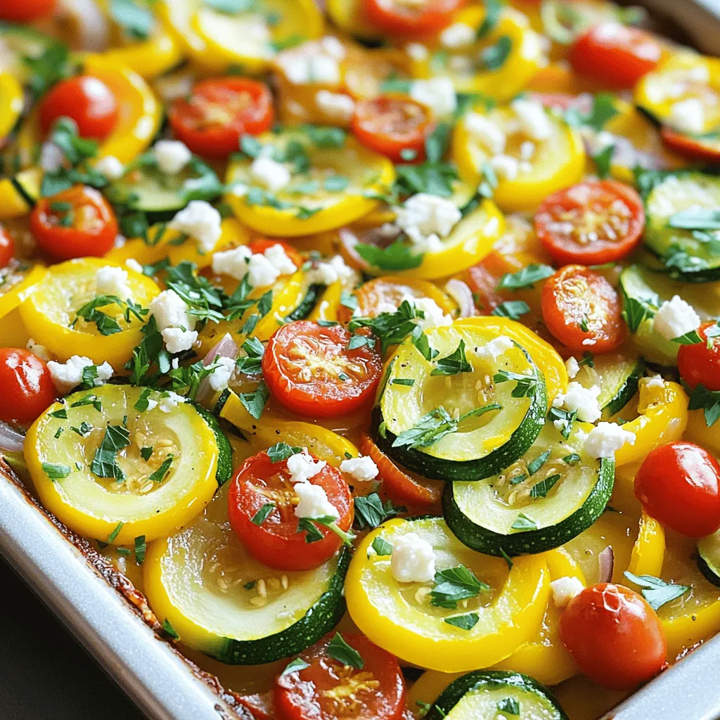 To make a tasty Mediterranean squash bake, you need fresh, vibrant ingredients. Here’s what you will need: - 2 medium zucchinis, sliced into rounds - 2 medium yellow squashes, sliced into rounds - 1 large red bell pepper, diced - 1 large green bell pepper, diced - 1 cup cherry tomatoes, halved - 1 medium onion, finely chopped - 3 cloves garlic, minced - 1 cup feta cheese, crumbled - 2 tablespoons extra virgin olive oil - 1 teaspoon dried oregano - 1 teaspoon dried thyme - Salt and pepper to taste - Fresh parsley for garnishing Each ingredient plays a role in the flavor and texture of the dish. The zucchinis and yellow squashes bring moisture and a mild taste. Bell peppers add sweetness and crunch. Cherry tomatoes offer a juicy burst of flavor. Onions and garlic create a savory base that fills your kitchen with a wonderful aroma. Feta cheese gives a salty tang, and olive oil helps everything cook evenly. When I pick my vegetables, I always choose the freshest ones. Fresh ingredients make a big difference in taste. The herbs enhance the flavors too. This simple list leads to a dish that is colorful and tasty. For the complete cooking details, check the Full Recipe. First, you need to set your oven to 375°F (190°C). Preheating is key. It helps cook the squash evenly. If you skip this step, your bake may not cook through properly. In a large, oven-safe dish, combine your sliced zucchinis, yellow squashes, diced red and green bell peppers, halved cherry tomatoes, finely chopped onion, and minced garlic. Make sure the slices are even. This helps them cook at the same rate. Drizzle the olive oil over the vegetables. Then, sprinkle dried oregano, dried thyme, salt, and pepper. Mix everything gently. You want each piece to have a nice coating of oil and seasonings for the best flavor. Now, sprinkle the crumbled feta cheese evenly on top of the vegetable mix. This cheese adds a salty and creamy touch. Make sure every bite has some cheese for full flavor. Cover the baking dish with aluminum foil. Place it in your preheated oven and bake for 25 minutes. This softens the veggies and brings the flavors together. After 25 minutes, carefully remove the foil. Bake for another 15 minutes until the vegetables are tender and slightly golden. This gives you that perfect texture. Before serving, sprinkle fresh parsley on top. It adds color and freshness to your dish. Enjoy your Mediterranean Squash Bake! For the full recipe, check the instructions above. To get a golden crust on top of your Mediterranean squash bake, follow these steps: - Bake uncovered for the last 15 minutes. This helps the top brown nicely. - Use a high-quality olive oil. It adds flavor and aids in browning. - Ensure your oven is preheated. This gives the bake a good start. Freshness in your ingredients is key. Choose vibrant, firm vegetables for the best taste. Fresh herbs like parsley enhance the dish, too. Always wash and dry your veggies before cooking. This keeps them crisp and flavorful. Pair your Mediterranean squash bake with a protein like grilled chicken or fish. It also works well with crusty bread or a fresh salad. For presentation, serve it in the baking dish. You can also use colorful plates for individual servings. Sprinkle extra feta and parsley on top before serving. This adds a nice touch and makes the dish look inviting. A drizzle of olive oil can also elevate the look and flavor. One common mistake is overcooking the vegetables. This can make them mushy. Keep an eye on the bake, especially in the last 15 minutes. Another mistake is incorrect seasoning. Always measure your salt and pepper. Too much can overwhelm the dish. Taste as you go to find the right balance. {{image_4}} You can make your Mediterranean squash bake heartier by adding protein. Try diced chicken or cooked chickpeas. Chicken adds a nice flavor and texture. Chickpeas are great for a vegetarian option. Both options boost protein and make the dish more filling. Feta cheese gives this dish a salty kick. However, you can swap it for other cheeses too. Try goat cheese for a tangy flavor. Mozzarella brings a creamy texture. Parmesan adds a nutty taste. Each cheese will change the bake's flavor profile. Don't hesitate to swap in seasonal vegetables. If you have fresh eggplant or bell peppers, use them! As seasons change, so do available veggies. This keeps the dish fresh and exciting. Always look for what’s in season for the best flavors. To store your Mediterranean squash bake, let it cool first. Cooling helps keep the texture nice. Once it's cool, cover it tightly with plastic wrap or aluminum foil. You can also use an airtight container. This method keeps the dish fresh for a few days. Store it in the fridge and eat it within three to four days for the best taste. If you want to keep your Mediterranean squash bake longer, freezing is a great option. First, let it cool completely. Then, cut it into portions for easy reheating. Wrap each piece in plastic wrap, then place them in a freezer-safe bag. This method helps prevent freezer burn. When you're ready to eat, thaw it in the fridge overnight. Reheat it in the oven at 350°F (175°C) until it's warm through. This way, you can enjoy it later without losing flavor. In the fridge, the Mediterranean squash bake lasts about three to four days. If you freeze it, it can last up to three months. After that, the taste might fade. To enjoy the best flavor, eat it within these time frames. Yes, you can prepare this dish in advance. Make it a day before and store it in the fridge. Just cover it tightly. When you are ready to eat, reheat it in the oven at 350°F (175°C). Bake it for about 20 minutes or until it is hot throughout. This keeps the flavors fresh and tasty. This dish pairs well with many sides. You can serve it with a light salad. A simple cucumber and tomato salad works great. For drinks, a chilled glass of white wine or sparkling water with lemon adds a nice touch. Absolutely! You can swap in your favorite vegetables. Try adding eggplant, mushrooms, or spinach. Just keep in mind that some veggies might cook faster. Adjust the bake time if you use softer vegetables. To make this dish vegan, use plant-based cheese. There are many great options available these days. You can also add more protein by using chickpeas or lentils. This way, you keep the dish filling and nutritious. In summary, we explored the steps to make a delicious Mediterranean Squash Bake. We covered the key ingredients, preparation, and baking techniques. This dish is versatile, allowing you to add proteins or swap out veggies. Remember, avoid overcooking and check your seasonings. Enjoy this vibrant meal with your favorite sides, and don’t forget to garnish for a beautiful finish. With these tips, you can create a dish that impresses everyone at the table.