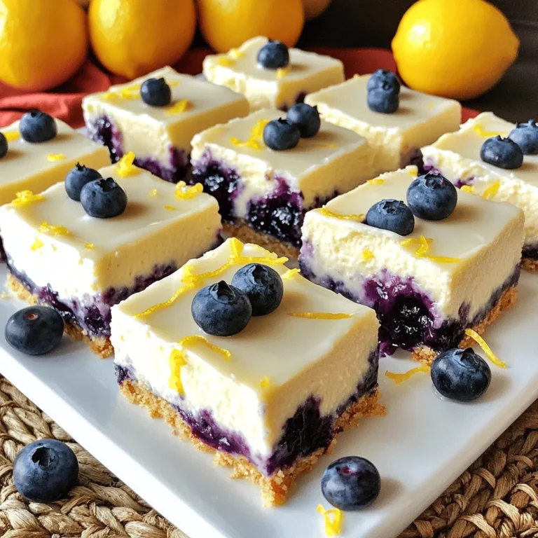 To make these delicious Lemon Blueberry Cheesecake Bars, you need the following ingredients: - 1 ½ cups graham cracker crumbs - ½ cup unsalted butter, melted - 2 cups cream cheese, softened to room temperature - 1 cup granulated sugar - 2 large eggs - ¾ cup sour cream - Zest from 2 fresh lemons - ½ cup fresh lemon juice - 1 teaspoon pure vanilla extract - 1 cup fresh blueberries (reserve additional for topping) Using fresh ingredients makes a big difference in flavor. Fresh lemons add a bright, zesty taste. Fresh blueberries burst with juice and sweetness. When you use good-quality ingredients, you enhance the final dish. It makes each bite more enjoyable. You can really taste the love in your food. If you have allergies or dietary needs, there are easy swaps. For a gluten-free crust, use gluten-free graham crackers. You can swap cream cheese for a dairy-free option, like cashew cream. If you prefer less sugar, try a sugar substitute. Each swap keeps the bars tasty while meeting your needs. Enjoy experimenting with your own flavors! Start by gathering all your ingredients. You will need: - 1 ½ cups graham cracker crumbs - ½ cup unsalted butter, melted - 2 cups cream cheese, softened - 1 cup granulated sugar - 2 large eggs - ¾ cup sour cream - Zest from 2 fresh lemons - ½ cup fresh lemon juice - 1 teaspoon pure vanilla extract - 1 cup fresh blueberries (reserve some for topping) Make sure your cream cheese is soft. This helps to mix it smoothly. Fresh blueberries add flavor and color. Preheat your oven to 350°F (175°C). Line an 8x8-inch baking pan with parchment paper. Let some paper hang over the edges for easy removal. In a bowl, mix graham cracker crumbs with melted butter. Stir until it feels like damp sand. Press this mixture into the bottom of your pan firmly. Bake it for 10 minutes until set and slightly golden. Let it cool a bit before adding the filling. In a large bowl, beat softened cream cheese with granulated sugar using an electric mixer. Mix for 2-3 minutes until smooth. Add eggs one at a time, mixing well after each. Next, add sour cream, lemon zest, lemon juice, and vanilla extract. Mix until everything is blended and creamy. Gently fold in the blueberries, being careful not to crush them. Pour the cheesecake filling over your cooled crust. Spread it evenly with a spatula. Bake for 25-30 minutes. The edges should be set, and the center should jiggle just a little. Turn off the oven and let the bars cool inside with the door slightly open for about 1 hour. This helps prevent cracks. After that, chill them in the fridge for at least 4 hours or overnight. Once set, lift the bars out using the parchment and cut them into squares for serving. Enjoy your delicious Lemon Blueberry Cheesecake Bars! For more details, check the Full Recipe. To get the right texture in your cheesecake bars, focus on two key steps. First, ensure your cream cheese is at room temperature. Cold cream cheese will not mix well. Second, bake until the edges are set, but the center still jiggles slightly. This will give you that creamy texture we all love. Cracks can ruin the look of your bars, but you can prevent them. After baking, turn off the oven and crack the door open. Let the cheesecake cool slowly for an hour. This gentle approach helps keep the temperature even. Chilling the bars in the fridge for at least four hours also helps them set without cracking. For serving, cut the bars into squares and present them on a white platter. Top with fresh blueberries and a sprinkle of lemon zest. You can also drizzle a light lemon glaze for extra flavor. Pair these bars with a scoop of vanilla ice cream or a dollop of whipped cream for a delicious treat. If you want more ideas, check out the Full Recipe for serving suggestions! {{image_4}} You can switch out blueberries for other fruits. Raspberries, strawberries, or peaches work well. Each fruit gives a unique taste. You can also mix fruits for a fun twist. Just keep the amount of fruit the same. To make a gluten-free crust, use gluten-free graham crackers. Crush them into crumbs like regular ones. Mix with melted butter, just like in the main recipe. This keeps the bars tasty and safe for those with gluten allergies. For a vegan version, swap cream cheese for cashew cream or coconut cream. Use maple syrup instead of granulated sugar. Replace eggs with flaxseed meal mixed with water. This gives the bars a creamy texture without dairy or eggs. Enjoy the same great flavor with a plant-based twist. Check the Full Recipe for all details and keep creating! To keep your lemon blueberry cheesecake bars fresh, store them in an airtight container. Place parchment paper between layers to avoid sticking. These bars stay good in the fridge for up to five days. The flavors improve as they sit, so enjoy them day by day! If you want to save some bars for later, freezing is a great option. First, let the bars cool completely. Cut them into squares, then wrap each piece in plastic wrap. Place the wrapped bars in a freezer-safe bag. They last for up to three months in the freezer. When you're ready to eat, just thaw them in the fridge overnight. These cheesecake bars are best enjoyed cold, but you can warm them slightly. To do this, place a bar on a microwave-safe plate. Heat it for about 10-15 seconds. This softens the cheesecake without cooking it. Avoid overheating, or you might lose that creamy texture. You can try using mascarpone or ricotta cheese. Both have a creamy texture. They will change the flavor a bit, but they can work well. Cream cheese gives the bars a rich taste. If you want a lighter option, try Greek yogurt. It adds tang, but the texture may differ. Yes, you can use frozen blueberries. They work well in this recipe. Just remember to thaw and drain them first. This helps avoid excess moisture in your bars. If you use them straight from the freezer, they might make the batter watery. Fresh blueberries add a nice pop of flavor, too. These cheesecake bars last about five days in the fridge. Store them in an airtight container. It helps keep them fresh and tasty. If you notice any changes in smell or texture, it’s best to toss them. Always use your senses to check for freshness. Absolutely! You can make these bars a day or two ahead. They taste even better after chilling overnight. Just cover them well before storing in the fridge. This allows the flavors to meld nicely. Planning ahead can save you time on special occasions. Use a sharp knife for clean cuts. Dip the knife in hot water and wipe it dry. This method helps create smooth, neat edges. You can also cut them while they are slightly chilled, as they hold their shape better. For even squares, mark your cuts first before slicing. This blog post covered how to make delicious cheesecake bars. We discussed the right ingredients and their freshness. You learned step-by-step instructions, along with tips for great texture. We explored variations for different diets and storage methods. Using fresh ingredients and following these steps leads to tasty results. Enjoy your cheesecake bars and share them with friends! Simple changes can fit any taste or need. Happy baking!