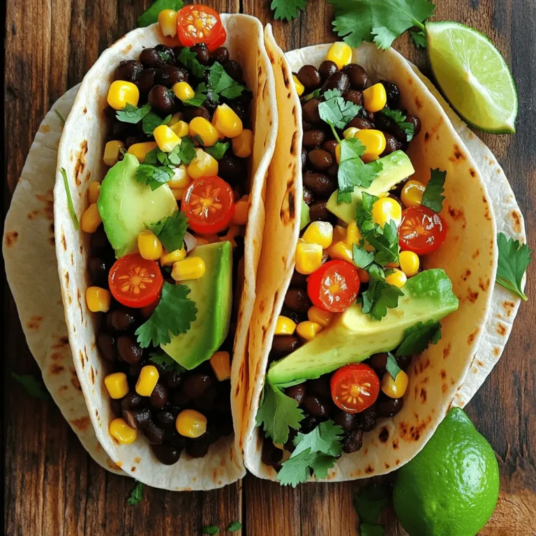 - 2 cans black beans - 1 tablespoon extra virgin olive oil - 1 small onion - 2 cloves garlic - 1 jalapeño - 1 teaspoon ground cumin - 1 teaspoon smoked paprika - 1 teaspoon chili powder - Salt and black pepper - 1 cup fresh corn kernels - 1 ripe avocado - 1 cup cherry tomatoes - Fresh cilantro - Lime wedges In this recipe, black beans are the star ingredient. I use two cans of black beans to create a hearty filling. First, rinse and drain the beans well to remove any excess sodium. This step keeps the dish healthy and flavorful. The olive oil adds richness and helps cook the onion and garlic. A small onion, finely chopped, brings sweetness and depth. The garlic, minced, adds an aromatic punch. I also include a jalapeño for a spicy kick. Make sure to deseed it if you want less heat. For spices, I choose ground cumin, smoked paprika, and chili powder. Each spice gives a unique flavor. A pinch of salt and black pepper balances the taste perfectly. Toppings make these tacos shine! Fresh corn adds sweetness and crunch. A ripe avocado provides creaminess. Cherry tomatoes add a burst of freshness. Finishing with fresh cilantro brightens the dish. And don’t forget lime wedges for that zesty squeeze! You can find the full recipe in the article. This will guide you step-by-step to create these tasty tacos. 1. Start by heating a large skillet over medium heat. Pour in the olive oil and let it warm for a moment. 2. Add the finely chopped onion. Sauté it until it turns translucent, about 3-4 minutes. The aroma will fill your kitchen! 3. Next, toss in the minced garlic and finely chopped jalapeño. Stir them for 1-2 minutes. This will give the mixture a nice kick. 4. Fold in the rinsed black beans, ground cumin, smoked paprika, chili powder, and a pinch of salt and black pepper. Cook for 5-7 minutes. Use a fork to mash some beans for different textures. 1. While the beans cook, take another skillet or use the microwave. Warm the corn tortillas until they are soft and pliable. This step is key for easy folding. 2. If using a skillet, heat each tortilla for about 30 seconds on each side. If using a microwave, wrap them in a damp paper towel and heat for about 20 seconds. 1. Grab a warm tortilla and spoon a generous amount of the black bean mixture onto it. 2. Top with fresh corn kernels, creamy avocado slices, halved cherry tomatoes, and chopped cilantro. 3. Serve with lime wedges on the side. Squeeze fresh lime juice over the tacos before eating for a burst of flavor. Enjoy your Spicy Black Bean Tacos! For the complete recipe, check out the [Full Recipe]. To kick up the heat in your spicy black bean tacos, add more jalapeños. Chop them finely and stir them into the bean mix. You can also use hot sauce. Just a few drops can make a big difference. If you want to adjust the spice level, taste as you go. Start with a little heat, then add more if you like. This way, you control the spice to match your taste. Make your tacos look as good as they taste. Arrange them on a bright platter. Use a mix of colors for a fun, festive vibe. Garnish your tacos with fresh cilantro and lime wedges. It adds a pop of color and makes them more inviting. You can also sprinkle some extra corn on the platter for a lovely touch. Pair your tacos with a fresh salsa. A fruity salsa can add a nice contrast to the spices. You can also serve them with a side of rice or a crisp salad for a complete meal. For drinks, try a light beer or a refreshing limeade. Both will balance the flavors and make your meal even better. For the full recipe, check out the detailed instructions! {{image_4}} You can easily make Spicy Black Bean Tacos vegan and gluten-free. Start by checking all your ingredients. Use corn tortillas, as they are naturally gluten-free. For toppings, try diced bell peppers, crunchy cabbage, or vegan sour cream. You can use cashew cream for a rich, creamy texture. Fresh lime juice adds a bright flavor. If you want to add protein, you can try chicken or beef. Simply cook your protein in the same skillet after the onion and garlic. You can also mix in other beans like pinto or kidney beans for variety. They add a different taste and texture. To customize your tacos, change the spices to fit your taste. If you like heat, add more jalapeños or a pinch of cayenne. For a smoky flavor, try adding chipotle powder. You can even add unexpected ingredients, like pineapple or mango, for a sweet twist. This will give your tacos a unique flavor profile. Enjoy experimenting with your own ideas! To keep your spicy black bean tacos fresh, follow these steps: - Wrap the tacos tightly in foil or plastic wrap. - Place them in an airtight container. - Store them in the fridge for up to three days. For the bean mixture, store it separately for the best flavor. - Place it in a sealed container. - Keep it in the fridge for up to five days. When it’s time to enjoy your leftovers, proper reheating is key. - To warm the tortillas, heat them in a skillet over low heat for 1-2 minutes. - You can also use a microwave for about 15-20 seconds. For the bean mixture, heat it in a skillet over medium heat. - Stir it often to keep it from sticking. - This helps maintain flavor and texture. If you want to save the bean mixture for later, freezing works great. - Place it in a freezer-safe container. - It can last up to three months in the freezer. When you’re ready to use it, thaw it overnight in the fridge. - Reheat it in a skillet over medium heat. - This keeps the flavors fresh for your next taco night. For the full recipe, check out the details above! Spicy black bean tacos are a tasty, plant-based dish. They feature black beans, spices, and fresh toppings. The base includes cooked black beans, sautéed onions, garlic, and jalapeños. You can customize them with toppings like corn, avocado, and tomatoes. These tacos are popular due to their flavor and ease of preparation. You can find many variations, like adding cheese or different sauces. Making spicy black bean tacos is quick and easy. The preparation time is about 10 minutes. Cooking the filling takes an additional 15 minutes. So, the total time is around 25 minutes. This makes them a fantastic option for busy weeknights or last-minute meals. Yes, you can prepare these tacos in advance. Make the bean mixture and store it in the fridge. It stays fresh for up to three days. You can also warm it up when you’re ready to eat. For the tortillas, warm them just before serving for the best texture. You can serve several tasty sides with your tacos. Consider fresh salsa, guacamole, or a side salad. Rice and beans are also great choices. For drinks, try a refreshing limeade or a cold cerveza. These pair well and complete the meal nicely. Spicy black bean tacos are tasty and easy to make. We covered key ingredients, how to prepare them, and tips for spicing them up or storing leftovers. You can adjust the recipe to fit your needs, whether adding meat or making it vegan. Feel free to explore different flavors or sides. Enjoy making this simple dish that brings great joy to your meals!