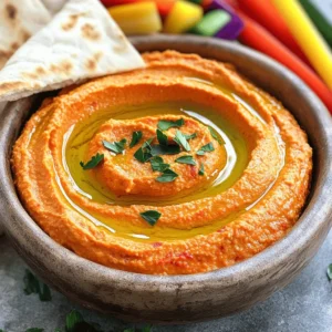 To make the best roasted red pepper hummus, you need fresh and simple ingredients. Here’s what you will need: - 2 large red bell peppers - 1 can (15 oz) chickpeas, drained and rinsed - 1/4 cup tahini - 3 tablespoons extra-virgin olive oil - 2 tablespoons freshly squeezed lemon juice - 2 cloves garlic, minced - 1/2 teaspoon ground cumin - Salt and pepper, to taste - Cold water (1-2 tablespoons) - Fresh parsley, for garnish - Pita bread or vegetable sticks for serving Each ingredient brings its own flavor. The red peppers add sweetness and depth. The chickpeas give a creamy base. Tahini adds a nutty taste. Then, olive oil lends richness. Lemon juice brightens the dish. Garlic adds a kick, and cumin gives warmth. Salt and pepper round it all out. Using the right ingredients makes this dip rich and tasty. It’s perfect for any gathering. For the full recipe and more details on preparation, check out the Full Recipe. Enjoy making this creamy and flavorful dip! - Preheat your oven to 425°F (220°C). - Place the whole red bell peppers on a baking sheet. Roast them for 25-30 minutes. Check them often and turn them for even roasting. The skins should be charred and blistered. - After roasting, move the peppers to a heatproof bowl. Cover it with plastic wrap. Let them sweat for about 10 minutes. This makes peeling easier. - Once cooled, peel the charred skin from the peppers and discard the seeds. Chop the flesh into smaller pieces. - In a food processor, add the roasted red pepper pieces, drained chickpeas, tahini, olive oil, lemon juice, minced garlic, and ground cumin. - Blend until smooth. If the hummus feels too thick, add cold water one tablespoon at a time until you reach your desired creaminess. - Taste the hummus. Season with salt and freshly ground black pepper as needed. Blend again briefly to mix the seasoning. - Scoop the hummus into a serving bowl. Drizzle a bit of extra-virgin olive oil on top and sprinkle with chopped parsley for a nice finish. - Serve your hummus with pita bread or fresh vegetable sticks for dipping. This creamy and flavorful dip is perfect for sharing! For the full recipe, check out the details above. Roasting the red peppers is key for great flavor. It brings out their natural sweetness. The charred bits add a lovely smokiness that makes the dip special. When making hummus, you might want to adjust the thickness. If it’s too thick, blend in cold water, one tablespoon at a time. Keep blending until you reach that perfect creaminess. Adding olive oil gives the hummus a silky texture. I always use high-quality extra-virgin olive oil. It enhances the flavor and makes the dip rich. This roasted red pepper hummus pairs well with fresh veggies. Carrots, cucumbers, and bell pepper sticks are great choices. They add crunch and color to your plate. You can also serve it with pita bread. Cut the pita into wedges for easy dipping. This hummus makes a great appetizer or side dish at any gathering. For an extra treat, consider serving it with olives or feta cheese. These dips and accompaniments will take your spread to the next level. If you want more ideas, check out the Full Recipe for more tips! {{image_4}} You can make roasted red pepper hummus even better with a few simple tweaks. - Adding spices: Try paprika or smoked paprika for extra depth. Both spices add warmth and a hint of sweetness. - Incorporating herbs: Fresh herbs like basil or cilantro can brighten the flavors. Just chop them finely and mix them in. - Mixing in other roasted vegetables: Roasted garlic or zucchini can lend a delicious twist. Feel free to experiment with your favorite veggies. Many people have different diets, and this hummus can fit into most. - Making it vegan or gluten-free: This recipe is already vegan, as it uses plant-based ingredients. It is naturally gluten-free, too! - Low-sodium options: Use low-sodium chickpeas to keep the salt in check. You can also skip the added salt for a healthier dip. These variations let you customize your hummus to suit your taste and dietary needs. Check out the Full Recipe for more tips and ideas! To keep your roasted red pepper hummus fresh, store it in the fridge. It lasts about 5 to 7 days when sealed well. Make sure to use an airtight container. If you want to keep it longer, you can freeze it. The hummus will stay good for about three months in the freezer. Use glass or plastic airtight containers for the best results. These containers keep air out and help maintain flavor. If you freeze your hummus, let it cool completely first. When you’re ready to eat it, thaw the hummus in the fridge overnight. Stir it well before serving to regain its creamy texture. Make sure to check out the Full Recipe for more tips on making this dip! Homemade hummus lasts about 4 to 5 days in the fridge. Store it in an airtight container to keep it fresh. You can freeze hummus for up to 3 months. When ready to eat, thaw it in the fridge overnight. Give it a good stir before serving. Yes, you can use other peppers. Try using yellow or orange bell peppers for a sweeter taste. For a spicy kick, consider using jalapeños or roasted poblano peppers. Each pepper gives a unique flavor twist to your hummus. Hummus pairs well with many dippers. Here are some great options: - Pita bread, cut into wedges - Carrot sticks - Cucumber slices - Bell pepper strips - Celery sticks You can also serve it with crackers or toasted bread. Hummus is a healthy choice. It is rich in protein and fiber from chickpeas. Tahini adds healthy fats, while garlic provides antioxidants. Hummus is low in calories and can fit into many diets. Enjoy it as a snack or part of a meal. You can find roasted red pepper hummus in many grocery stores. Look for brands like Sabra, Tribe, or Cedar's. Many health food stores also carry fresh options. Check the refrigerated section for the best taste. If you want a special touch, try making it at home with the Full Recipe! This blog post covered how to make tasty roasted red pepper hummus. We discussed the key ingredients and detailed steps in the preparation process. Roasting the peppers enhances the flavor and makes the hummus creamy. I also shared tips on storage and suggested ways to serve it. Homemade hummus is simple, healthy, and adaptable. Enjoy making yours with these steps, and feel free to try new flavors!