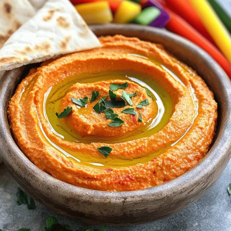To make the best roasted red pepper hummus, you need fresh and simple ingredients. Here’s what you will need: - 2 large red bell peppers - 1 can (15 oz) chickpeas, drained and rinsed - 1/4 cup tahini - 3 tablespoons extra-virgin olive oil - 2 tablespoons freshly squeezed lemon juice - 2 cloves garlic, minced - 1/2 teaspoon ground cumin - Salt and pepper, to taste - Cold water (1-2 tablespoons) - Fresh parsley, for garnish - Pita bread or vegetable sticks for serving Each ingredient brings its own flavor. The red peppers add sweetness and depth. The chickpeas give a creamy base. Tahini adds a nutty taste. Then, olive oil lends richness. Lemon juice brightens the dish. Garlic adds a kick, and cumin gives warmth. Salt and pepper round it all out. Using the right ingredients makes this dip rich and tasty. It’s perfect for any gathering. For the full recipe and more details on preparation, check out the Full Recipe. Enjoy making this creamy and flavorful dip! - Preheat your oven to 425°F (220°C). - Place the whole red bell peppers on a baking sheet. Roast them for 25-30 minutes. Check them often and turn them for even roasting. The skins should be charred and blistered. - After roasting, move the peppers to a heatproof bowl. Cover it with plastic wrap. Let them sweat for about 10 minutes. This makes peeling easier. - Once cooled, peel the charred skin from the peppers and discard the seeds. Chop the flesh into smaller pieces. - In a food processor, add the roasted red pepper pieces, drained chickpeas, tahini, olive oil, lemon juice, minced garlic, and ground cumin. - Blend until smooth. If the hummus feels too thick, add cold water one tablespoon at a time until you reach your desired creaminess. - Taste the hummus. Season with salt and freshly ground black pepper as needed. Blend again briefly to mix the seasoning. - Scoop the hummus into a serving bowl. Drizzle a bit of extra-virgin olive oil on top and sprinkle with chopped parsley for a nice finish. - Serve your hummus with pita bread or fresh vegetable sticks for dipping. This creamy and flavorful dip is perfect for sharing! For the full recipe, check out the details above. Roasting the red peppers is key for great flavor. It brings out their natural sweetness. The charred bits add a lovely smokiness that makes the dip special. When making hummus, you might want to adjust the thickness. If it’s too thick, blend in cold water, one tablespoon at a time. Keep blending until you reach that perfect creaminess. Adding olive oil gives the hummus a silky texture. I always use high-quality extra-virgin olive oil. It enhances the flavor and makes the dip rich. This roasted red pepper hummus pairs well with fresh veggies. Carrots, cucumbers, and bell pepper sticks are great choices. They add crunch and color to your plate. You can also serve it with pita bread. Cut the pita into wedges for easy dipping. This hummus makes a great appetizer or side dish at any gathering. For an extra treat, consider serving it with olives or feta cheese. These dips and accompaniments will take your spread to the next level. If you want more ideas, check out the Full Recipe for more tips! {{image_4}} You can make roasted red pepper hummus even better with a few simple tweaks. - Adding spices: Try paprika or smoked paprika for extra depth. Both spices add warmth and a hint of sweetness. - Incorporating herbs: Fresh herbs like basil or cilantro can brighten the flavors. Just chop them finely and mix them in. - Mixing in other roasted vegetables: Roasted garlic or zucchini can lend a delicious twist. Feel free to experiment with your favorite veggies. Many people have different diets, and this hummus can fit into most. - Making it vegan or gluten-free: This recipe is already vegan, as it uses plant-based ingredients. It is naturally gluten-free, too! - Low-sodium options: Use low-sodium chickpeas to keep the salt in check. You can also skip the added salt for a healthier dip. These variations let you customize your hummus to suit your taste and dietary needs. Check out the Full Recipe for more tips and ideas! To keep your roasted red pepper hummus fresh, store it in the fridge. It lasts about 5 to 7 days when sealed well. Make sure to use an airtight container. If you want to keep it longer, you can freeze it. The hummus will stay good for about three months in the freezer. Use glass or plastic airtight containers for the best results. These containers keep air out and help maintain flavor. If you freeze your hummus, let it cool completely first. When you’re ready to eat it, thaw the hummus in the fridge overnight. Stir it well before serving to regain its creamy texture. Make sure to check out the Full Recipe for more tips on making this dip! Homemade hummus lasts about 4 to 5 days in the fridge. Store it in an airtight container to keep it fresh. You can freeze hummus for up to 3 months. When ready to eat, thaw it in the fridge overnight. Give it a good stir before serving. Yes, you can use other peppers. Try using yellow or orange bell peppers for a sweeter taste. For a spicy kick, consider using jalapeños or roasted poblano peppers. Each pepper gives a unique flavor twist to your hummus. Hummus pairs well with many dippers. Here are some great options: - Pita bread, cut into wedges - Carrot sticks - Cucumber slices - Bell pepper strips - Celery sticks You can also serve it with crackers or toasted bread. Hummus is a healthy choice. It is rich in protein and fiber from chickpeas. Tahini adds healthy fats, while garlic provides antioxidants. Hummus is low in calories and can fit into many diets. Enjoy it as a snack or part of a meal. You can find roasted red pepper hummus in many grocery stores. Look for brands like Sabra, Tribe, or Cedar's. Many health food stores also carry fresh options. Check the refrigerated section for the best taste. If you want a special touch, try making it at home with the Full Recipe! This blog post covered how to make tasty roasted red pepper hummus. We discussed the key ingredients and detailed steps in the preparation process. Roasting the peppers enhances the flavor and makes the hummus creamy. I also shared tips on storage and suggested ways to serve it. Homemade hummus is simple, healthy, and adaptable. Enjoy making yours with these steps, and feel free to try new flavors!