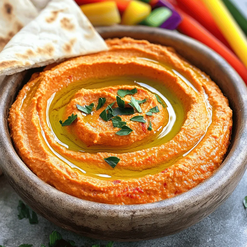 To make the best roasted red pepper hummus, you need fresh and simple ingredients. Here’s what you will need: - 2 large red bell peppers - 1 can (15 oz) chickpeas, drained and rinsed - 1/4 cup tahini - 3 tablespoons extra-virgin olive oil - 2 tablespoons freshly squeezed lemon juice - 2 cloves garlic, minced - 1/2 teaspoon ground cumin - Salt and pepper, to taste - Cold water (1-2 tablespoons) - Fresh parsley, for garnish - Pita bread or vegetable sticks for serving Each ingredient brings its own flavor. The red peppers add sweetness and depth. The chickpeas give a creamy base. Tahini adds a nutty taste. Then, olive oil lends richness. Lemon juice brightens the dish. Garlic adds a kick, and cumin gives warmth. Salt and pepper round it all out. Using the right ingredients makes this dip rich and tasty. It’s perfect for any gathering. For the full recipe and more details on preparation, check out the Full Recipe. Enjoy making this creamy and flavorful dip! - Preheat your oven to 425°F (220°C). - Place the whole red bell peppers on a baking sheet. Roast them for 25-30 minutes. Check them often and turn them for even roasting. The skins should be charred and blistered. - After roasting, move the peppers to a heatproof bowl. Cover it with plastic wrap. Let them sweat for about 10 minutes. This makes peeling easier. - Once cooled, peel the charred skin from the peppers and discard the seeds. Chop the flesh into smaller pieces. - In a food processor, add the roasted red pepper pieces, drained chickpeas, tahini, olive oil, lemon juice, minced garlic, and ground cumin. - Blend until smooth. If the hummus feels too thick, add cold water one tablespoon at a time until you reach your desired creaminess. - Taste the hummus. Season with salt and freshly ground black pepper as needed. Blend again briefly to mix the seasoning. - Scoop the hummus into a serving bowl. Drizzle a bit of extra-virgin olive oil on top and sprinkle with chopped parsley for a nice finish. - Serve your hummus with pita bread or fresh vegetable sticks for dipping. This creamy and flavorful dip is perfect for sharing! For the full recipe, check out the details above. Roasting the red peppers is key for great flavor. It brings out their natural sweetness. The charred bits add a lovely smokiness that makes the dip special. When making hummus, you might want to adjust the thickness. If it’s too thick, blend in cold water, one tablespoon at a time. Keep blending until you reach that perfect creaminess. Adding olive oil gives the hummus a silky texture. I always use high-quality extra-virgin olive oil. It enhances the flavor and makes the dip rich. This roasted red pepper hummus pairs well with fresh veggies. Carrots, cucumbers, and bell pepper sticks are great choices. They add crunch and color to your plate. You can also serve it with pita bread. Cut the pita into wedges for easy dipping. This hummus makes a great appetizer or side dish at any gathering. For an extra treat, consider serving it with olives or feta cheese. These dips and accompaniments will take your spread to the next level. If you want more ideas, check out the Full Recipe for more tips! {{image_4}} You can make roasted red pepper hummus even better with a few simple tweaks. - Adding spices: Try paprika or smoked paprika for extra depth. Both spices add warmth and a hint of sweetness. - Incorporating herbs: Fresh herbs like basil or cilantro can brighten the flavors. Just chop them finely and mix them in. - Mixing in other roasted vegetables: Roasted garlic or zucchini can lend a delicious twist. Feel free to experiment with your favorite veggies. Many people have different diets, and this hummus can fit into most. - Making it vegan or gluten-free: This recipe is already vegan, as it uses plant-based ingredients. It is naturally gluten-free, too! - Low-sodium options: Use low-sodium chickpeas to keep the salt in check. You can also skip the added salt for a healthier dip. These variations let you customize your hummus to suit your taste and dietary needs. Check out the Full Recipe for more tips and ideas! To keep your roasted red pepper hummus fresh, store it in the fridge. It lasts about 5 to 7 days when sealed well. Make sure to use an airtight container. If you want to keep it longer, you can freeze it. The hummus will stay good for about three months in the freezer. Use glass or plastic airtight containers for the best results. These containers keep air out and help maintain flavor. If you freeze your hummus, let it cool completely first. When you’re ready to eat it, thaw the hummus in the fridge overnight. Stir it well before serving to regain its creamy texture. Make sure to check out the Full Recipe for more tips on making this dip! Homemade hummus lasts about 4 to 5 days in the fridge. Store it in an airtight container to keep it fresh. You can freeze hummus for up to 3 months. When ready to eat, thaw it in the fridge overnight. Give it a good stir before serving. Yes, you can use other peppers. Try using yellow or orange bell peppers for a sweeter taste. For a spicy kick, consider using jalapeños or roasted poblano peppers. Each pepper gives a unique flavor twist to your hummus. Hummus pairs well with many dippers. Here are some great options: - Pita bread, cut into wedges - Carrot sticks - Cucumber slices - Bell pepper strips - Celery sticks You can also serve it with crackers or toasted bread. Hummus is a healthy choice. It is rich in protein and fiber from chickpeas. Tahini adds healthy fats, while garlic provides antioxidants. Hummus is low in calories and can fit into many diets. Enjoy it as a snack or part of a meal. You can find roasted red pepper hummus in many grocery stores. Look for brands like Sabra, Tribe, or Cedar's. Many health food stores also carry fresh options. Check the refrigerated section for the best taste. If you want a special touch, try making it at home with the Full Recipe! This blog post covered how to make tasty roasted red pepper hummus. We discussed the key ingredients and detailed steps in the preparation process. Roasting the peppers enhances the flavor and makes the hummus creamy. I also shared tips on storage and suggested ways to serve it. Homemade hummus is simple, healthy, and adaptable. Enjoy making yours with these steps, and feel free to try new flavors!