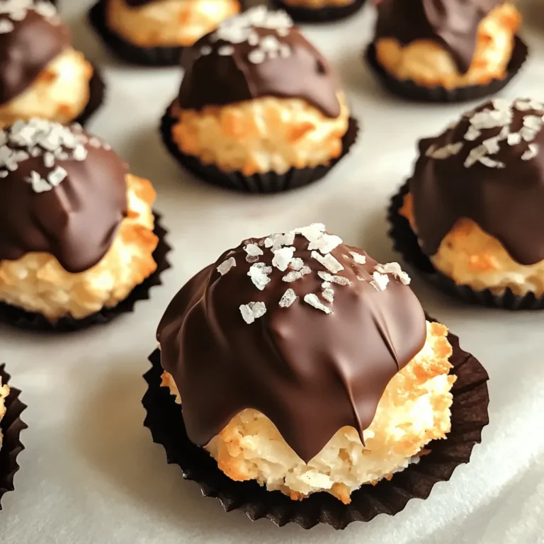 To make these delightful treats, you need the following simple ingredients: - 3 cups shredded sweetened coconut - 1 cup sweetened condensed milk - 1 teaspoon vanilla extract - 1/4 teaspoon salt - 2 large egg whites - 1/4 cup granulated sugar - 1 cup dark chocolate chips (for dipping) - Sea salt flakes (for garnish) You will need some basic tools to create these macaroons: - Mixing bowls - Whisk or electric mixer - Baking sheet - Parchment paper - Spatula - Microwave-safe bowl Feel free to get creative with these additions: - Use different types of chocolate like milk or white chocolate. - Add nuts or dried fruits for extra texture and flavor. - Use flavored extracts like almond or coconut for a unique twist. This recipe gives you a great base, but you can adjust it to fit your taste! For the full recipe, check the details above. Start by preheating your oven to 325°F (160°C). This ensures even baking. While the oven heats, line a baking sheet with parchment paper. This will stop the macaroons from sticking. In a large bowl, mix together the following: - 3 cups shredded sweetened coconut - 1 cup sweetened condensed milk - 1 teaspoon vanilla extract - 1/4 teaspoon salt Stir until the mixture is sticky and well combined. This step is key for flavor. In a separate bowl, beat 2 large egg whites with an electric mixer or whisk. Whip until soft peaks form. Then, slowly add in 1/4 cup granulated sugar. Continue to beat until the mixture is glossy and forms stiff peaks. This airiness makes the macaroons light. Gently add the whipped egg whites to the coconut mixture. Use a spatula to fold them together. Be careful not to deflate the egg whites. This will keep your macaroons fluffy and delicious. Use a tablespoon to scoop out the mixture. Form small mounds about 1.5 inches high. Place them on the baking sheet, leaving about 2 inches between each mound. This gives them room to spread while baking. Now, put the baking sheet in the preheated oven. Bake for 20-25 minutes. Look for a golden brown edge. When they are done, take them out and let them cool on the baking sheet. This helps them set before dipping in chocolate. For the full recipe, check out the complete instructions above. To get the perfect macaroon texture, use fresh, sweetened coconut. The coconut should be moist but not soggy. When mixing, ensure you fold the whipped egg whites in gently. This keeps air in the mix, creating light and fluffy macaroons. Don't over-mix; you want to see some whites still visible. Bake them until the edges are golden brown. This gives them a nice crispness while keeping the inside chewy. Melting chocolate is easy if done right. Use a microwave-safe bowl and add your chocolate chips. Microwave in short bursts of 30 seconds. Stir after each burst to avoid burning. If you prefer, use a double boiler. Fill a pot with a little water, bring it to a simmer, and place the bowl of chocolate on top. The steam will gently melt the chocolate. Keep stirring until smooth. This method helps maintain a nice shine and smooth texture. Once your macaroons cool completely, it’s time to dip. Hold each macaroon by the bottom and dip it into the melted chocolate. Allow any excess to drip off before placing them back on parchment paper. For a special touch, sprinkle sea salt on top of the chocolate. This contrast makes each bite even better. After dipping, place the macaroons in the fridge for about 30 minutes. This step helps the chocolate to set and ensures a nice, firm layer. {{image_4}} You can switch up the chocolates for your macaroons. Dark chocolate gives a rich taste. Milk chocolate offers a sweeter flavor. White chocolate adds a creamy touch. Each kind of chocolate can change the dish’s feel. Try mixing chocolate types for an interesting taste. To make your macaroons unique, add flavors. Almond extract works well instead of vanilla. A bit of coconut extract can boost the coconut flavor. For a twist, mix in some lime or orange zest. Spices like cinnamon or nutmeg add warmth. These small changes can make a big difference. Toppings can also change your macaroons. Try drizzling more melted chocolate on top. You can add crushed nuts for crunch, too. A sprinkle of toasted coconut provides extra texture. Dried fruits like cherries or cranberries can add color. These toppings make your macaroons stand out. For the full recipe, check back to see how to combine these ideas! To keep your chocolate dipped coconut macaroons fresh, place them in an airtight container. This helps avoid moisture and keeps them tasty. Store them in a cool, dry place. If you plan to eat them within a week, this method works great. If you want to save some macaroons for later, freezing is a smart idea. To freeze, first let the macaroons cool completely. Then, place them in a single layer on a baking sheet. Freeze them for about an hour, then transfer them to a freezer-safe bag. They can last up to three months in the freezer. When you're ready to eat, let them thaw in the fridge overnight. The best containers for storing macaroons are glass or plastic airtight containers. Avoid metal containers, as they can change the taste of the chocolate. If you layer them in a container, use parchment paper between layers. This prevents them from sticking together. Proper storage keeps your treats fresh and delicious! Yes, you can use unsweetened coconut. However, the macaroons will taste less sweet. To balance this, add a bit more sugar or sweetened condensed milk. This will keep the flavor rich and enjoyable. Check for a golden brown color on the edges. This usually takes about 20 to 25 minutes. If they look golden and feel slightly firm, they are ready. Let them cool before dipping in chocolate. To keep chocolate from melting, store your macaroons in a cool, dry place. Avoid direct sunlight and heat sources. If you need to keep them longer, refrigerate them but allow time for them to come to room temperature before serving. This recipe is naturally gluten-free! All the ingredients, like shredded coconut and sweetened condensed milk, are gluten-free. Just ensure your chocolate chips are also gluten-free. Check the packaging to be sure. Yes, these macaroons store well. You can make them a day or two in advance. Just keep them in an airtight container to maintain freshness. This makes them perfect for parties or special events. Macaroons are chewy, coconut-based cookies, while macarons are delicate almond meringue cookies. Macarons often have a filling, like ganache or cream. Knowing this helps you appreciate the unique textures and flavors of each treat! We covered how to make chocolate-dipped coconut macaroons step by step. I shared the right ingredients, tools, and storage tips. You learned how to customize flavors and achieve the perfect texture. With these simple methods, you can easily make a delicious treat to share. Enjoy experimenting with flavors and enjoy your tasty macaroons. They are great for any occasion!