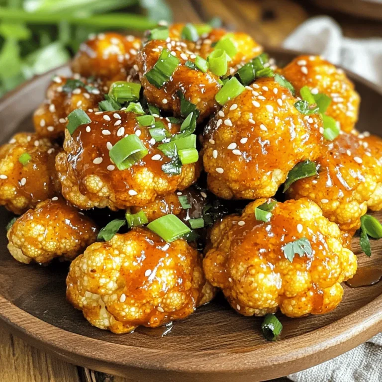 To make Air Fryer Honey Sriracha Cauliflower, you need some fresh and simple ingredients. Here’s what you'll need: - Cauliflower - Olive Oil - Honey - Sriracha Sauce - Soy Sauce - Garlic Powder - Smoked Paprika - Salt and Pepper - Garnishes (Green Onions and Sesame Seeds) These ingredients work together to create a tasty, crispy delight. The cauliflower gives a nice texture, while honey and Sriracha add sweet and spicy flavors. Olive oil helps the cauliflower crisp up nicely in the air fryer. Make sure to choose fresh cauliflower to get the best taste. For a full recipe with step-by-step instructions, check out the Full Recipe. The combination of these ingredients makes a perfect dish. You can enjoy it as a snack, appetizer, or side. To start, gather your ingredients. You need olive oil, honey, Sriracha, soy sauce, garlic powder, smoked paprika, salt, and pepper. In a large bowl, whisk these ingredients together. Mix until you get a smooth marinade. It should look shiny and well-blended. This step is key to getting great flavor on your cauliflower. Now it’s time to add the cauliflower. Toss the florets into the bowl with the marinade. Make sure each piece gets a good coat. This helps the flavors soak in. Let the marinated florets sit for about 15-20 minutes at room temperature. This short wait makes a big difference in taste. While the cauliflower marinates, preheat your air fryer. Set it to 375°F (190°C) and let it warm up for about 5 minutes. Once hot, arrange the marinated florets in the basket. Lay them out in a single layer. Avoid overcrowding; this ensures they cook evenly. Air fry the cauliflower for 12-15 minutes. Halfway through, shake the basket to help them brown. You're aiming for a nice crispy texture. When done, carefully move the golden-brown cauliflower to a dish. Finish with a sprinkle of chopped green onions and sesame seeds for a pop of color and crunch. Enjoy this crispy delight as an appetizer or side. For the full recipe, check the previous section! To get the best crispy cauliflower, follow these tips: - Use enough oil: A good amount of olive oil helps the cauliflower crisp up nicely. - Preheat the air fryer: Always preheat your air fryer for even cooking. - Don’t overcrowd: Lay the florets in a single layer. If they touch, they won’t crisp up. Cook in batches if needed. You can tweak the flavors to fit your taste: - Adjust Sriracha: Want more heat? Add more Sriracha. For milder taste, use less. - Try new ingredients: Swap honey for maple syrup for a different sweet taste. Add lime juice or ginger for a fresh twist. Pair your Honey Sriracha Cauliflower with tasty dips: - Ranch dressing: This creamy dip contrasts with the heat. - Greek yogurt: It adds a cool, creamy touch. For sides, consider serving with: - Rice or quinoa: These grains balance the spice. - A fresh salad: A crunchy salad adds freshness to the meal. For the complete recipe, check out the [Full Recipe]. {{image_4}} You can easily make this dish vegan and gluten-free. For honey, use maple syrup or agave nectar. Both give a sweet taste and work well with Sriracha. For soy sauce, choose tamari. Tamari is a great gluten-free option that adds rich flavor. These swaps keep your Honey Sriracha Cauliflower tasty and inclusive. Want to mix things up? Add other veggies to the air fryer. Broccoli, bell peppers, and carrots pair well with cauliflower. Cut them into small pieces and toss them in the same marinade. This way, you get more colors and flavors in your dish. Plus, it makes your meal more nutritious and fun. If you love heat, try different hot sauces. A chili garlic sauce or a spicy taco sauce can add a new kick. For a milder taste, use a chipotle sauce. You can also play with spices. Add cumin for a warm flavor or curry powder for a touch of exotic. Experimenting with these options makes each batch unique and exciting. To keep your air fryer honey sriracha cauliflower fresh, use an air-tight container. This helps prevent moisture from making the cauliflower soggy. You can store leftovers in the fridge for up to three days. If you plan to eat them later, let them cool first before sealing. To reheat your cauliflower and keep that crispiness, the best method is the air fryer. Set it to 350°F (175°C) and cook for about 5 minutes. This method brings back the crunch you love. You can also use an oven. Just place the cauliflower on a baking sheet and heat it at 350°F for about 10 minutes. If you want to freeze the honey sriracha cauliflower, first let it cool completely. Then, place it in a freezer-safe bag or container. Be sure to remove as much air as possible to avoid freezer burn. You can freeze it for up to a month. When you want to enjoy it, thaw it in the fridge overnight. Then, reheat it using the air fryer for the best results. Yes, you can use frozen cauliflower. Frozen cauliflower saves time. It cooks faster than fresh cauliflower. Here are some tips: - Thaw first: Let the cauliflower thaw completely for even cooking. - Pat dry: Remove excess moisture with a paper towel. This helps achieve crispiness. - Adjust cooking time: Cook for about 10-12 minutes instead of 12-15 minutes. Check for doneness. Yes, grilling cauliflower is a great option. It adds a smoky flavor. Here are some steps: - Prepare the marinade: Use the same marinade as for the air fryer. - Preheat grill: Set the grill to medium heat. - Skewer the florets: Thread cauliflower onto skewers for easy handling. - Grill time: Cook for about 8-10 minutes, turning occasionally, until tender. You can serve Honey Sriracha Cauliflower with many dishes. Here are some tasty ideas: - Rice or quinoa: These make a great base for the spicy cauliflower. - Salads: Pair it with a fresh green salad for a light meal. - Dips: Serve with ranch dressing or Greek yogurt for added creaminess. For detailed instructions, check out the [Full Recipe](#). This blog post covered how to make Honey Sriracha Cauliflower from scratch. You learned about the key ingredients, plus marinating and cooking tips. I shared how to get that perfect crispy texture, spice adjustments, and tasty serving suggestions. Don't forget to try different vegetables or hot sauces for a unique twist. Follow proper storage tips for leftovers so you can enjoy this dish later. Remember, cooking should be fun and flexible, so feel free to experiment!