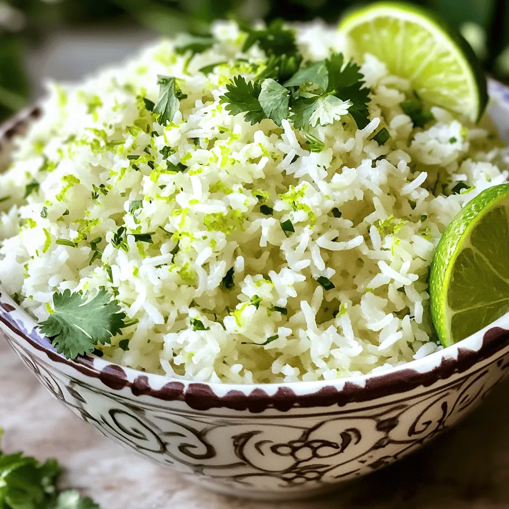- 1 cup long-grain rice - 2 cups vegetable broth (or water) - 1 tablespoon olive oil - 1 lime (for zest and juice) - 1/2 cup fresh cilantro, finely chopped - 1 teaspoon garlic powder - 1/2 teaspoon onion powder - 1/2 teaspoon salt - 1/4 teaspoon black pepper To make cilantro lime rice, gather your ingredients first. I love using long-grain rice because it cooks up fluffy and separates well. Vegetable broth adds great flavor. You can also use water if you prefer. Olive oil is perfect for sautéing the rice. The lime gives a fresh, zesty taste. Make sure to zest the lime before cutting it. Fresh cilantro brings a bright color and taste to the dish. Garlic and onion powders help boost the flavors. Finally, salt and black pepper add just the right seasoning. This combination creates a simple, yet tasty side dish that complements various meals. For the complete recipe, check out the Full Recipe section. - Rinse the long-grain rice Start by rinsing the rice under cold water. This step is key. It removes extra starch. Rinse until the water runs clear. Drain the rice well and set it aside. - Sauté the rinsed rice in olive oil In a medium saucepan, heat some olive oil over medium heat. Once warm, add in the rinsed rice. Sauté for 2-3 minutes. Stir frequently until the rice looks slightly clear. - Add vegetable broth and bring to a boil Carefully pour in the vegetable broth or water. Turn up the heat to bring it to a boil. Watch closely as it will bubble quickly. - Reduce heat and cover to simmer After boiling, lower the heat. Cover the saucepan tightly. Let it simmer for 15-18 minutes. The rice should be tender and absorb all the liquid. - Let rice sit after cooking When the rice is done, remove it from heat. Keep the lid on and let it sit for 5 minutes. This helps the rice become fluffy. - Fluff the rice and mix in seasoning After sitting, use a fork to fluff the rice gently. This separates the grains nicely. Now stir in lime juice, lime zest, chopped cilantro, garlic powder, onion powder, salt, and black pepper. - Adjust seasoning to taste Taste your rice to check the flavors. If you want more zing, add extra lime juice or salt. Adjust until it tastes just right. For the full recipe, check out the [Full Recipe]. Rinsing rice is a must. It helps remove excess starch. This step prevents the rice from becoming sticky. Rinsing also leads to a cleaner taste. The key to fluffy rice is using the right water ratio. For this recipe, I use two cups of vegetable broth for one cup of rice. This balance gives you soft and tender grains. Letting the rice sit after cooking is crucial. After you remove it from heat, keep it covered for five minutes. This resting time helps the rice finish cooking and absorb any remaining moisture. For garnishing, I love to sprinkle extra cilantro on top. It adds a fresh touch and bright color. You can also add a lime wedge for an extra zest. When serving, choose a decorative bowl. This makes the dish look more inviting. Place the rice in the center and surround it with lime wedges and cilantro leaves. This not only looks great but also lets guests add more lime if they like. {{image_4}} To make your cilantro lime rice even better, consider these simple tweaks: - Add jalapeños for a spicy kick: If you love heat, chop some fresh jalapeños. Mix them in while cooking for a nice zing. - Incorporate other herbs like parsley: For a fresh twist, try adding chopped parsley. This will give the rice a different flavor profile. Cilantro lime rice pairs well with many dishes. Here are some ideas: - Pairing with tacos and burritos: This rice complements the bold flavors of tacos and burritos perfectly. - Using as a base for protein bowls: Spoon the rice into a bowl, then top with grilled chicken, shrimp, or veggies. It's a satisfying meal. - Adding to salads for extra flavor: You can mix the rice into salads. It adds texture and a burst of flavor. These variations make the dish more exciting and allow you to tailor it to your taste. Enjoy experimenting! To store your leftover cilantro lime rice, choose an airtight container. Glass or plastic containers work great. Make sure to let the rice cool down before sealing it. This keeps it fresh longer. Place it in the fridge right away. It will stay good for about 3 to 5 days. If you want to store it for longer, freeze it. Just scoop it into freezer bags and remove as much air as possible. This method keeps the rice tasty for up to 2 months. When you’re ready to enjoy your leftover rice, you need to reheat it well. The best way is to use the stovetop. Add a splash of water in a pot and heat it on low. Stir the rice often to avoid sticking. This keeps the rice moist and fluffy. You can also use a microwave if you’re short on time. Add a little water to the rice in a bowl. Cover it with a damp paper towel and heat it in short bursts. Stir and check for warmth. For serving after reheating, you can add a squeeze of fresh lime juice. This really brings the flavors back to life. Serve it alongside your favorite dishes, like tacos or grilled chicken. Enjoy your meal! Can I use brown rice instead? Yes, you can use brown rice in this recipe. Brown rice takes longer to cook, about 40-45 minutes. Adjust the water to 2.5 cups for better results. How can I make it vegan? To make cilantro lime rice vegan, simply use water instead of broth. The flavor will still be great with lime and cilantro. What other dishes pair well with cilantro lime rice? Cilantro lime rice goes well with tacos, burritos, and grilled chicken. It also complements fish and beans nicely. Can I substitute lime with lemon? Yes, lemon works as a good substitute for lime. It adds a different but fresh flavor to the rice. What is the best way to increase the recipe yield? To increase the yield, simply double the ingredients. Use 2 cups of rice and 4 cups of broth for a larger batch. Is cilantro lime rice healthy? Yes, cilantro lime rice can be healthy. It is low in fat and provides good carbs. The fresh herbs add nutrients too. What are the calorie counts per serving? One serving of cilantro lime rice has about 180 calories. This can vary based on the specific ingredients used in the recipe. For the Full Recipe, check the details above. This blog post shared a complete guide for making cilantro lime rice. You learned the ingredients needed, from rice to fresh cilantro. I also offered easy steps for cooking, tips for perfect rice, and ways to store leftovers. You can enhance this dish with flavors, or serve it with tacos and bowls. Always feel free to adapt the recipe to fit your tastes. Enjoy making your cilantro lime rice and impress your family and friends!