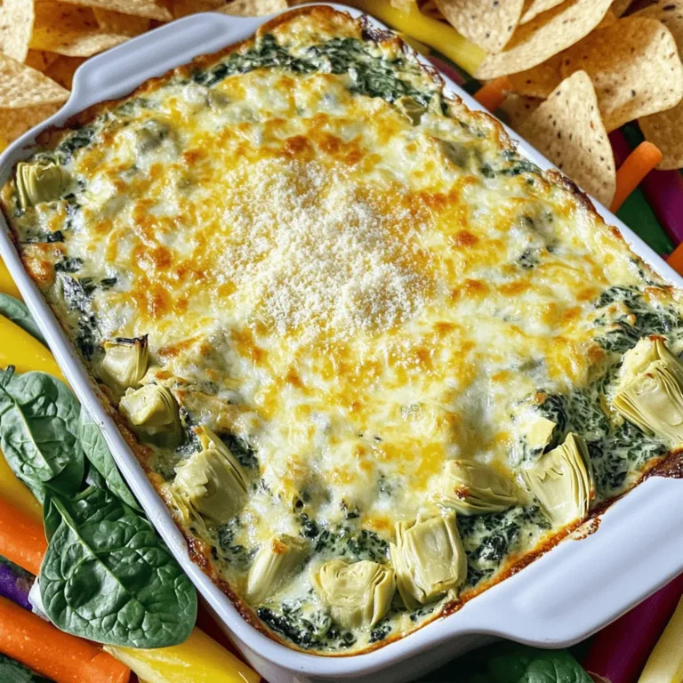 To make this savory spinach artichoke dip, you will need the following ingredients: - 2 cups fresh spinach, finely chopped - 1 can (14 oz) artichoke hearts, thoroughly drained and coarsely chopped - 1 cup cream cheese, softened to room temperature - 1/2 cup sour cream - 1/2 cup mayonnaise - 1 cup shredded mozzarella cheese - 1/2 cup grated Parmesan cheese - 2 cloves garlic, minced - 1 teaspoon fresh lemon juice - 1/2 teaspoon red pepper flakes (optional for a spicy kick) - Salt and freshly ground black pepper to taste You can easily swap some ingredients if needed. Here are a few ideas: - Cream cheese: Use Greek yogurt for a lighter option. - Sour cream: Substitute with plain yogurt for a similar taste. - Mayonnaise: Use a vegan mayo for a plant-based version. - Mozzarella: Try cheddar cheese for a sharper flavor. - Artichokes: Fresh artichokes can work if you have them handy. Feel free to mix and match based on what you have at home. Cooking should be fun and flexible! This dip is not only tasty but also provides good nutrition. Here’s the breakdown per serving (based on 8 servings): - Calories: 250 - Protein: 7g - Carbohydrates: 8g - Fat: 22g - Fiber: 1g - Sodium: 320mg This dip can be a great part of your appetizer table, especially when served warm! Remember, it’s all about balance, so enjoy it with some fresh veggies or whole-grain chips. Check the [Full Recipe] for detailed instructions on how to prepare this delightful dish. To start, gather all your ingredients. You will need fresh spinach, artichoke hearts, cream cheese, sour cream, mayonnaise, mozzarella cheese, Parmesan cheese, garlic, lemon juice, and spices. 1. First, preheat your oven to 350°F (175°C). This helps the dip bake evenly. 2. Next, take a large mixing bowl and beat the cream cheese, sour cream, and mayonnaise together. Use a spatula or an electric mixer for this. 3. Once smooth, gently fold in the chopped spinach and artichoke hearts. Add minced garlic and lemon juice to enhance the flavor. 4. If you like it spicy, now's the time to add red pepper flakes. Stir until everything mixes well. Now, let's get to baking! 1. Carefully add the shredded mozzarella and grated Parmesan cheese to the mixture. Fold them in gently. 2. Season with salt and black pepper to taste. 3. Transfer the mixture into an oven-safe dish. Spread it out evenly using your spatula. 4. Place the dish in the preheated oven. Bake for 25-30 minutes. Look for bubbling and a golden brown top. To make your dip truly shine, keep these tips in mind: - Use fresh spinach for the best taste. Frozen spinach can be watery. - Let the cream cheese soften to room temperature for easy mixing. - For a creamier dip, consider adding a bit more sour cream or mayonnaise. - Serve warm with crunchy tortilla chips or fresh veggie sticks for added texture and flavor. By following the steps in this section, you will create a savory spinach artichoke dip that is easy and delicious. Don't forget to check out the Full Recipe for more details! To get a creamier dip, use room-temperature cream cheese. Cold cream cheese will clump. If you want extra creaminess, add more sour cream or mayonnaise. You can also mix in some Greek yogurt for a tangy twist. Blend until smooth, and enjoy a rich texture. Seasonings bring your dip to life. I love adding minced garlic for a bold taste. A squeeze of fresh lemon juice brightens the dip. Don't forget about salt and black pepper to balance flavors. If you want heat, red pepper flakes add a nice kick. Experiment with herbs like dill or parsley for a fresh touch. Serve this dip warm for the best experience. I recommend pairing it with crunchy tortilla chips. Soft pita bread is also a great choice. For a healthy option, serve it with fresh veggie sticks like carrots and celery. For a fun presentation, sprinkle extra Parmesan on top and add a few fresh spinach leaves to impress your guests. Check out the Full Recipe for more details! {{image_4}} You can make a vegetarian version of spinach artichoke dip easily. Just skip the cheese and use cashew cream or a nut-based cheese. This keeps the dip creamy and tasty. For a vegan option, replace sour cream and mayonnaise with dairy-free versions. Look for coconut or almond-based products. They work well and add great flavor. Want some heat? Add more red pepper flakes or diced jalapeños to your mix. This gives the dip a nice kick. You can even mix in some spicy cheese, like pepper jack, for a bold twist. Adjust the spice level to your taste, and enjoy a dip that warms you up! To make a low-carb or keto-friendly dip, swap out the sour cream and mayonnaise with full-fat Greek yogurt. Use a low-carb cream cheese and make sure your cheeses are all full fat. This keeps the dip rich and delicious while lowering the carbs. You can serve it with fresh vegetables instead of chips for a healthy crunch. For the full recipe, check out the Cheesy Spinach Artichoke Delight section. After you enjoy your spinach artichoke dip, cool it down. Place it in a clean, airtight container. Keep it in the fridge for up to three days. If you need to store it longer, freezing works great. To reheat your dip, use an oven or microwave. If using an oven, preheat it to 350°F (175°C). Transfer the dip to an oven-safe dish. Heat for about 15-20 minutes until warm. If using a microwave, heat in short bursts of 30 seconds. Stir in between to warm it evenly. You can freeze this dip for later. First, let it cool completely. Then, place it in a freezer-safe container. It stays fresh for about two months. When ready to eat, thaw it overnight in the fridge. Reheat it as described for best results. Enjoy your creamy spinach artichoke delight anytime! For the full recipe, check out the details above. Yes, you can use frozen spinach. Just make sure to thaw it first. Squeeze out the extra water after thawing. This step helps keep the dip from being too watery. I find that frozen spinach works well if you prepare it right. Spinach artichoke dip lasts about three to four days in the fridge. Store it in an airtight container to keep it fresh. If you notice any change in color or smell, it’s best to toss it out. To enjoy it longer, you can freeze it. Yes, you can make this dip ahead of time. Prepare it a day before your event and store it in the fridge. When you’re ready, just bake it before serving. This method saves you time and lets the flavors meld. For the full recipe, check the earlier section. In this article, we explored how to make a tasty spinach artichoke dip. We covered the key ingredients, simple steps for preparation, and helpful tips for the best flavor. I shared variations to suit different diets and explained how to store and reheat your leftovers. Spinach artichoke dip is easy to make and fun to share. Use this guide to create a delicious treat for your next gathering. Enjoy every bite!