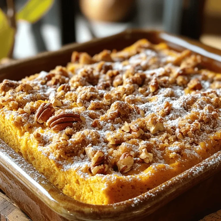 - 2 cups all-purpose flour - 1 cup granulated sugar - 1 cup canned pumpkin puree - ½ cup vegetable oil - 3 large eggs - 1 cup chopped pecans I love using simple, fresh ingredients when baking. The all-purpose flour gives the cake its structure. Granulated sugar adds sweetness and helps with browning. Canned pumpkin puree brings moisture and flavor. I use vegetable oil to keep the cake soft. Three large eggs help bind everything together. Lastly, I add chopped pecans for a delightful crunch. They add a nice nutty flavor that balances the sweetness of the cake. - ½ cup all-purpose flour - ½ cup packed brown sugar - 1 teaspoon ground cinnamon - ¼ cup cold unsalted butter, cubed - ½ cup chopped pecans The streusel topping is what makes this cake special. I combine flour and brown sugar for sweetness. Ground cinnamon gives the topping a warm, cozy flavor. Cold butter brings it all together, creating a crumbly texture. I fold in more pecans for added crunch. - Ground nutmeg - Vanilla extract For an extra kick, I sometimes add ground nutmeg. It pairs well with pumpkin. A splash of vanilla extract adds a touch of warmth. You can mix these in with the wet ingredients for a delightful taste. For the full recipe, check out the detailed instructions. - Preheat oven to 350°F (175°C). - Grease a 9x13 inch baking pan. - Whisk dry ingredients together in one bowl. - Combine wet ingredients in a separate bowl. - Pour batter into the prepared pan. - Prepare and add streusel topping. - Bake for 30-35 minutes and check for doneness. Let’s dive deeper into each step. First, preheat your oven to 350°F (175°C). This step ensures your cake bakes evenly. While that heats up, grab your 9x13 inch baking pan and grease it well. Use butter or non-stick spray for easy removal later. Next, it's time to mix! In one bowl, whisk together the dry ingredients: 2 cups of all-purpose flour, 1 cup of sugar, 1 tablespoon of baking powder, 1 teaspoon of baking soda, 1 teaspoon of ground cinnamon, ½ teaspoon of ground nutmeg, and ½ teaspoon of salt. Make sure everything is well combined for a smooth cake. In another bowl, mix the wet ingredients. Combine 1 cup of canned pumpkin puree, ½ cup of vegetable oil, 3 large eggs, and 1 teaspoon of vanilla extract. Whisk until this mixture is smooth and uniform. Now, slowly pour the wet mix into the dry mix. Use a spatula to stir gently. You want to mix it until just combined. Be careful not to overmix; otherwise, your cake could become tough. Fold in 1 cup of chopped pecans for a nice crunch. Carefully pour this batter into your prepared pan. Spread it evenly across the bottom. For the streusel topping, mix ½ cup of all-purpose flour, ½ cup of packed brown sugar, and 1 teaspoon of ground cinnamon in a separate bowl. Then, add ¼ cup of cold, cubed unsalted butter. Use your fingertips or a pastry cutter to blend until it resembles coarse crumbs. Finally, fold in ½ cup of chopped pecans. Sprinkle this topping evenly over the batter in the pan. This will add a delightful crunch as it bakes. Place the pan in the oven and bake for 30 to 35 minutes. Check for doneness by inserting a toothpick into the center. It should come out clean when the cake is ready. Once baked, take the cake out and let it cool in the pan for about 10 to 15 minutes. After that, slice it and serve warm for the best taste. For the full recipe, refer to the recipe section above. Enjoy your delightful Pumpkin Pecan Streusel Coffee Cake! To get the perfect cake texture, you must mix just enough. When you combine the wet and dry ingredients, stir gently. Stop when you see no dry flour. This helps keep the cake light and fluffy. If you mix too long, the cake gets tough. You want a tender, moist cake full of flavor. This coffee cake pairs well with many sides. A hot cup of coffee or tea is perfect. Some people enjoy it with a scoop of ice cream, too. For serving, I like to dust the cake with powdered sugar. Add a dollop of whipped cream for a lovely, rich touch. Whole pecans or pumpkin seeds on top make for a beautiful look. Want to boost the flavor? Try adding spices like ginger or cloves. A splash of maple or almond extract adds a nice twist. You can also fold in chocolate chips or dried fruits. They bring extra sweetness and texture, making each bite special. {{image_4}} You can swap pecans for other nuts like walnuts or almonds. Walnuts give a rich, earthy taste. Chopped almonds add a nice crunch. If you want a nut-free version, use seeds like pumpkin or sunflower seeds. They offer a great texture without the nuts. For gluten-free options, try almond flour or gluten-free all-purpose flour. Both work well in this recipe. To make it vegan, replace the eggs with flax eggs. Mix one tablespoon of ground flaxseed with two and a half tablespoons of water. Let it sit for a few minutes to thicken. This will bind your cake just like eggs. You can add seasonal spices like ginger or cloves for extra warmth. For fruit, consider adding some diced apples or pears. Adjust your recipe for holidays by adding festive spices or even a glaze. This keeps your coffee cake exciting for any occasion. For the complete details on making the cake, check out the Full Recipe. To store leftovers, let the cake cool completely. Place it in an airtight container. This keeps the cake moist and fresh. You can also wrap the cake tightly in plastic wrap. Make sure it is sealed well to prevent air from getting in. Store it in the fridge for up to five days. For longer storage, you can freeze the coffee cake. First, slice the cake into individual pieces. Wrap each slice tightly in plastic wrap. Then, place the wrapped slices in a freezer bag. This helps prevent freezer burn. To reheat, remove a slice from the freezer. Let it sit at room temperature for about 30 minutes. Then, warm it in the oven at 350°F (175°C) for 10 minutes. The coffee cake stays fresh for about five days in the fridge. If you freeze it, it can last up to three months. Look out for signs of spoilage, like mold or a sour smell. If the cake feels dry or crumbly, it is best to discard it. Enjoy your Pumpkin Pecan Streusel Coffee Cake Delightful Recipe with care! How do I know when my coffee cake is done? You can check if your coffee cake is done by inserting a toothpick into the center. If it comes out clean, your cake is ready. The top should also look golden and spring back when lightly pressed. Can I use fresh pumpkin instead of canned? Yes, you can use fresh pumpkin. Just cook it, puree it, and make sure it is smooth. Fresh pumpkin may add extra moisture, so reduce any other liquids slightly to balance the texture. What are the best substitutions for eggs? Great egg substitutes include unsweetened applesauce, mashed banana, or a flaxseed meal mix. Use 1/4 cup of applesauce or 1 small banana for each egg. For flaxseeds, mix 1 tablespoon of flaxseed meal with 2.5 tablespoons of water. My cake is too dense - what went wrong? A dense cake often means you overmixed the batter or added too much liquid. Make sure to mix just until combined. Also, check your leavening agents; old baking powder can lead to dense results. Why did my streusel topping sink into the cake? If the streusel sinks, your batter may have been too runny. Ensure you have the right consistency before adding it. You can also sprinkle it on top just before the cake finishes baking for a more secure topping. Can I make this a layered cake? Yes, you can! Just divide the batter into two or three cake pans. Adjust the baking time to ensure even cooking. Layering adds a fun twist and allows for even more streusel between layers. How can I adjust this recipe for different pan sizes? To adjust for different pan sizes, you need to change the cooking time and temperature. Use the same oven temperature but check for doneness earlier or later based on the thickness of the batter. A smaller pan makes a thicker cake, while a larger pan will bake faster. This blog post has covered the essential ingredients and steps for a delicious coffee cake. We examined the main components, topped with a tasty streusel, and explored various tips to elevate your baking. Remember, you can customize flavors, choose nuts, or adapt for dietary needs. In the end, baking coffee cake is a fun process. Enjoy the journey, and don't be afraid to experiment. Your unique touch will make it even better! Happy baking!