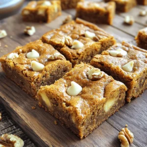 To make these brown butter pumpkin blondies, you need a mix of simple and tasty ingredients. Here’s what you will need: - 1 cup unsalted butter - 1 cup packed brown sugar - 1/2 cup granulated sugar - 2 large eggs - 1 teaspoon pure vanilla extract - 1 cup pumpkin puree - 2 cups all-purpose flour - 1 teaspoon baking powder - 1 teaspoon baking soda - 1 teaspoon ground cinnamon - 1/2 teaspoon ground nutmeg - 1/2 teaspoon sea salt - Optional: 1 cup white chocolate chips, 1/2 cup chopped walnuts or pecans These ingredients come together to create a warm and cozy treat. The brown butter gives the blondies a rich, nutty flavor. Pumpkin puree adds moisture and a hint of fall spice. You can also add white chocolate chips or nuts for extra texture and sweetness. For the full recipe, check the section above. - Preheat the oven to 350°F (175°C). - Prepare a 9x13 inch baking pan by greasing it lightly. Line the bottom with parchment paper for easy removal. - Melt 1 cup of unsalted butter in a medium saucepan over medium heat. - Stir constantly and watch for browning. It takes about 5-7 minutes. - The butter will foam and turn a golden-brown color. - Remove it from heat and let cool slightly before using. - In a large bowl, pour in the cooled brown butter. - Add 1 cup packed brown sugar and 1/2 cup granulated sugar. - Whisk together until smooth. - Add 2 large eggs one at a time, whisking well after each. - Stir in 1 teaspoon pure vanilla extract and 1 cup pumpkin puree. - Mix until the batter is creamy and smooth. - In a separate bowl, sift together 2 cups all-purpose flour, 1 teaspoon baking powder, 1 teaspoon baking soda, 1 teaspoon ground cinnamon, 1/2 teaspoon ground nutmeg, and 1/2 teaspoon sea salt. - Gradually fold this dry mix into the wet mixture. - Be careful not to overmix; stir just until combined for a tender texture. - If you like, fold in 1 cup white chocolate chips and 1/2 cup chopped walnuts or pecans. - Carefully pour the batter into the prepared baking pan. - Use a spatula to smooth the top. - Place the pan in the preheated oven and bake for 25-30 minutes. - Check doneness with a toothpick; it should come out clean. - Let the blondies cool in the pan for about 15 minutes. - Then, transfer them to a wire rack to cool completely. - Once cool, slice into squares and serve. - For extra flair, dust the tops with powdered sugar or serve with whipped cream. For the full recipe, click [Full Recipe]. To make your blondies soft, mix gently. Overmixing makes them tough. Stir until the flour disappears. If you use a glass pan, lower the oven to 325°F. This helps your blondies bake evenly. Want more autumn vibes? Add spices! A pinch of ginger or allspice boosts the flavor. You can also mix in chopped apples or dried cranberries. For toppings, think about adding nuts or drizzling caramel sauce. For a lovely presentation, dust the tops with powdered sugar. Pair each piece with whipped cream. You can also create a dessert platter. Add cookies, fruit, or mini pastries for a fun spread. Try out the full recipe for an easy way to impress your guests! {{image_4}} You can make these blondies gluten-free. Just swap the all-purpose flour for a gluten-free flour blend. Look for blends that work well in baking. They usually mix well and keep the texture nice. This change will still give you that lovely, soft bite. Want a vegan treat? You can replace the eggs with flax eggs. To make a flax egg, mix one tablespoon of ground flaxseed with three tablespoons of water. Let it sit until it thickens. For the butter, use a plant-based butter. This will keep your blondies rich and tasty without any animal products. Get creative with spices! Adding ginger or cloves can give a fun twist to the flavor. You can also try using different types of chocolate. Dark chocolate chips can add a deeper taste, while milk chocolate offers sweetness. Consider adding nuts like pecans or almonds for extra crunch. Each change can make your blondies special and unique. To keep your Brown Butter Pumpkin Blondies fresh, store them in an airtight container. This helps them stay moist and flavorful. Avoid stacking them if possible, as that can make them stick together. If you want to gift them, use a decorative box lined with parchment paper. This adds a nice touch and keeps them safe during transport. Freezing blondies is simple. Start by slicing them into squares. Place each square on a baking sheet in a single layer. Freeze them for about an hour until solid. Then, wrap each blondie in plastic wrap and place them in a freezer bag. This method prevents freezer burn. To reheat, remove a blondie from the bag and let it thaw at room temperature for about 30 minutes. For a warm treat, heat it in the microwave for about 10-15 seconds. Brown Butter Pumpkin Blondies can last up to five days at room temperature. Keep them in a cool, dry place. If you refrigerate them, they can last up to seven days. The cool air helps keep them fresh for longer. Just remember, blondies may dry out slightly in the fridge, so enjoy them sooner for the best taste! For the full recipe, check out the details above. To cut blondies cleanly, use a sharp knife. Here are some tips: - Cool completely: Let the blondies cool in the pan. - Use a ruler: Measure to make even squares. - Wipe the knife: Clean the knife between cuts to reduce crumbs. - Score before cutting: Lightly mark where you will cut. These steps help you get neat, beautiful blondies. Yes, you can make blondies ahead of time. Here’s how: - Bake and cool: Bake as usual and let them cool completely. - Store in an airtight container: This keeps them fresh. - Refrigerate or freeze: They last longer when stored this way. You can enjoy your blondies for days! To check if your blondies are done, look for these signs: - Golden edges: The edges should be lightly browned. - Set center: The center should not jiggle when you shake the pan. - Toothpick test: Insert a toothpick in the center; it should come out clean. If you see these signs, your blondies are ready! Yes, you can substitute pumpkin puree. Here are some options: - Applesauce: Use the same amount for moisture. - Sweet potato puree: This gives a different flavor but works well. - Mashed banana: This adds sweetness and moisture. Choose based on your taste! Blondies can be both! Here’s how to get each texture: - For chewy blondies: Use less flour and don’t overmix the batter. - For cakey blondies: Add a bit more flour and mix well. Experiment to find your favorite texture! For the full recipe, check out the Brown Butter Pumpkin Blondies. This blog post covered everything you need to make delicious pumpkin blondies. We explored key ingredients, step-by-step instructions, and tips for achieving the perfect texture. You can even try variations for gluten-free and vegan options. In closing, these blondies are perfect for any fall gathering. Use the techniques shared to impress your friends and family. Enjoy baking, experimenting, and sharing these delightful treats!