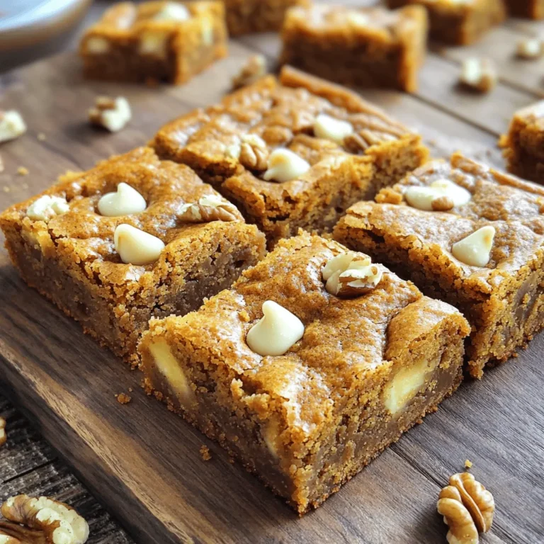 To make these brown butter pumpkin blondies, you need a mix of simple and tasty ingredients. Here’s what you will need: - 1 cup unsalted butter - 1 cup packed brown sugar - 1/2 cup granulated sugar - 2 large eggs - 1 teaspoon pure vanilla extract - 1 cup pumpkin puree - 2 cups all-purpose flour - 1 teaspoon baking powder - 1 teaspoon baking soda - 1 teaspoon ground cinnamon - 1/2 teaspoon ground nutmeg - 1/2 teaspoon sea salt - Optional: 1 cup white chocolate chips, 1/2 cup chopped walnuts or pecans These ingredients come together to create a warm and cozy treat. The brown butter gives the blondies a rich, nutty flavor. Pumpkin puree adds moisture and a hint of fall spice. You can also add white chocolate chips or nuts for extra texture and sweetness. For the full recipe, check the section above. - Preheat the oven to 350°F (175°C). - Prepare a 9x13 inch baking pan by greasing it lightly. Line the bottom with parchment paper for easy removal. - Melt 1 cup of unsalted butter in a medium saucepan over medium heat. - Stir constantly and watch for browning. It takes about 5-7 minutes. - The butter will foam and turn a golden-brown color. - Remove it from heat and let cool slightly before using. - In a large bowl, pour in the cooled brown butter. - Add 1 cup packed brown sugar and 1/2 cup granulated sugar. - Whisk together until smooth. - Add 2 large eggs one at a time, whisking well after each. - Stir in 1 teaspoon pure vanilla extract and 1 cup pumpkin puree. - Mix until the batter is creamy and smooth. - In a separate bowl, sift together 2 cups all-purpose flour, 1 teaspoon baking powder, 1 teaspoon baking soda, 1 teaspoon ground cinnamon, 1/2 teaspoon ground nutmeg, and 1/2 teaspoon sea salt. - Gradually fold this dry mix into the wet mixture. - Be careful not to overmix; stir just until combined for a tender texture. - If you like, fold in 1 cup white chocolate chips and 1/2 cup chopped walnuts or pecans. - Carefully pour the batter into the prepared baking pan. - Use a spatula to smooth the top. - Place the pan in the preheated oven and bake for 25-30 minutes. - Check doneness with a toothpick; it should come out clean. - Let the blondies cool in the pan for about 15 minutes. - Then, transfer them to a wire rack to cool completely. - Once cool, slice into squares and serve. - For extra flair, dust the tops with powdered sugar or serve with whipped cream. For the full recipe, click [Full Recipe]. To make your blondies soft, mix gently. Overmixing makes them tough. Stir until the flour disappears. If you use a glass pan, lower the oven to 325°F. This helps your blondies bake evenly. Want more autumn vibes? Add spices! A pinch of ginger or allspice boosts the flavor. You can also mix in chopped apples or dried cranberries. For toppings, think about adding nuts or drizzling caramel sauce. For a lovely presentation, dust the tops with powdered sugar. Pair each piece with whipped cream. You can also create a dessert platter. Add cookies, fruit, or mini pastries for a fun spread. Try out the full recipe for an easy way to impress your guests! {{image_4}} You can make these blondies gluten-free. Just swap the all-purpose flour for a gluten-free flour blend. Look for blends that work well in baking. They usually mix well and keep the texture nice. This change will still give you that lovely, soft bite. Want a vegan treat? You can replace the eggs with flax eggs. To make a flax egg, mix one tablespoon of ground flaxseed with three tablespoons of water. Let it sit until it thickens. For the butter, use a plant-based butter. This will keep your blondies rich and tasty without any animal products. Get creative with spices! Adding ginger or cloves can give a fun twist to the flavor. You can also try using different types of chocolate. Dark chocolate chips can add a deeper taste, while milk chocolate offers sweetness. Consider adding nuts like pecans or almonds for extra crunch. Each change can make your blondies special and unique. To keep your Brown Butter Pumpkin Blondies fresh, store them in an airtight container. This helps them stay moist and flavorful. Avoid stacking them if possible, as that can make them stick together. If you want to gift them, use a decorative box lined with parchment paper. This adds a nice touch and keeps them safe during transport. Freezing blondies is simple. Start by slicing them into squares. Place each square on a baking sheet in a single layer. Freeze them for about an hour until solid. Then, wrap each blondie in plastic wrap and place them in a freezer bag. This method prevents freezer burn. To reheat, remove a blondie from the bag and let it thaw at room temperature for about 30 minutes. For a warm treat, heat it in the microwave for about 10-15 seconds. Brown Butter Pumpkin Blondies can last up to five days at room temperature. Keep them in a cool, dry place. If you refrigerate them, they can last up to seven days. The cool air helps keep them fresh for longer. Just remember, blondies may dry out slightly in the fridge, so enjoy them sooner for the best taste! For the full recipe, check out the details above. To cut blondies cleanly, use a sharp knife. Here are some tips: - Cool completely: Let the blondies cool in the pan. - Use a ruler: Measure to make even squares. - Wipe the knife: Clean the knife between cuts to reduce crumbs. - Score before cutting: Lightly mark where you will cut. These steps help you get neat, beautiful blondies. Yes, you can make blondies ahead of time. Here’s how: - Bake and cool: Bake as usual and let them cool completely. - Store in an airtight container: This keeps them fresh. - Refrigerate or freeze: They last longer when stored this way. You can enjoy your blondies for days! To check if your blondies are done, look for these signs: - Golden edges: The edges should be lightly browned. - Set center: The center should not jiggle when you shake the pan. - Toothpick test: Insert a toothpick in the center; it should come out clean. If you see these signs, your blondies are ready! Yes, you can substitute pumpkin puree. Here are some options: - Applesauce: Use the same amount for moisture. - Sweet potato puree: This gives a different flavor but works well. - Mashed banana: This adds sweetness and moisture. Choose based on your taste! Blondies can be both! Here’s how to get each texture: - For chewy blondies: Use less flour and don’t overmix the batter. - For cakey blondies: Add a bit more flour and mix well. Experiment to find your favorite texture! For the full recipe, check out the Brown Butter Pumpkin Blondies. This blog post covered everything you need to make delicious pumpkin blondies. We explored key ingredients, step-by-step instructions, and tips for achieving the perfect texture. You can even try variations for gluten-free and vegan options. In closing, these blondies are perfect for any fall gathering. Use the techniques shared to impress your friends and family. Enjoy baking, experimenting, and sharing these delightful treats!