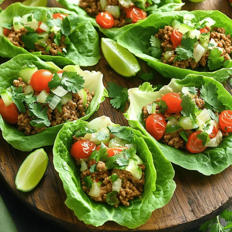 - 1 pound ground turkey - 1 head of iceberg or butter lettuce, leaves separated - 1 tablespoon chili powder - 1 teaspoon ground cumin - 1/2 teaspoon smoked paprika - 1 cup cherry tomatoes, halved - 1/2 cup corn (fresh or canned, drained if canned) - 1/4 cup fresh cilantro, chopped Turkey taco lettuce wraps are simple and fun to make. The main ingredient is ground turkey, which is lean and flavorful. It cooks quickly, making it perfect for busy nights. I love using either iceberg or butter lettuce for the wraps. Iceberg has a nice crunch, while butter lettuce is soft and buttery. For spices, I always use chili powder, ground cumin, and smoked paprika. These spices give the turkey a warm, savory flavor. Each spice adds depth without overpowering the dish. I also love adding fresh ingredients to brighten the wraps. Cherry tomatoes add sweetness and a pop of color. Corn gives a nice crunch, while cilantro adds freshness and aroma. These ingredients make the wraps not only tasty but also colorful and appealing. You can find the full recipe for turkey taco lettuce wraps above. Enjoy making a healthy meal that’s fun to eat! Start by gathering your ingredients and tools. You need: - 1 pound ground turkey - 1 tablespoon olive oil - 1 small onion, finely chopped - 2 cloves garlic, minced - 1 tablespoon chili powder - 1 teaspoon ground cumin - 1/2 teaspoon smoked paprika - Salt and pepper, to taste - 1 cup cherry tomatoes, halved - 1/2 cup corn - 1/4 cup fresh cilantro, chopped - Juice of 1 lime - 1 head of lettuce Make sure your skillet and spatula are clean and ready. This setup helps the cooking go smoothly. Begin cooking by heating the olive oil in a large skillet over medium heat. Once the oil is hot, add the finely chopped onion. Sauté it until it becomes soft and clear, about 3 to 4 minutes. Stir it often to keep it from sticking. Next, add the minced garlic to the skillet. Cook this for another minute. Stir often to avoid burning the garlic. Now, raise the heat to medium-high and add the ground turkey. Use your spatula to break the meat apart as it cooks. Keep cooking until the turkey is browned, about 5 to 7 minutes. Once the turkey is browned, mix in the chili powder, cumin, smoked paprika, salt, and pepper. Stir well to coat the turkey evenly with the spices. Let it cook for another 2 to 3 minutes. This lets the spices release their awesome flavors. Remove the skillet from the heat. Gently fold in the halved cherry tomatoes, corn, chopped cilantro, and lime juice. Mix everything together carefully, so you don’t mash the tomatoes. To assemble, take a leaf of lettuce and spoon a good amount of the turkey mix into the center. Wrap the sides of the lettuce around the filling to shape a taco. Repeat for the rest of the lettuce leaves and turkey filling. Check out the Full Recipe for more details and enjoy your tasty meal! To make the best turkey taco filling, cook the turkey until it is brown and fully done. This usually takes about 5 to 7 minutes over medium-high heat. Make sure you break up the meat as it cooks. This helps it brown evenly and prevents clumping. When it comes to spices, balance is key. Use chili powder, cumin, and smoked paprika for great flavor. Start with 1 tablespoon of chili powder, 1 teaspoon of cumin, and 1/2 teaspoon of smoked paprika. Adjust these amounts to fit your taste. Add salt and pepper to enhance the overall flavor, but start small and taste as you go. To assemble the wraps, take a lettuce leaf and fill it with the turkey mixture. Spoon a good amount right in the center. Next, fold the sides of the lettuce over the filling. This creates a taco shape and keeps everything inside. You can use a toothpick to secure it if needed. For garnishes, think about adding extra cherry tomatoes or corn on top. Chopped cilantro adds a fresh touch. You can also serve lime wedges on the side for a burst of flavor. A beautiful platter makes a big difference. Arrange your lettuce wraps neatly on a colorful plate. You can sprinkle some extra cilantro around the edges for a pop of color. Serving lime wedges adds a zest to your dish. Cut the limes into quarters and place them next to the wraps. This not only looks good but also allows guests to add their own lime juice. For the full recipe, check out [Full Recipe]. {{image_4}} You can switch up the protein in your turkey taco lettuce wraps! Ground chicken is a great option. It cooks similarly and has a mild flavor. You can also use ground beef for a richer taste. If you prefer plant-based meals, try crumbled tempeh or lentils. These vegetarian choices give a hearty texture and soak up flavors well. To change the flavor, use different spices. Taco seasoning packs a punch and adds depth. If you like heat, sprinkle in some cayenne pepper for a spicy kick. Another great addition is avocado. It adds creaminess and balances spice levels. Cheese is also a tasty option. Shredded cheddar or crumbled feta can enhance the dish’s richness. Toppings make your wraps even better! Consider adding sour cream for a cool and creamy finish. Salsa brings brightness and freshness. If you enjoy heat, jalapeños are a must. They add crunch and spice. You can also create a DIY taco bar. Set out various toppings, and let everyone build their own wraps. This makes the meal fun and interactive! For the full recipe, check out the Turkey Taco Lettuce Wraps. To keep your turkey filling fresh, place it in an airtight container. Make sure it cools before sealing. This helps avoid moisture buildup. Store it in the fridge for up to three days. For lettuce leaves, wrap them in a damp paper towel. Place them in a plastic bag. This keeps them crisp for about two days. When you want to enjoy leftovers, safely reheat the turkey filling. Place it in a skillet over medium heat. Stir occasionally until warmed through. You can also microwave it. Just use a microwave-safe bowl and heat for 30-second bursts. To keep your lettuce crisp, avoid reheating it. Instead, enjoy the filling in fresh lettuce leaves each time. Preparing ahead makes meals easy. Cook a batch of the turkey filling and store it. You can use it for lunches or quick dinners. Place it in portion-sized containers for easy access. Want to freeze it? Just let the filling cool completely. Store it in airtight containers or freezer bags. It can last up to three months in the freezer. This way, you always have a healthy meal option ready when you need it. For the complete recipe, check the Full Recipe section. To make turkey taco lettuce wraps, you start by cooking the turkey. Heat olive oil in a skillet over medium heat. Add chopped onion and cook until soft. Then, add minced garlic and cook for a minute. Increase heat and add ground turkey. Break it up and cook until browned. Mix in chili powder, cumin, smoked paprika, salt, and pepper. Stir for a few minutes. Remove from heat and add cherry tomatoes, corn, cilantro, and lime juice. Spoon this mixture into lettuce leaves. Wrap the lettuce around the filling like a taco. For the full recipe, refer to the earlier section. Yes, you can use different types of lettuce. Iceberg lettuce is crisp and refreshing. It holds the filling well. Butter lettuce is softer and has a mild flavor. It feels nice in your mouth. You can also try romaine for a crunchy bite. Each type brings a unique texture and taste. Choose based on your preference for crunch or softness. Turkey taco lettuce wraps last about 3 to 4 days in the fridge. Store the turkey filling separately from the lettuce. Keep the filling in an airtight container. Lettuce can wilt quickly, so it’s best to add it fresh. Look for signs of spoilage like off smells or discoloration. If the turkey looks or smells strange, don't eat it. Several side dishes pair well with turkey taco lettuce wraps. Mexican rice is a classic choice. You could also serve black beans for protein. A fresh corn salad adds sweetness and crunch. Try guacamole or salsa for extra flavor. For a light option, serve sliced cucumbers or a green salad. These sides will complement your wraps nicely. Turkey taco lettuce wraps are easy and fun to make. You mix tasty ground turkey with spices, fresh veggies, and lime for a delicious meal. Remember to try different proteins and toppings. It's all about your taste! Storing leftovers helps keep meals quick and simple. With this guide, you can create something great in your kitchen. Enjoy the process and share your tasty creations!