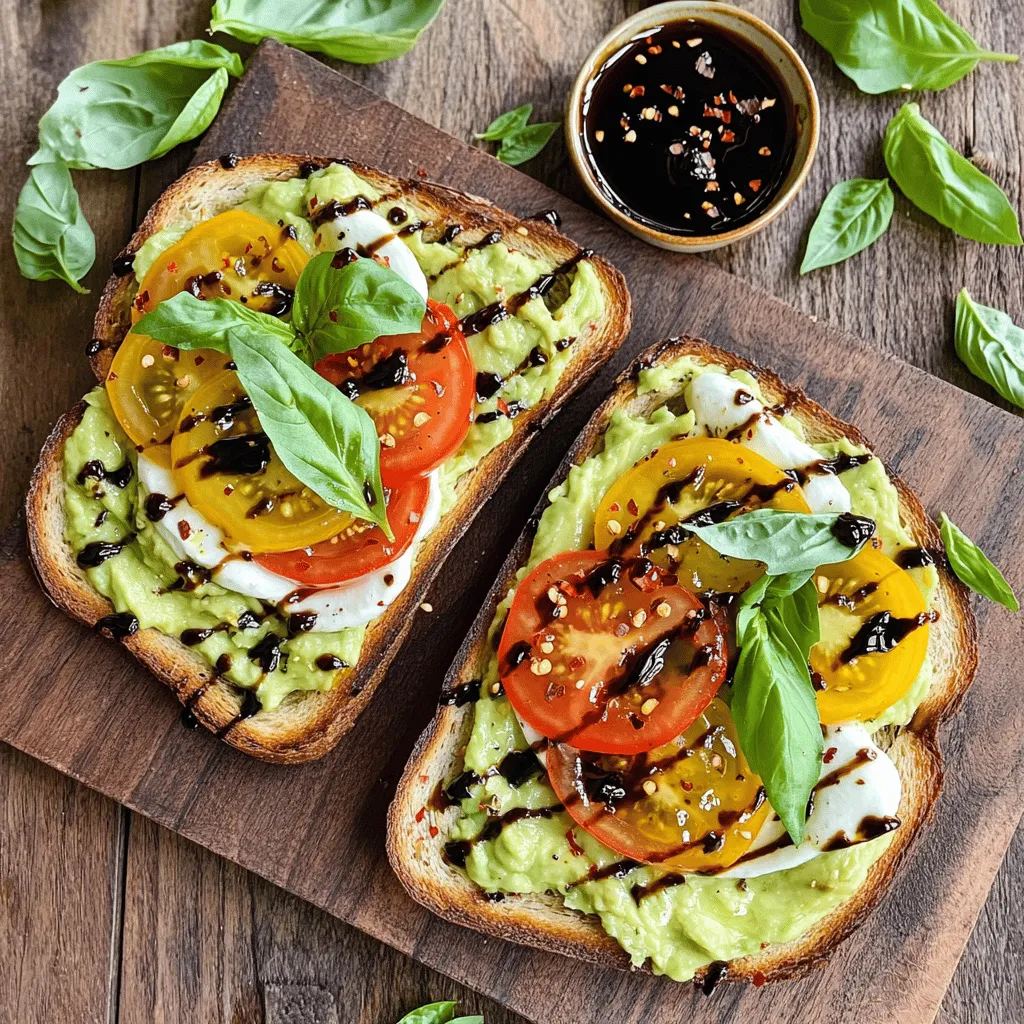 To make this tasty dish, you will need the following main ingredients: - 2 slices of whole grain or sourdough bread - 1 ripe avocado - 1 medium heirloom tomato, sliced - 1 ball of fresh mozzarella cheese, sliced - A handful of fresh basil leaves - 1 tablespoon balsamic glaze - 1 tablespoon extra virgin olive oil - Salt and freshly cracked pepper, to taste You can add some fun twists to your Caprese Avocado Toast with these optional ingredients: - A pinch of red pepper flakes for heat - A drizzle of lemon juice for brightness - Sliced radishes for crunch - Chopped nuts like walnuts or pine nuts for texture This dish is not only delicious but also nutritious. Here’s a quick look at its benefits: - Avocados provide healthy fats and fiber. - Tomatoes are rich in vitamins C and K. - Mozzarella adds calcium and protein. - Fresh basil brings antioxidants and flavor. Enjoy this Caprese Avocado Toast knowing it’s both tasty and good for you! For the full recipe, check the details above. Start by toasting your slices of whole grain or sourdough bread. You can use a toaster or a skillet. Aim for a golden-brown crust, as this adds a nice crunch. This step is key for the perfect base of your dish. Next, choose a ripe avocado. Cut it in half and remove the pit. Scoop the creamy flesh into a bowl. Mash the avocado with a fork until smooth. Add a tablespoon of extra virgin olive oil, salt, and pepper to taste. Mix everything well. Your spread should be creamy and flavorful. Once your bread is toasted and your avocado spread is ready, it’s time to assemble. Spread a generous layer of mashed avocado on each slice of toast. Then, layer fresh mozzarella slices on top, followed by heirloom tomato slices. Alternate their placement for a colorful look. Tuck fresh basil leaves between the layers for added flavor. Drizzle balsamic glaze over the top to give it a gourmet touch. If you like a bit of heat, sprinkle red pepper flakes on top. Finish with a little salt and pepper. This Caprese Avocado Toast is now ready to enjoy! For the complete recipe, check out the [Full Recipe]. To find the best avocados, look for a smooth skin. The fruit should feel firm but yield slightly when you press it gently. Avoid any avocado with dark spots or bruises. When you slice it open, the flesh should be bright green. If it’s brown, it’s overripe. Always choose ripe avocados for your toast to ensure a creamy texture. For the best toast, use whole grain or sourdough bread. I recommend toasting it in a skillet for even browning. Heat a little olive oil in the pan before adding the bread. This will give it a nice crisp and add flavor. Toast until golden brown, about 3-4 minutes per side. You can also use a toaster if you want a quick option. To make your Caprese Avocado Toast look amazing, stack the ingredients artfully. Start with the avocado, then layer the mozzarella and tomato. Use fresh basil leaves to add color and aroma. Drizzle balsamic glaze over the top for a touch of elegance. Serve it on a wooden board or a nice plate, and garnish with extra basil for a pop of green. Enjoy your beautiful creation right away for the best flavor! {{image_4}} For a Mediterranean twist, add some olives and feta cheese. Slice black or green olives and scatter them on top of your toast. The salty flavor of the olives pairs perfectly with creamy avocado. Crumble feta cheese over the top for a tangy kick. This combination gives your Caprese Avocado Toast a unique taste and texture. If you want a vegan version, skip the mozzarella. Instead, use a plant-based cheese or skip it entirely. Spread some hummus on the toast for added creaminess. You can also add sliced cucumbers or radishes for crunch. These swaps keep the dish fresh and full of flavor without using dairy. To add a spicy kick, drizzle Sriracha on top of your toast. You can also slice fresh jalapeños and layer them on your toast. This extra heat balances well with the cool avocado and fresh tomato. If you like it hot, try adding more red pepper flakes for an extra burst of flavor. Feel free to mix and match these ideas with the full recipe to keep your Caprese Avocado Toast exciting! Leftover Caprese avocado toast can be tricky. The bread loses its crunch when stored. If you have leftovers, try to eat them soon. If you must save them, keep the toppings separate. Store the bread in a paper bag. This helps it stay a bit crispy. Keep the avocado, tomato, and cheese in an airtight container. Use them within one day for the best taste. To store fresh ingredients, follow these tips. Keep avocados at room temperature until they ripen. Once ripe, store them in the fridge. This slows down the ripening process. For tomatoes, store them at room temperature too. They taste better this way. Mozzarella should go in a sealed container with some water. Change the water daily to keep it fresh. Fresh basil loves water, so store it like a bouquet. Place the stems in water, cover the leaves with a bag, and keep it in the fridge. Reheating can make your toast less tasty. If you want to warm it up, avoid the microwave. Instead, use a toaster oven. This helps maintain the crunch of the bread. Heat at a low temperature for a few minutes. You can also reheat the bread in a skillet. Just warm it on medium-low heat for a few minutes. If you have leftover toppings, add them fresh after reheating. This keeps the flavors bright and delicious. Yes, you can use many types of bread! Whole grain and sourdough work well. But you can try ciabatta, rye, or even gluten-free bread. Each will bring its own flavor and texture. Just ensure the bread is sturdy enough to hold the toppings. To make this recipe gluten-free, choose a gluten-free bread. Many brands offer great options. Look for ones that are dense and can hold the toppings. You can also use lettuce wraps for a lighter option. Just ensure all other ingredients are gluten-free too. If you don't have mozzarella, try ricotta or burrata cheese. They both offer a creamy texture. You can also use feta for a tangy flavor. Vegan cheese options are available if you prefer a dairy-free choice. Just select one that melts well for the best taste. You can find the full recipe for Caprese Avocado Toast above. Caprese avocado toast combines fresh flavors and simple steps. We explored main and optional ingredients, making it easy to craft this dish. I shared tips for picking ripe avocados and mastering toasting. You can also try exciting variations like adding olives or going vegan. For leftovers, we discussed storage and reheating methods. This recipe is fun and delicious. Enjoy making it your own. Your kitchen will become a hub of tasty creativity.