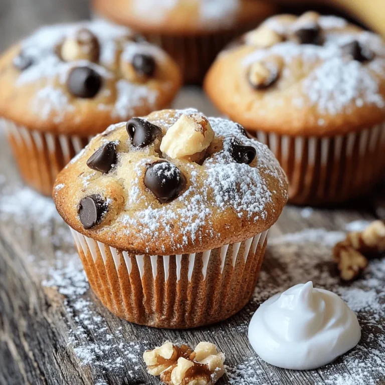 For these savory banana bread muffins, you need simple, fresh ingredients. Here’s the list: - 3 ripe bananas, well mashed - 1/3 cup coconut oil, melted - 1/2 cup packed brown sugar - 1 large egg, beaten - 1 teaspoon pure vanilla extract - 1 teaspoon baking soda - Pinch of salt - 1 cup all-purpose flour These key ingredients create a soft, delicious muffin. The ripe bananas add natural sweetness and moisture. The coconut oil adds richness, while brown sugar gives a nice, deep flavor. You can customize your muffins with some fun add-ins and toppings. Here are a few ideas: - 1/2 cup walnuts, chopped (optional) - 1/4 cup dark chocolate chips (optional) Adding walnuts gives a nice crunch. Dark chocolate chips add a sweet touch. You can also try dried fruit or different nuts for variety. If you have dietary needs, there are easy swaps you can make. Here are a few: - Use applesauce instead of oil for a lower-fat option. - Substitute the egg with flaxseed meal mixed with water for a vegan option. - Choose gluten-free flour for a gluten-free version. These substitutions keep the muffins tasty while meeting your needs. Enjoy baking these banana bread muffins, and remember to check the Full Recipe for detailed steps! Start by gathering all your ingredients. You need 3 ripe bananas, coconut oil, brown sugar, an egg, and vanilla extract. You will also need baking soda, salt, flour, and optional walnuts and chocolate chips. 1. Preheat your oven to 350°F (175°C). Line a muffin tin with paper liners or grease each cup lightly. 2. In a large bowl, mash the bananas well until they are smooth. Mix in the melted coconut oil until it blends nicely. 3. Add the brown sugar and beaten egg. Stir this mix until it is well combined. Then, pour in the vanilla extract for extra flavor. 4. Sprinkle baking soda and a pinch of salt over the mix. Gently fold them in to spread them evenly. 5. Gradually add the all-purpose flour. Stir until just combined. Avoid overmixing to keep the muffins soft. 6. If you choose to use them, fold in the chopped walnuts and dark chocolate chips. Now it's time to bake. Use a spoon or cookie scoop to fill each muffin cup about two-thirds full. This gives the muffins room to rise. 1. Place the muffin tin into the preheated oven. Bake for 18-20 minutes. 2. To check if they are done, insert a toothpick into the center of a muffin. If it comes out clean, they are ready. After baking, take the muffins out of the oven. Let them cool in the tin for about 5 minutes. Then, carefully move them to a cooling rack. For serving, these muffins taste best warm. You can lightly dust them with powdered sugar. Pair them with a dollop of coconut yogurt for a tasty touch. Enjoy your treat! For the full recipe, check out the details mentioned earlier. To make your muffins soft and moist, use ripe bananas. The riper the bananas, the sweeter and moister your muffins will be. I suggest mashing them well. This helps blend them into the batter. You can also add a bit of coconut oil. It keeps the muffins tender. Another trick is to avoid overmixing the batter. Mix just until the flour disappears. Overmixing can lead to tough muffins. Letting the batter rest for a few minutes helps too. This gives the flour time to absorb the liquid. One common mistake is using unripe bananas. They can make your muffins less sweet and dry. Always check for bananas with brown spots. Another mistake is not measuring ingredients correctly. Too much flour can make the muffins dense. Use a kitchen scale or spoon and level method for accuracy. Watch your baking time closely. Overbaking can lead to dry muffins. Test them with a toothpick. Insert it in the center; it should come out clean. When measuring flour, use a spoon to scoop it into your measuring cup. Then level it off with a knife or spatula. This method prevents packing the flour too tightly. For brown sugar, pack it down into the cup to get the right amount. Always read the recipe first. Make sure you have everything ready. This helps avoid mistakes while cooking. Gather your ingredients before you start. It makes the process smoother. For the Full Recipe of these tasty muffins, check the earlier sections. Happy baking! {{image_4}} You can make gluten-free banana bread muffins easily. Use a gluten-free flour blend instead of all-purpose flour. I recommend blends that contain rice flour, almond flour, or coconut flour. These flours provide a nice texture and flavor. Make sure to check the blend for xanthan gum. It helps bind the ingredients together. Follow the same steps from the Full Recipe, and you will have delicious gluten-free muffins! To make vegan banana muffins, swap the egg for a flax egg. Mix 1 tablespoon of ground flaxseed with 2.5 tablespoons of water. Let it sit for 5 minutes until it thickens. Replace the coconut oil with applesauce or another oil. Use plant-based milk, like almond or soy, instead of regular milk. These changes keep the muffins moist and tasty without any animal products. You can add fun flavors to your banana muffins! Try spices like cinnamon, nutmeg, or ginger. Just a pinch can change the taste. Vanilla extract is great, but you can also use almond or maple extract for a twist. Adding fruits like blueberries, strawberries, or dried cranberries makes the muffins even more exciting. Each variation brings its own unique taste and joy to your baking experience! To keep your banana bread muffins fresh, place them in an airtight container. You can also use a resealable plastic bag. Store them at room temperature for about 2 to 3 days. If you want them to last longer, consider refrigerating them. Just remember to let them cool completely before storing. Freezing is a great way to save banana bread muffins for later. First, let the muffins cool down completely. Then, wrap each muffin in plastic wrap or foil. Place them in a freezer-safe bag or container. They can last up to 3 months in the freezer. When you're ready to enjoy them, just thaw them in the fridge overnight. To enjoy your muffins later, you can reheat them easily. If they are at room temperature, pop them in the microwave for 10 to 15 seconds. If they are cold from the fridge or freezer, heat them for about 30 seconds. You can also warm them in an oven. Preheat the oven to 350°F (175°C) and bake for about 5 to 10 minutes. Enjoy them warm for the best taste! For the full recipe, check out the Banana Bliss Muffins. Yes, you can use frozen bananas. Just thaw them first. Once thawed, mash them well before mixing. Frozen bananas actually add great sweetness and moisture. They work well in these muffins! Banana muffins last for about 3 to 5 days at room temperature. Store them in an airtight container. If you want them to last longer, keep them in the fridge for up to a week. They can also freeze well for up to three months. You can replace the egg with 1/4 cup of unsweetened applesauce. This will keep the muffins moist and tasty. You can also use a flax egg. To make a flax egg, mix 1 tablespoon of ground flaxseed with 2.5 tablespoons of water. Let it sit for a few minutes until it thickens. Both options work great in this recipe! For the full recipe, check out the above details. You now know how to make delicious banana bread muffins. We covered essential ingredients, step-by-step instructions, and helpful tips. You learned about variations for different diets and storage methods to keep them fresh. Remember, small changes can make a big difference in taste and texture. Enjoy experimenting with add-ins and flavors. You have the knowledge to impress yourself and others with your baking skills. Happy baking!