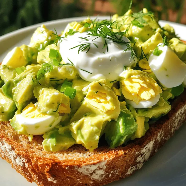 - Ripe avocado - Large eggs - Greek yogurt - Dijon mustard - Fresh lemon juice - Fresh dill - Green onion - Salt and black pepper - Calories per serving: About 200 calories - Breakdown of macronutrients: - Protein: 10g - Carbohydrates: 6g - Fat: 15g This avocado egg salad gives you plenty of healthy protein and fats. Each serving is balanced and satisfying. The ripe avocado adds creaminess, while the eggs provide solid protein. Greek yogurt brings in extra protein and tang. The Dijon mustard and lemon juice add a zesty kick. With this dish, you enjoy a nutrient-rich meal that keeps you full. It's perfect as a lunch or snack, and you can feel good about what you're eating. You can find the full details of this recipe in the Full Recipe section. To start, place the eggs in a medium pot. Cover them with cold water, with about an inch above the eggs. Turn the heat to medium. Bring the water to a gentle boil. Once it boils, cover the pot and take it off the heat. Let the eggs cook in the steam for 12-14 minutes. This method gives you the perfect hard-boiled egg. Next, prepare an ice bath. Fill a large bowl with cold water and ice. This will help cool the eggs quickly and stop the cooking. After the resting time, move the eggs to the ice bath. Let them sit for 5-10 minutes. This step makes peeling easy. Once cooled, tap each egg on a hard surface to crack the shell. Carefully peel off the shell. Then chop the eggs into small pieces. In a large bowl, take your ripe avocado. Use a fork to mash it until smooth and creamy. You can leave some small chunks for texture if you want. Now, add flavorings to the mashed avocado. Mix in the Greek yogurt, Dijon mustard, fresh lemon juice, finely chopped dill, and a pinch of salt and pepper. Stir this mixture until it becomes a creamy, flavorful base. It’s time to combine everything. Gently fold the chopped eggs into the avocado mixture. Use a spatula to mix, but be careful to keep the eggs intact. You want them evenly coated in the creamy avocado mix. After combining, taste your egg salad. Adjust the seasoning with more salt or pepper if needed. This step ensures your dish is just right. For the full recipe, check the detailed instructions above. Enjoy your protein-packed avocado egg salad! Cooking eggs perfectly is key for this recipe. Timing matters a lot. For hard-boiled eggs, let them sit in hot water for 12-14 minutes. This gives you firm yolks without a grey ring. Peeling eggs can be tricky. To make it easy, chill the eggs in an ice bath right after boiling. This stops the cooking and helps the shells come off smoothly. Tap each egg gently on a hard surface to crack the shell. Then, peel it under running water. The water helps remove any stubborn bits of shell. Add some spice to your egg salad! Try mixing in a pinch of smoked paprika or a dash of cayenne. These spices give a nice kick without overpowering the dish. You can also adjust the texture. Want it creamier? Add more Greek yogurt. For a chunkier salad, leave some avocado pieces intact. This creates a fun contrast in the dish. Serving this egg salad is all about style. You can pile it on toasted whole grain bread for a hearty snack. Or, scoop it into crisp lettuce cups for a light option. To make it look even better, garnish with extra dill or sliced green onions. These touches add a pop of color and freshness. For more ideas, check the Full Recipe for tips on how to present your dish beautifully. {{image_4}} You can swap Greek yogurt for other ingredients. For a creamier base, try sour cream. If you want a lighter option, use plain yogurt. For vegan lovers, mashed silken tofu works great. It adds creaminess without eggs or dairy. Want to kick up the flavor? Add in some veggies! Diced bell peppers or cucumbers add crunch. You can also toss in some diced celery for a fresh taste. For a protein boost, mix in shredded chicken or canned tuna. This adds protein and makes the salad heartier. You have many ways to serve this salad. For wraps, spread it in a tortilla. Roll it up with some greens, and you have a tasty lunch. If you prefer sandwiches, use whole grain bread or a bagel. You can also scoop it into lettuce leaves for a low-carb option. Each style offers a fun twist! To keep your avocado egg salad fresh, start by placing it in an airtight container. This helps to prevent air from getting in and keeps it tasty. Store the salad in the fridge right after making it. It’s best to eat it within 3 days. After that, the avocado may brown and the eggs could lose their texture. Can you freeze avocado egg salad? No, I don’t recommend freezing it. The avocado will change in texture when thawed. Instead, enjoy it fresh. If you do have leftovers, eat them within a few days for the best flavor. If you want to reuse any leftovers, just take the salad out of the fridge. Give it a good stir before serving. You can also add a splash of lemon juice to brighten the flavors again. To make the best avocado egg salad, follow these steps: - Cook the eggs: Start with large eggs. Use the boiling method for perfect hard-boiled eggs. After boiling, cool them in an ice bath for easy peeling. - Mash the avocado: Use a ripe avocado. Mash it until smooth, but leave some chunks for texture. - Mix in flavor: Add Greek yogurt, Dijon mustard, fresh lemon juice, dill, salt, and pepper to the mashed avocado. This creates a creamy and flavorful base. - Fold in eggs: Chop the cooled eggs into small pieces. Gently fold them into the avocado mixture. Be careful to keep the eggs intact. - Taste and adjust: Always taste your salad. Adjust with more salt, pepper, or lemon juice as needed. These steps ensure rich flavor and a great texture in your salad. Yes, you can make egg salad ahead of time! - Best timeline: For optimal flavor and freshness, prepare it no more than one day ahead. - Storage: Store the salad in an airtight container in the fridge. This keeps it fresh and safe to eat. - Serving tip: Stir it again before serving. This helps mix the flavors that may have settled. Making it ahead saves time for busy days! You can serve avocado egg salad with many tasty options: - Toast: Spread it on whole grain or sourdough toast. - Lettuce wraps: Use crisp lettuce leaves for a low-carb option. - Veggies: Serve with sliced cucumbers or bell peppers. They add crunch and freshness. - Chips: Pair with tortilla chips for a fun twist. These sides create a complete and satisfying meal. For the full recipe, check out the [Full Recipe]. In this blog post, I shared how to make a tasty avocado egg salad. You learned about the key ingredients, like ripe avocados and eggs, plus their healthy benefits. I covered step-by-step instructions for cooking eggs and preparing the mix. You also got helpful tips for perfecting flavors and presentation. Remember, you can customize this salad with different ingredients and serve it in various ways. Experiment to find your favorite version. Enjoy your delicious creation, and make it your own!