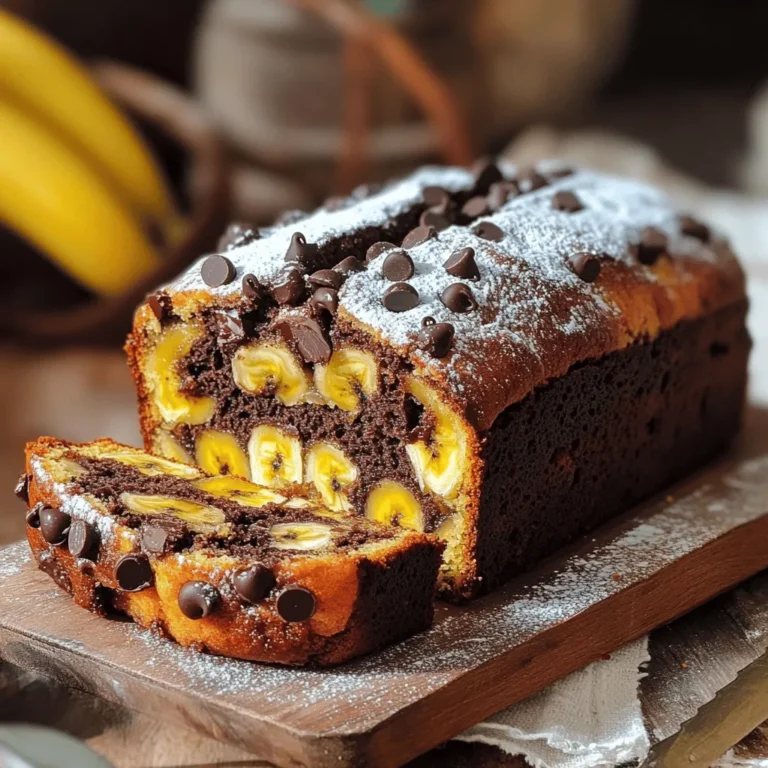- 3 ripe bananas, finely mashed - 1/2 cup unsalted butter, melted until slightly cool - 1/2 cup light brown sugar, packed - 1/4 cup granulated sugar - 2 large eggs, at room temperature - 1 teaspoon pure vanilla extract - 1 teaspoon baking soda - Pinch of fine salt - 1 1/2 cups all-purpose flour, spooned and leveled - 1 cup semi-sweet chocolate chips, plus extra for topping - 1/2 cup chopped walnuts (optional) Choosing the right ingredients is key for great chocolate chip banana bread. Use ripe bananas for the best flavor. The butter should be melted but not hot. This helps the other ingredients mix well. Brown sugar adds moisture and a rich taste. Granulated sugar gives sweetness and a nice texture. Eggs should be at room temperature to blend easier. Make sure to use pure vanilla extract. It makes a big difference in flavor. Baking soda helps the bread rise. Always add a pinch of salt to enhance the sweetness. For the flour, spoon and level it to avoid packing. Too much flour makes the bread heavy. Chocolate chips are a must for that sweet burst with every bite. If you like nuts, walnuts add a nice crunch. Each slice of this banana bread offers a balance of flavors and nutrients. One slice contains about 200 calories. It has 8 grams of fat, 30 grams of carbs, and 3 grams of protein. This makes it a tasty treat, but enjoy it in moderation. Here’s what you need to make this delicious treat: - Mixing bowls - Measuring cups - Loaf pan - Whisk - Spatula These tools help you mix, measure, and bake easily. Using the right equipment makes your baking experience smooth and fun. You can find the full recipe in my Choco-Banana Delight guide. Preheat your oven to 350°F (175°C). This step warms the oven for even baking. While your oven heats, prepare a 9x5-inch loaf pan. You can grease it lightly with butter or use parchment paper. This will help your bread come out easily. Start by combining the ingredients. In a large bowl, mash three ripe bananas until smooth. Add half a cup of melted butter to the bananas. Mix them well. Then, stir in half a cup of light brown sugar and a quarter cup of granulated sugar. Make sure the sugars dissolve completely. Next, add two large eggs and one teaspoon of pure vanilla extract. Beat the mixture until it is smooth. Now, let's incorporate the dry ingredients. In another bowl, whisk together one teaspoon of baking soda, a pinch of fine salt, and one and a half cups of all-purpose flour. Slowly add the dry mix to the wet mix. Fold gently with a spatula until just combined. Be careful not to over-mix, as that can make the bread tough. Finally, fold in one cup of semi-sweet chocolate chips. If you like, add half a cup of chopped walnuts too. Pour the batter into the prepared loaf pan. Use a spatula to smooth the top. If you want, sprinkle a few extra chocolate chips on top for a nice look. Bake in the oven for 60-65 minutes. To check if it’s done, insert a toothpick into the center. It should come out clean or with a few moist crumbs. Once baked, remove the loaf from the oven. Let it cool in the pan for about 10 minutes. Then, transfer the bread to a wire rack to cool completely. For the full recipe, you can refer back to the ingredients section. To get the best texture in your chocolate chip banana bread, pay close attention to how you mix. Start with ripe bananas that are soft. This helps them blend easily. Use melted butter that is cool, not hot. If the butter is too hot, it can cook the eggs. Mix the wet ingredients first. Then add the dry ones slowly. Fold gently to combine. This keeps your bread light and fluffy. Over-mixing can make it dense, so be careful. To make your banana bread even tastier, try adding spices. Cinnamon adds warmth and depth to the flavor. Nutmeg brings a nice touch of sweetness. You could also add a splash of almond extract for a unique twist. If you want a hint of zest, a little lemon or orange zest can brighten the taste. Each of these ideas can elevate the classic recipe. Serving your chocolate chip banana bread can be fun! Slice it warm and place it on a nice platter. You can sprinkle powdered sugar on top for a sweet finish. For a special treat, spread some butter or peanut butter on each slice. Pair it with coffee or tea for a delightful snack. This makes it not just tasty but also visually appealing. Enjoy sharing it with friends and family! {{image_4}} To make this delicious banana bread gluten-free, you can swap all-purpose flour for gluten-free flour. Brands like Bob's Red Mill and King Arthur Flour work well. Use a 1:1 gluten-free flour blend for easy results. This keeps the taste and texture close to the classic version. If you want a vegan twist, replace the eggs with flaxseed meal. Mix 1 tablespoon of flaxseed meal with 2.5 tablespoons of water for each egg. Let it sit for a few minutes to thicken. You can also use applesauce or mashed banana as a binder. This keeps your banana bread moist and tasty. You can make your banana bread even more fun with mix-ins! Try adding dried fruit, like raisins or cranberries, for a sweet touch. Shredded coconut adds a tropical flair. If you love crunch, chop up some pecans or almonds. These extras make each bite exciting and unique. For the best results, mix in about 1/2 cup of your chosen add-ins. To keep your chocolate chip banana bread fresh, follow these steps: - Let the bread cool completely before storing. - Wrap it tightly in plastic wrap or aluminum foil. - Place it in an airtight container to seal in moisture. This method helps maintain its soft texture and rich flavor. If you have many slices, you can layer them with parchment paper to prevent sticking. Want to save some for later? You can freeze banana bread easily. Here’s how: - First, cool the bread completely. - Wrap it well in plastic wrap, then in foil. - Label it with the date to track how long it’s in the freezer. To defrost, simply take it out and leave it at room temperature for a few hours. You can also microwave a slice for about 15-30 seconds for a quick treat. How long does chocolate chip banana bread last? - At room temperature, it stays fresh for about 3-4 days when stored properly. - In the fridge, it can last up to a week. - If frozen, it can keep its quality for about 3 months. Using these tips, you can enjoy this delicious treat longer! For the full recipe, check out the [Full Recipe]. Yes, you can use frozen bananas! Just thaw them first. Frozen bananas work well because they become very soft. This makes them easy to mash. When you use them, they add extra moisture to your bread. This keeps the banana bread tender. Make sure to drain any excess liquid after thawing. This way, your batter will not be too wet. Dense banana bread can happen for a few reasons. First, you may have over-mixed the batter. This can develop too much gluten, making the bread heavy. Second, using too much flour can lead to density. Always spoon and level flour instead of scooping directly. Lastly, old baking soda may not rise the bread well. Check the expiration date before using. Overripe bananas have many uses beyond banana bread. You can make smoothies or pancakes with them. They are also great in oatmeal or yogurt. Try mashing them and adding to muffins or cookies. You can even freeze them to use later. Just peel them and store in a bag. This way, you can enjoy their sweetness anytime! If you want the full recipe for chocolate chip banana bread, check out the recipe above. You learned the key ingredients for chocolate chip banana bread. We discussed how to mix the batter, bake it, and achieve the right texture. You now have tips for storage, variations, and even answers to common questions. Banana bread is an easy treat you can make your own. Enjoy experimenting with flavors and save your leftovers easily. Happy baking!