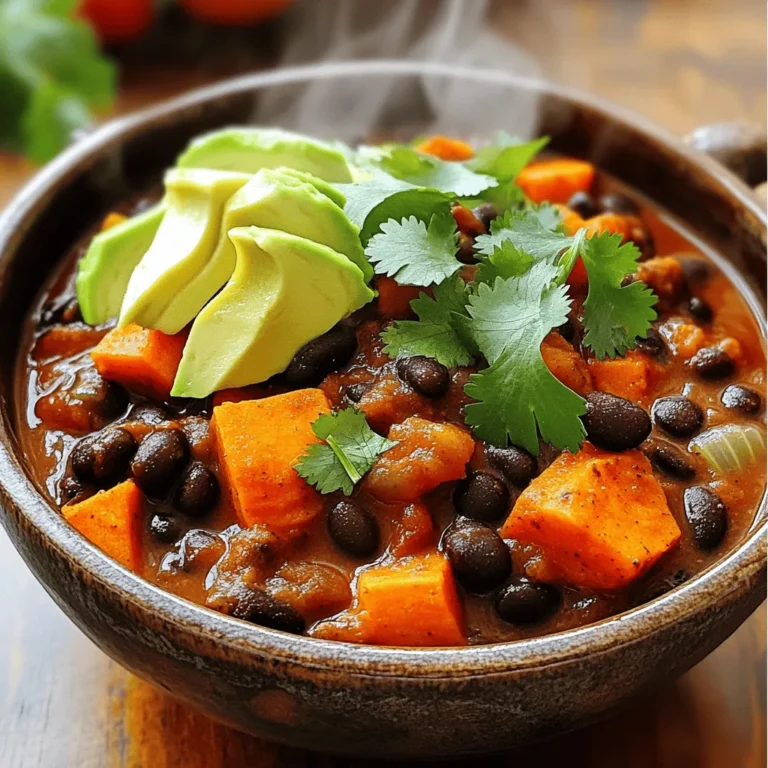 The key to a great Sweet Potato Black Bean Chili lies in using fresh, vibrant ingredients. Here's what you'll need: - 2 medium sweet potatoes, peeled and diced - 1 can (15 oz) black beans, drained and rinsed - 1 can (14 oz) diced tomatoes with green chilies - 1 medium onion, finely chopped - 3 cloves garlic, minced - 2 tablespoons chili powder - 1 teaspoon ground cumin - 1 teaspoon smoked paprika - 1 bell pepper, diced - 2 cups low-sodium vegetable broth - 1 tablespoon extra virgin olive oil - Salt and freshly cracked black pepper - Fresh cilantro leaves, chopped (for garnish) - Avocado slices (optional) Each ingredient brings its own flavor and texture. Sweet potatoes add creaminess and sweetness. Black beans offer protein and fiber. Diced tomatoes with green chilies give a nice kick. Onions and garlic create a savory base. Spices like chili powder, cumin, and smoked paprika add depth. Bell peppers add crunch and color. Vegetable broth ties it all together. When you combine these ingredients, you create a warm, hearty meal. It’s perfect for a cozy night in or when you need a filling dish. For the full recipe, check out the Full Recipe section. - Warm olive oil in a pot over medium heat. - Sauté the chopped onion and diced bell pepper for about 5 minutes. - Add the minced garlic and stir for one minute until fragrant. - Stir in the diced sweet potatoes along with the chili powder, cumin, and smoked paprika. - Pour in the vegetable broth and bring the mixture to a boil. - Reduce heat and simmer for about 15 minutes until the sweet potatoes are tender. - Add the drained black beans and diced tomatoes into the pot. - Season with salt and pepper to taste. - Simmer uncovered for another 10 minutes to let the flavors meld. This method creates a rich and hearty chili. For more details, check the Full Recipe. Enjoy the comforting warmth of this dish! To boost the taste of your Sweet Potato Black Bean Chili, use fresh herbs for garnish. They add a bright flavor and a lovely look. You can choose cilantro or even green onions. Adjust spices to match your taste. If you want more heat, add extra chili powder or diced jalapeños. For a milder flavor, cut back on the spices. Achieving the perfect texture is key. To soften the sweet potatoes, make sure to cut them into small ½-inch cubes. This helps them cook evenly and quickly. When you sauté the onions and bell pepper, cook them until they are soft and fragrant. This step adds a rich flavor base to your chili. When serving your chili, use colorful bowls for visual appeal. Bright bowls make the dish look inviting and fun. Garnish each bowl with fresh cilantro and avocado slices. You can also add a lime wedge on the side. This not only looks good but adds a zesty flavor when squeezed over the chili. For the full recipe, refer to the earlier section. {{image_4}} You can change the beans in this chili. Try kidney beans or pinto beans instead of black beans. Each bean brings its own flavor and texture. Adding more vegetables can also make the chili richer. Consider corn, zucchini, or carrots for extra nutrients and color. They will cook well and add a nice crunch. Want more heat? You can add fresh jalapeños or serrano peppers. Just chop them finely and add them when you sauté the onions. For mild chili, use sweet bell peppers without any hot peppers. Hot sauce can also help. Add it when you serve the chili for a spicy kick. This chili is easy to make gluten-free. Just check the broth label to ensure it's gluten-free. You can also make it vegan. All the ingredients are plant-based, so it’s ready for everyone. If you're looking for a creamier texture, add coconut milk instead of broth or top with cashew cream. For the full recipe, check the earlier section. Enjoy your cooking! To store your sweet potato black bean chili, let it cool first. Place it in a container. I recommend using glass or BPA-free plastic. These containers keep the chili fresh. Make sure to seal them tightly. You can store leftovers in the fridge for up to five days. If you want to save some chili for later, freezing works great. Pour the cooled chili into freezer-safe bags or containers. Leave some space at the top for expansion. This chili lasts for about three months in the freezer. When you’re ready to enjoy it, thaw it overnight in the fridge. Reheating chili is simple. You can use the stovetop or microwave. For stovetop, heat it in a pot over medium heat. Stir it often to prevent sticking. For the microwave, place it in a bowl and cover it with a lid or a plate. Heat in short bursts, stirring in between. This keeps the flavor strong. Enjoy your chili just as delicious as when you first made it! Yes, you can definitely make this chili in a slow cooker. Here are the steps: - First, sauté the onion and bell pepper in olive oil. - Then, add the garlic and spices to the pot. - Next, mix in the sweet potatoes. - Transfer all of this to the slow cooker. - Pour in vegetable broth, black beans, and diced tomatoes. - Cook on low for 6 to 8 hours or on high for 3 to 4 hours. This method lets the flavors blend nicely. To add some heat, try these simple tips: - Add diced jalapeños or serrano peppers. - Use a spicier chili powder. - Mix in some cayenne pepper with the spices. - A few dashes of hot sauce can also do the trick. Experiment to find the right balance for your taste. Toppings can really enhance your chili experience. Here are some great options: - Crumbled feta or goat cheese for creaminess. - Diced green onions for a fresh crunch. - Sour cream or yogurt to cool the heat. - Chips or cornbread for added texture. Feel free to mix and match these toppings! This chili is packed with healthy ingredients. Sweet potatoes are rich in fiber and vitamins. Black beans provide protein and iron. Tomatoes offer antioxidants, while spices add flavor without extra calories. Eating this chili gives you a hearty meal that’s good for your body. Absolutely! This chili is perfect for meal prep. Here are the best practices: - Make a big batch and store it in airtight containers. - Keep it in the fridge for up to 5 days. - You can also freeze portions for a later date. - Reheat on the stove or in the microwave before serving. This makes weeknight dinners a breeze! For the full recipe, check out the [Full Recipe]. This chili recipe combines sweet potatoes and black beans for a rich flavor. You learned how to prepare the base, cook the ingredients, and enhance the taste. Remember the tips for storage and reheating to keep it fresh. Feel free to try variations to suit your taste or dietary needs. Enjoy exploring the many ways to make this dish your own! With the right ingredients and methods, creating delicious meals can be easy and fun.