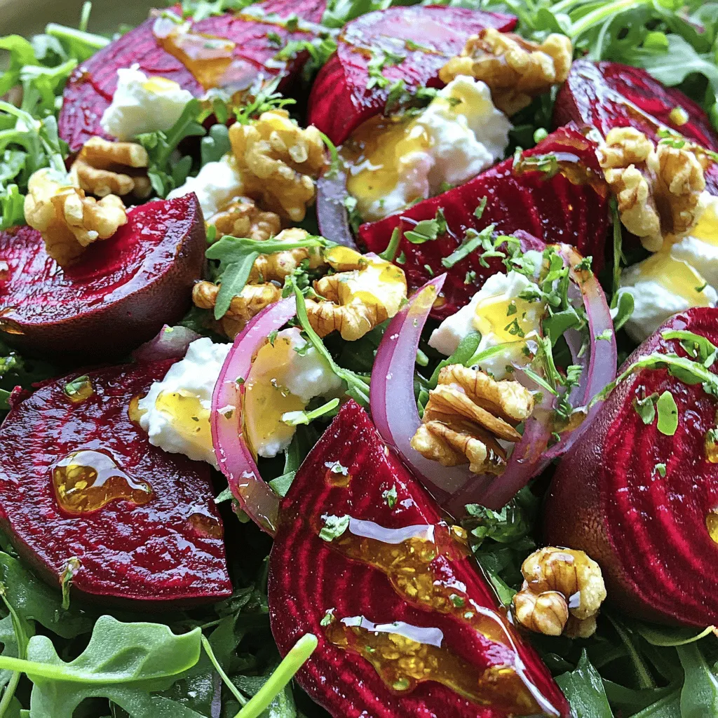 To create this vibrant Roasted Beet and Goat Cheese Salad, you’ll need the following fresh ingredients: - 4 medium-sized beets, with tops removed - 2 cups fresh arugula or a mix of vibrant salad greens - 1/2 cup creamy goat cheese, crumbled - 1/4 cup walnuts, toasted and coarsely chopped - 1/4 red onion, sliced thinly - 3 tablespoons extra virgin olive oil - 2 tablespoons balsamic vinegar - 1 tablespoon honey - Salt and freshly ground black pepper to taste Each ingredient plays an important role in this salad. The beets bring a lovely earthy flavor and bright color. The arugula adds a peppery taste, while the goat cheese offers a creamy richness. Walnuts add crunch, and red onion gives a sharp bite. The honey vinaigrette ties it all together, creating a flavor burst that you’ll love. For the full recipe, including step-by-step instructions, check out the [Full Recipe]. - Set oven to 400°F (200°C). - Wrap beets in aluminum foil, drizzle olive oil, and sprinkle with salt. - Place on a baking sheet and roast for 45-60 minutes. - Cool, peel, and cut beets into wedges. - Combine olive oil, balsamic vinegar, honey, salt, and pepper. - Whisk until smooth. - In a large bowl, add greens, beet wedges, red onion, and walnuts. - Drizzle vinaigrette over the salad and toss gently. - Transfer salad to a serving platter, sprinkle goat cheese, and serve fresh. For the full recipe, check out the details above. Enjoy this salad! - Serve in a shallow bowl to highlight colors. - Garnish with mint or parsley sprigs for a fresh touch. When you present this salad, think about how to show off those rich colors. The deep reds of the beets contrast beautifully with the green arugula. A shallow bowl works best to let these colors shine. Adding fresh mint or parsley not only looks pretty but also adds a nice aroma. - Alternative greens: Spinach or kale for a different taste. - Use feta cheese instead of goat cheese if you prefer. If you can’t find arugula, spinach or kale are great choices. They bring their own flavor and nutrition. Feta cheese gives a tangy taste that works well too. Feel free to mix and match based on what you have at home. - Add fresh herbs like dill or basil for extra zest. - Incorporate roasted cherry tomatoes for added flavor. To take this salad up a notch, fresh herbs can make a big difference. Dill or basil adds depth and freshness. Roasted cherry tomatoes bring a sweet burst that complements the beets perfectly. Try these options for a unique twist on the classic dish. {{image_4}} You can change up your salad based on the seasons. One fun way is to add seasonal fruits. Slices of pears or apples bring a sweet crunch. They balance the earthiness of the beets and cheese. Another great option is to toss in roasted pumpkin seeds. They add a tasty crunch and healthy fats. You can use these seeds in the fall for a cozy touch. If you want to make this salad vegan, it's simple! Just leave out the goat cheese. Instead, try using agave syrup in the dressing. This sweetener keeps the flavor bright and fresh. For those needing gluten-free options, check your dressings. Make sure they are certified gluten-free. This way, everyone can enjoy the salad without worry. These variations keep your Roasted Beet and Goat Cheese Salad lively and fun. You can always explore new flavors while enjoying this classic dish. - Keep in an airtight container in the fridge for up to 3 days. - Separate dressing from salad for longer freshness. This helps maintain the crispness of the greens and the creaminess of the cheese. - Best enjoyed cold; avoid reheating due to texture changes. The beets may become mushy, and the salad will lose its fresh taste. Instead, serve it chilled straight from the fridge for a delightful crunch! Yes, prepare the components and assemble just before serving. This keeps the greens fresh. Beets are rich in fiber, vitamins, and minerals. They are good for heart health, too. They should be tender enough to easily pierce with a fork. If they resist, roast longer. Yes, grilled chicken or quinoa makes great additions. Both options add flavor and nutrition. Honey vinaigrette complements the flavors well. You could also use a lemon vinaigrette for a twist. Roasted Beet and Goat Cheese Salad is a delightful dish. It mixes vibrant colors and flavors. Here is the full recipe for you to enjoy. Ingredients: - 4 medium-sized beets, with tops removed - 2 cups fresh arugula or a mix of vibrant salad greens - 1/2 cup creamy goat cheese, crumbled - 1/4 cup walnuts, toasted and coarsely chopped - 1/4 red onion, sliced thinly - 3 tablespoons extra virgin olive oil - 2 tablespoons balsamic vinegar - 1 tablespoon honey - Salt and freshly ground black pepper to taste Instructions: 1. Preheat Oven: Set your oven to 400°F (200°C). This heats up for the beets. 2. Prepare Beets: Wrap each beet in aluminum foil. Drizzle olive oil and sprinkle salt on them. Place them on a baking sheet for easy handling. 3. Roasting Beets: Put the baking sheet in the oven. Roast for about 45-60 minutes. They should be tender and easy to pierce with a fork. After roasting, let them cool. Then, peel off the skins and cut them into wedges. 4. Make Vinaigrette: In a small bowl, mix olive oil, balsamic vinegar, honey, salt, and pepper. Whisk until smooth and set aside. 5. Combine Salad Ingredients: In a large bowl, add arugula or mixed greens, roasted beet wedges, red onion, and walnuts. 6. Dress the Salad: Drizzle the honey vinaigrette over the salad mix. Toss gently, coating everything well. 7. Plate the Salad: Transfer the salad to a serving platter or individual plates. Sprinkle the crumbled goat cheese on top. 8. Serve and Enjoy: This salad shines when served fresh. Enjoy the burst of colorful flavors! Prep time is just 15 minutes, and total time is about 1 hour and 15 minutes. This recipe serves four people. Presentation Tips: Serve in a large, shallow bowl. This highlights the salad’s vibrant colors. For a fresh touch, add mint or parsley sprigs. You can drizzle a little honey on top for extra sweetness. In this post, we explored how to create a delicious Roasted Beet and Goat Cheese Salad. You learned about the fresh ingredients, step-by-step instructions, and helpful tips to make it shine. Remember, you can easily customize this salad with seasonal fruits or dietary alternatives. It's not only tasty but also nutritious. Enjoy this vibrant dish as a meal or a side. Make it your own, and share it with family and friends next time!