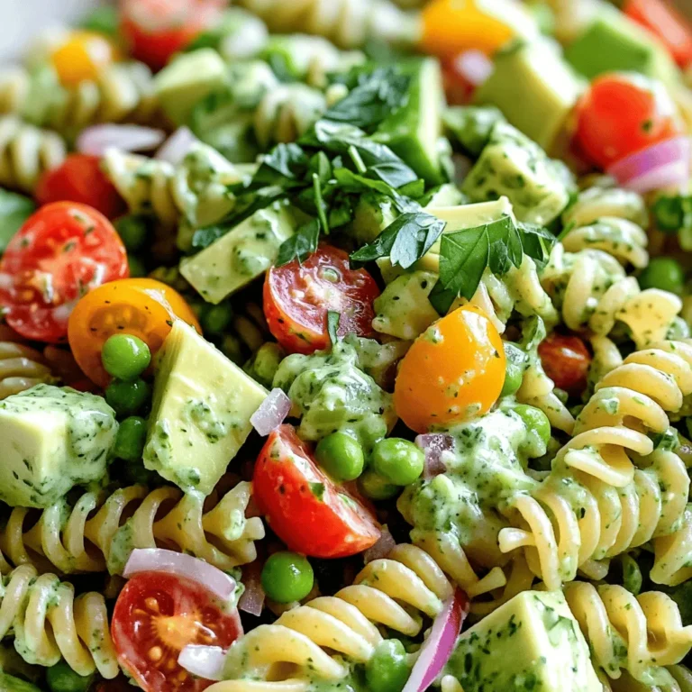 The Green Goddess Pasta Salad is colorful and packed with flavor. Here’s what you need: - 8 oz whole grain pasta (fusilli or penne) - 1 cup cherry tomatoes, halved - 1 cucumber, diced - 1 bell pepper (any color), chopped - 1 cup frozen peas, thawed and drained - ½ cup red onion, finely diced - 1 ripe avocado, diced - ½ cup fresh parsley, roughly chopped - ½ cup fresh basil, roughly chopped - 1 tablespoon fresh lemon juice - ¼ cup plain Greek yogurt - ¼ cup extra virgin olive oil - 1 tablespoon Dijon mustard - Salt and freshly ground pepper to taste You can mix and match veggies based on what you like. Fresh herbs bring bright flavors. The creamy dressing makes the salad rich and satisfying. For the full recipe, check the instructions in the next section. Enjoy the fresh taste with every bite! To start, boil a large pot of salted water. Add 8 oz of whole grain pasta. Cook it according to the package instructions. This usually takes about 8 to 10 minutes. Once the pasta is al dente, drain it in a colander. Rinse the pasta under cold water. This cools it down and stops the cooking process. Next, prepare the dressing. In a high-speed blender, add ¼ cup of plain Greek yogurt, ¼ cup of extra virgin olive oil, 1 tablespoon of fresh lemon juice, and 1 tablespoon of Dijon mustard. Blend these ingredients until smooth. Then, add ½ cup of fresh parsley and ½ cup of fresh basil. Season the dressing with salt and pepper to taste. Now, it’s time to mix everything. In a large mixing bowl, add the cooled pasta. Then, add the vegetables: 1 cup of halved cherry tomatoes, 1 diced cucumber, and 1 chopped bell pepper. Don't forget 1 cup of thawed peas and ½ cup of finely diced red onion. Toss in 1 ripe diced avocado. Finally, pour the prepared dressing over the salad. Gently mix everything until the pasta and veggies are well coated. For the complete recipe, check [Full Recipe]. - Use fresh herbs for a more vibrant flavor. Fresh parsley and basil make a big difference. - Adjust seasoning to achieve the desired taste. Taste your dressing as you mix it. - Chill salad for enhanced flavor. Let it sit in the fridge for at least 30 minutes. - Garnish with extra herbs or avocado slices for presentation. A touch of green adds beauty. - Use pre-cut vegetables to save preparation time. Many stores offer these, making life easier. - Make dressing ahead of time for quick assembly. This way, you can mix the salad in minutes. Enjoy these tips to make your Green Goddess Pasta Salad even better! For the full recipe, check above. {{image_4}} You can boost your Green Goddess Pasta Salad with protein. Adding grilled chicken or shrimp gives it a tasty twist. If you prefer plant-based options, try chickpeas. They add great texture and flavor. For a vegan dressing, swap Greek yogurt for creamy avocado or cashews. This keeps it rich and delicious without dairy. The greens you use can change the salad's flavor. Spinach, arugula, or kale work well. Each green adds its own nutrients. You can also switch herbs based on your taste. Try dill or cilantro for a fresh twist. Mixing different greens makes the salad colorful and healthy. If you need a gluten-free option, use gluten-free pasta. It tastes just as good as regular pasta. You can also change the ingredient amounts. This helps if you need smaller or larger portions. Adjusting the recipe makes it fit your specific needs. Always feel free to make it your own! Store your Green Goddess Pasta Salad in an airtight container. It will stay fresh for up to 3 days. While it’s best enjoyed fresh, the flavors actually improve after chilling. I love letting it sit overnight. It gives the herbs time to blend and enhances the overall taste. Freezing this salad isn’t a great idea. It can change the texture of the fresh ingredients. The creamy dressing can separate, and the veggies may get mushy. Fresh ingredients are best when used right away. Enjoy them at their peak! If you need to serve it later, enjoy it cold or at room temperature. Avoid using a microwave, as this can ruin the texture and flavor. The salad is vibrant and tasty cold, making it a perfect dish for warm days or picnics. For the best experience, stick to serving it fresh or slightly chilled. Green Goddess dressing has a bright and fresh taste. It includes herbs, lemon juice, yogurt, and olive oil. The herbs often used are parsley and basil. These ingredients come together to make a creamy and zesty dressing. You can easily adjust it to taste. Add more herbs for a stronger flavor. Yes, you can make this salad ahead of time. It is actually ideal to chill it before serving. Chilling helps the flavors mix and develop. Aim to let it sit in the fridge for at least 30 minutes. If you make it a day before, the taste will be even better. If you don’t have Greek yogurt, don’t worry! You can use sour cream as a great substitute. Another option is dairy-free yogurt if you want a vegan choice. You can even use mashed avocado for a creamy texture. All these options work well with the dressing. When stored correctly, this salad stays fresh for up to 3 days. Make sure to keep it in an airtight container. The flavors will meld together, making it even tastier. However, it’s best to enjoy it fresh for the best texture and taste. If you notice any changes in smell or texture, it's best to toss it out. This pasta salad is fresh, healthy, and easy to make. We combined whole grain pasta with colorful veggies, creamy dressing, and vibrant herbs. Remember, you can add proteins or swap ingredients based on your taste. The salad stays fresh for three days but tastes even better after chilling. Enjoy creating your delicious twist on this recipe. This dish is perfect for any occasion, making it a great choice for meals and gatherings.