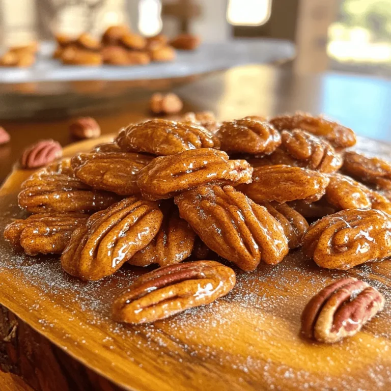 To make the best cinnamon sugar candied pecans, gather these key ingredients: - 2 cups pecan halves - 1 cup granulated sugar - 1 teaspoon ground cinnamon - 1/4 teaspoon salt - 1/4 cup unsalted butter - 1/2 teaspoon vanilla extract - 1/4 cup water These ingredients come together to create a sweet, crunchy treat that everyone loves. You can add a few optional ingredients to boost flavor: - A pinch of nutmeg for warmth - A splash of maple syrup for extra sweetness - A dash of cayenne pepper for a spicy kick These additions can make your pecans unique and exciting. Before you start cooking, make sure you have these tools: - A medium-sized saucepan - A baking sheet lined with parchment paper - A stirring spoon for mixing - An oven for baking Having these tools ready makes your cooking process smooth and fun. For the full recipe, check the detailed instructions. Start by gathering all your ingredients. You will need: - 2 cups pecan halves - 1 cup granulated sugar - 1 teaspoon ground cinnamon - 1/4 teaspoon salt - 1/4 cup unsalted butter - 1/2 teaspoon vanilla extract - 1/4 cup water Preheat your oven to 350°F (175°C). Line a baking sheet with parchment paper. This will help keep the pecans from sticking and make cleanup easy. In a medium-sized saucepan, mix the sugar, cinnamon, and salt. Stir them well to combine. Add the butter, water, and vanilla extract to the dry mix. Heat the saucepan over medium heat. Stir constantly until the mixture boils. Once it boils, reduce the heat and let it simmer for 1-2 minutes. This thickens the mixture, making it stick better to the pecans. Carefully add the pecan halves to the saucepan. Stir gently until all the pecans are coated in that sweet mixture. Now, transfer the coated pecans to your baking sheet. Spread them out in a single layer. This ensures even cooking. Place the sheet in the oven and bake for 10-15 minutes. Stir the pecans once or twice while baking. This helps them brown evenly. Once they look golden brown, take them out. Let the pecans cool completely on the baking sheet. They will harden as they cool, giving you that perfect crunch. Once cooled, break apart any clusters and enjoy your treat! For the full recipe, refer back to the beginning. To get that perfect coating on your pecans, follow these steps: - Mix sugar and cinnamon well before cooking. - Use a heavy saucepan to heat the mixture evenly. - Stir the pecans in the gooey mix quickly. This ensures each one is coated. - Remember, a thick coating creates a satisfying crunch. Some common slip-ups can ruin your candied pecans. Here’s how to avoid them: - Don’t rush the boiling process. Let it bubble well for thickening. - Keep an eye on the oven. They can burn fast if left unattended. - Avoid overcrowding on the baking sheet. This helps them cook evenly. - Let them cool completely before handling. They need time to set. If you want a healthier treat, consider these options: - Use coconut sugar instead of granulated sugar. It has a lower glycemic index. - Try maple syrup for a more natural sweetness. It adds a unique flavor too. - Experiment with honey, but remember it may change the texture. - Always adjust the amount to keep the right flavor balance. These tips will help you make cinnamon sugar candied pecans that are simply delightful. For the complete recipe, check out the full recipe section! {{image_4}} If you want a kick, try spicy cinnamon sugar pecans. Add cayenne pepper to the sugar mix. Start with just a pinch, then taste and adjust. The heat pairs well with the sweet. This twist adds fun to your snack! You can mix in other nuts for a nutty blend. Almonds or walnuts work great. Use the same coating method. Just make sure to keep the ratios similar. You’ll enjoy the different textures and flavors. A nut mix makes your snack more interesting. Combine sweet and savory for a unique treat. Add a dash of sea salt after baking. You can also mix in herbs like rosemary or thyme. This balance makes your pecans pop with flavor. Experiment with the herbs you love most. Each bite will surprise your taste buds! For more ideas, check out the Full Recipe for cinnamon sugar candied pecans. After making your cinnamon sugar candied pecans, you want to keep them fresh. Let the pecans cool completely before storing. This step is key. Warm pecans can trap moisture, making them soggy. Once cool, place them in a container with a tight lid. This keeps air out, so they stay crunchy. For the best freshness, use glass jars or plastic containers. Both types work well. Glass jars are great because they let you see inside. If you use plastic, choose BPA-free containers. Make sure the lid seals tightly. This helps keep the flavors locked in and the pecans crispy. Properly stored, your candied pecans last about two weeks at room temperature. For longer storage, you can freeze them. Place the pecans in a freezer-safe bag. Remove as much air as possible before sealing. They can stay fresh in the freezer for up to three months. When you're ready to enjoy them, just let them thaw at room temperature. No need to bake them again! You can make candied pecans without butter by using coconut oil or margarine. Simply replace the butter in the recipe with the same amount of coconut oil or margarine. Melt it in the saucepan with the other ingredients. This swap keeps the recipe vegan and still delicious. Yes, you can use other nuts for this recipe. Almonds, walnuts, and cashews work well. Just make sure to adjust the cooking time based on the nut size. Thinner nuts may need less time, while larger nuts may need a bit more. Each nut brings its own flavor to the treat. The best way to serve candied pecans is in a beautiful bowl. They make a great snack on their own. You can also use them as a topping for salads or yogurt. They add a nice crunch and sweetness to desserts too. Enjoy them at parties or as a cozy treat at home. Cinnamon sugar candied pecans are easy and fun to make. We explored key ingredients, tools, and step-by-step cooking methods. Remember the tips to avoid mistakes and enhance flavors. You can enjoy various mixes, including spicy or sweet options. Storing them properly helps maintain freshness. Candied pecans are great snacks and gifts. With this guide, you can impress anyone with your treat. Enjoy making these tasty bites!