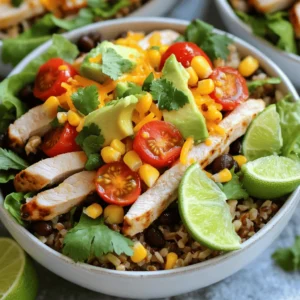 For a tasty Chicken Burrito Bowl, you need some essential items. Here's a list from the Full Recipe: - 2 cups cooked brown rice - 1 lb boneless, skinless chicken breasts - 1 tablespoon olive oil - 1 teaspoon ground cumin - 1 teaspoon chili powder - 1 teaspoon smoked paprika - Salt and freshly ground black pepper to taste - 1 can (15 oz) black beans, thoroughly rinsed and drained - 1 cup corn (can be fresh, frozen, or canned) - 1 cup cherry tomatoes, halved - 1 ripe avocado, diced - 1 cup shredded lettuce (romaine or mixed greens work well) - 1/2 cup shredded sharp cheddar cheese - Fresh cilantro, finely chopped, for garnish - 1 lime, cut into wedges For quality, I often choose brands like Goya for beans and Daisy for sour cream. They add great flavor and texture to the dish. You can make your burrito bowls even better with some toppings. Here are some ideas: - Sour cream or Greek yogurt for creaminess - Salsa or pico de gallo for extra flavor - Fresh jalapeños for a spicy kick - Lime wedges for a zesty touch For healthier options, try Greek yogurt instead of sour cream. You can also use quinoa instead of rice for added protein. Each serving of Chicken Burrito Bowl packs a nutritious punch. Here's a rough breakdown: - Calories: About 450 - Protein: 35 grams - Carbs: 50 grams - Fats: 15 grams Key ingredients like avocados and black beans offer great health benefits. Avocados provide healthy fats and fiber. Black beans are high in protein and great for digestion. Enjoying these bowls not only fills you up but also supports your health! Marinating the chicken is key for great flavor. It helps the spices soak in and makes the chicken juicy. To marinate safely, always keep the chicken in the fridge. Use a bowl that you can cover well. I like to marinate for at least 30 minutes. If you have more time, let it sit for a few hours. This gives the spices more time to work their magic. To cook the chicken perfectly, heat a large skillet over medium heat. Make sure it’s hot before adding the chicken. Cook each side for about 6 to 7 minutes. Look for a golden-brown color. The most important part is checking the internal temperature. It should reach 165°F to be safe to eat. After cooking, let it rest for about 5 minutes. This helps keep the juices inside. When you assemble the bowls, think about how they look. Start with a generous layer of brown rice. This is your base. Then, add the heated black beans and corn on top. Spread them evenly. Next, artfully place the sliced chicken, halved cherry tomatoes, diced avocado, and shredded lettuce. This makes the bowl colorful and fun. For serving sizes, adjust based on how hungry everyone is. If you have big eaters, add more rice and chicken. If it’s a light meal, less is fine. To save time while making Chicken Burrito Bowls, consider these methods: - Use pre-cooked rice: This cuts down your cooking time. You can find it in most stores. - Rotisserie chicken: Grab one from the deli. It's tasty and ready to use. Avoid these common mistakes: - Under-seasoning: Always taste your food as you cook. Adjust spices to suit your taste. - Overcooking chicken: Check the internal temperature. It should reach 165°F for safety. You can easily customize the flavors in your burrito bowls. Here are some ideas: - Spices: Add garlic powder or onion powder for extra depth. - Herbs: Fresh cilantro or parsley can brighten your dish. If you want more heat, try these tips: - Add jalapeños: Fresh or pickled, they can give a nice kick. - Use hot sauce: Drizzle it on top for more spice. To make your dish milder, you can: - Reduce chili powder: Start small and taste as you go. - Add sour cream: It cools down the heat and adds creaminess. These tips will help you create a burrito bowl that suits your taste perfectly! {{image_4}} To make a tasty vegetarian burrito bowl, you can swap chicken for plant-based proteins. Options like tofu, tempeh, or seitan work well. These ingredients soak up flavors nicely. For a vegan bowl, use beans or lentils for protein. To enhance flavor in vegetarian versions, add spices like cumin and chili powder. A splash of lime juice brightens the dish. Fresh herbs like cilantro also add a great touch. Don’t forget to include colorful veggies for crunch and nutrition. While brown rice is a classic choice, you can try other grains. Quinoa is a great protein source and cooks quickly. Farro adds a chewy texture that many enjoy. If you need gluten-free options, rice or quinoa is perfect. You can even use cauliflower rice for a low-carb twist. These options make your burrito bowls more exciting. They also cater to different dietary needs, ensuring everyone enjoys a delicious meal. Burrito bowls can take on many flavors from around the world. For a spicy kick, consider adding curry powder or coconut milk. This twist gives a unique flair to the dish. Different cuisines adapt the burrito bowl too. You can use taco-style toppings like jalapeños and salsa for a Mexican vibe. Or, try Mediterranean flavors with olives, feta, and tzatziki. The possibilities are endless, making burrito bowls a fun dish to customize. For the full recipe, check out the Zesty Chicken Burrito Bowls. To keep your chicken burrito bowls fresh, use airtight containers. Glass or plastic containers work well. Make sure they are clean and dry before adding food. Divide your bowls into single portions. This way, you can grab a meal easily. Store them in the fridge for up to three days. If you want to keep them longer, freeze the bowls. When freezing, use freezer-safe containers. Label them with the date to track freshness. Reheating your chicken burrito bowls is simple. You want to keep the flavors intact. The microwave is quick and easy. Heat your bowl for about 2-3 minutes. Stir halfway through for even heating. If you prefer the oven, preheat it to 350°F. Place your bowl in the oven for about 10-15 minutes. This helps keep the textures nice. Always check that the chicken reaches 165°F when reheating. Enjoy your delicious meal without losing quality! You can use several tasty alternatives if you want to skip rice. Here are some great options: - Cauliflower rice: It’s low in carbs and easy to make. Just pulse cauliflower in a food processor and sauté lightly. - Quinoa: This grain is high in protein and cooks quickly. It adds a nice nutty flavor. - Lettuce wraps: Use large lettuce leaves as your base. They add crunch and freshness. - Zucchini noodles: Spiralized zucchini makes a fun, low-carb base. Just sauté briefly to soften. Each of these options keeps your meal light and delicious while still being filling. Yes! Chicken Burrito Bowls are perfect for meal prep. Here’s how: - Cook your chicken and let it cool. Slice it and store it in an airtight container. - Prepare the beans and corn in advance. They store well in the fridge for up to five days. - Cook your rice or chosen base and keep it in a separate container. - You can chop your toppings ahead of time too. Just store them in small containers to keep them fresh. - When you’re ready to eat, just assemble your bowl. This makes for quick and easy lunches or dinners! You have many options for sides that go great with Chicken Burrito Bowls. Try these: - Mexican street corn: It adds a sweet and spicy flavor. - Tortilla chips and salsa: A crunchy side that everyone loves. - Guacamole: Creamy and rich, it pairs well with the bowl. - A fresh salad: Light and crisp, a salad can balance the hearty burrito bowl. These sides enhance your meal and make it even more enjoyable! In this post, we explored how to create delicious chicken burrito bowls. We discussed the main ingredients and optional toppings, along with their health benefits. I shared step-by-step marinating, cooking tips, and how to assemble your bowls for the best flavor. We also looked at storage tips and answered common questions about variations and meal prep. Enjoy experimenting with these ideas, and make the dish your own!