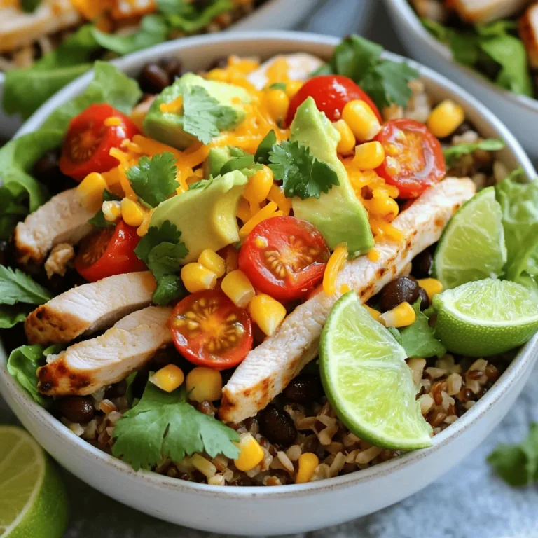 For a tasty Chicken Burrito Bowl, you need some essential items. Here's a list from the Full Recipe: - 2 cups cooked brown rice - 1 lb boneless, skinless chicken breasts - 1 tablespoon olive oil - 1 teaspoon ground cumin - 1 teaspoon chili powder - 1 teaspoon smoked paprika - Salt and freshly ground black pepper to taste - 1 can (15 oz) black beans, thoroughly rinsed and drained - 1 cup corn (can be fresh, frozen, or canned) - 1 cup cherry tomatoes, halved - 1 ripe avocado, diced - 1 cup shredded lettuce (romaine or mixed greens work well) - 1/2 cup shredded sharp cheddar cheese - Fresh cilantro, finely chopped, for garnish - 1 lime, cut into wedges For quality, I often choose brands like Goya for beans and Daisy for sour cream. They add great flavor and texture to the dish. You can make your burrito bowls even better with some toppings. Here are some ideas: - Sour cream or Greek yogurt for creaminess - Salsa or pico de gallo for extra flavor - Fresh jalapeños for a spicy kick - Lime wedges for a zesty touch For healthier options, try Greek yogurt instead of sour cream. You can also use quinoa instead of rice for added protein. Each serving of Chicken Burrito Bowl packs a nutritious punch. Here's a rough breakdown: - Calories: About 450 - Protein: 35 grams - Carbs: 50 grams - Fats: 15 grams Key ingredients like avocados and black beans offer great health benefits. Avocados provide healthy fats and fiber. Black beans are high in protein and great for digestion. Enjoying these bowls not only fills you up but also supports your health! Marinating the chicken is key for great flavor. It helps the spices soak in and makes the chicken juicy. To marinate safely, always keep the chicken in the fridge. Use a bowl that you can cover well. I like to marinate for at least 30 minutes. If you have more time, let it sit for a few hours. This gives the spices more time to work their magic. To cook the chicken perfectly, heat a large skillet over medium heat. Make sure it’s hot before adding the chicken. Cook each side for about 6 to 7 minutes. Look for a golden-brown color. The most important part is checking the internal temperature. It should reach 165°F to be safe to eat. After cooking, let it rest for about 5 minutes. This helps keep the juices inside. When you assemble the bowls, think about how they look. Start with a generous layer of brown rice. This is your base. Then, add the heated black beans and corn on top. Spread them evenly. Next, artfully place the sliced chicken, halved cherry tomatoes, diced avocado, and shredded lettuce. This makes the bowl colorful and fun. For serving sizes, adjust based on how hungry everyone is. If you have big eaters, add more rice and chicken. If it’s a light meal, less is fine. To save time while making Chicken Burrito Bowls, consider these methods: - Use pre-cooked rice: This cuts down your cooking time. You can find it in most stores. - Rotisserie chicken: Grab one from the deli. It's tasty and ready to use. Avoid these common mistakes: - Under-seasoning: Always taste your food as you cook. Adjust spices to suit your taste. - Overcooking chicken: Check the internal temperature. It should reach 165°F for safety. You can easily customize the flavors in your burrito bowls. Here are some ideas: - Spices: Add garlic powder or onion powder for extra depth. - Herbs: Fresh cilantro or parsley can brighten your dish. If you want more heat, try these tips: - Add jalapeños: Fresh or pickled, they can give a nice kick. - Use hot sauce: Drizzle it on top for more spice. To make your dish milder, you can: - Reduce chili powder: Start small and taste as you go. - Add sour cream: It cools down the heat and adds creaminess. These tips will help you create a burrito bowl that suits your taste perfectly! {{image_4}} To make a tasty vegetarian burrito bowl, you can swap chicken for plant-based proteins. Options like tofu, tempeh, or seitan work well. These ingredients soak up flavors nicely. For a vegan bowl, use beans or lentils for protein. To enhance flavor in vegetarian versions, add spices like cumin and chili powder. A splash of lime juice brightens the dish. Fresh herbs like cilantro also add a great touch. Don’t forget to include colorful veggies for crunch and nutrition. While brown rice is a classic choice, you can try other grains. Quinoa is a great protein source and cooks quickly. Farro adds a chewy texture that many enjoy. If you need gluten-free options, rice or quinoa is perfect. You can even use cauliflower rice for a low-carb twist. These options make your burrito bowls more exciting. They also cater to different dietary needs, ensuring everyone enjoys a delicious meal. Burrito bowls can take on many flavors from around the world. For a spicy kick, consider adding curry powder or coconut milk. This twist gives a unique flair to the dish. Different cuisines adapt the burrito bowl too. You can use taco-style toppings like jalapeños and salsa for a Mexican vibe. Or, try Mediterranean flavors with olives, feta, and tzatziki. The possibilities are endless, making burrito bowls a fun dish to customize. For the full recipe, check out the Zesty Chicken Burrito Bowls. To keep your chicken burrito bowls fresh, use airtight containers. Glass or plastic containers work well. Make sure they are clean and dry before adding food. Divide your bowls into single portions. This way, you can grab a meal easily. Store them in the fridge for up to three days. If you want to keep them longer, freeze the bowls. When freezing, use freezer-safe containers. Label them with the date to track freshness. Reheating your chicken burrito bowls is simple. You want to keep the flavors intact. The microwave is quick and easy. Heat your bowl for about 2-3 minutes. Stir halfway through for even heating. If you prefer the oven, preheat it to 350°F. Place your bowl in the oven for about 10-15 minutes. This helps keep the textures nice. Always check that the chicken reaches 165°F when reheating. Enjoy your delicious meal without losing quality! You can use several tasty alternatives if you want to skip rice. Here are some great options: - Cauliflower rice: It’s low in carbs and easy to make. Just pulse cauliflower in a food processor and sauté lightly. - Quinoa: This grain is high in protein and cooks quickly. It adds a nice nutty flavor. - Lettuce wraps: Use large lettuce leaves as your base. They add crunch and freshness. - Zucchini noodles: Spiralized zucchini makes a fun, low-carb base. Just sauté briefly to soften. Each of these options keeps your meal light and delicious while still being filling. Yes! Chicken Burrito Bowls are perfect for meal prep. Here’s how: - Cook your chicken and let it cool. Slice it and store it in an airtight container. - Prepare the beans and corn in advance. They store well in the fridge for up to five days. - Cook your rice or chosen base and keep it in a separate container. - You can chop your toppings ahead of time too. Just store them in small containers to keep them fresh. - When you’re ready to eat, just assemble your bowl. This makes for quick and easy lunches or dinners! You have many options for sides that go great with Chicken Burrito Bowls. Try these: - Mexican street corn: It adds a sweet and spicy flavor. - Tortilla chips and salsa: A crunchy side that everyone loves. - Guacamole: Creamy and rich, it pairs well with the bowl. - A fresh salad: Light and crisp, a salad can balance the hearty burrito bowl. These sides enhance your meal and make it even more enjoyable! In this post, we explored how to create delicious chicken burrito bowls. We discussed the main ingredients and optional toppings, along with their health benefits. I shared step-by-step marinating, cooking tips, and how to assemble your bowls for the best flavor. We also looked at storage tips and answered common questions about variations and meal prep. Enjoy experimenting with these ideas, and make the dish your own!