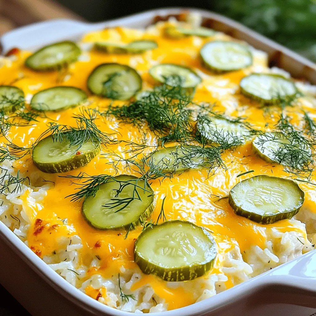 Gather the following ingredients to make the Pickle Ranch Chicken and Rice Bake: - 2 cups cooked rice (white or brown) - 1 lb boneless, skinless chicken breasts, diced - 1 cup dill pickle slices - ½ cup pickle juice - 1 packet ranch seasoning mix - 1 cup shredded sharp cheddar cheese - ½ cup cream cheese, softened - 1 cup low sodium chicken broth - 1 cup frozen peas (optional) - Salt and pepper, to taste - Fresh dill or parsley, for garnish Each ingredient plays a key role in creating the dish's unique flavor. The combination of dill pickles and ranch seasoning adds a punch that makes this meal stand out. Using low sodium chicken broth helps keep the salt levels in check, while the cream cheese adds a lovely creaminess to the casserole. Feel free to customize by choosing different types of rice or adding veggies like bell peppers. If you want a bit of crunch, consider topping the dish with crushed crackers or breadcrumbs before baking. For the full recipe, check out the details provided above. - Preheat the oven to 350°F (175°C). - Prepare and measure all ingredients. This step helps you stay organized. - In a large bowl, combine chicken, rice, pickles, ranch seasoning, and pickle juice. - Mix well until everything is coated. Next, incorporate cream cheese and chicken broth. Stir until smooth and creamy. If you want, you can add frozen peas at this stage. - Transfer the mixture into a greased baking dish. Spread it evenly with a spatula. - Sprinkle cheddar cheese over the top, covering the entire surface. Bake for 30 to 35 minutes. The chicken should be cooked through, and the cheese should be bubbly and golden. - Once done, let it cool for a few minutes. This helps the flavors blend. Garnish with fresh dill or parsley before serving. Enjoy your flavorful dish! To ensure your chicken is fully cooked, use a meat thermometer. Aim for an internal temperature of 165°F. This keeps your chicken safe and juicy. Cut the chicken into even, bite-sized pieces. This helps it cook evenly throughout the dish. Using low sodium chicken broth is key for flavor control. It lets you manage the saltiness of the dish. Balance the salt in the ranch seasoning and cheese with a low sodium broth. This way, you can enjoy a rich taste without it being too salty. The best side dishes for this casserole include a crisp green salad or roasted veggies. These add freshness and color to your meal. You could also serve it with crusty bread for a heartier option. For a more polished look, serve individual portions on plates. Garnish each serving with extra pickle slices and a sprig of fresh dill or parsley. This makes your dish pop with color and adds a burst of flavor. Enjoy the comforting blend of chicken, rice, and pickles with a beautiful presentation! {{image_4}} You can change up the flavors in your Pickle Ranch Chicken and Rice Bake. One easy way is to use different cheeses. Try mozzarella for a milder taste or pepper jack for some heat. Each cheese brings its own flair to the dish. Adding vegetables is another great option. Bell peppers add a sweet crunch, while corn brings a pop of color and sweetness. You can toss in your favorite veggies to make it even more fun and healthy. If you need gluten-free options, look for a gluten-free ranch seasoning. Many brands offer this, so check the labels. It allows you to enjoy the same great taste without gluten. For those on a low-carb diet, swap rice for cauliflower rice. This change keeps your dish light and fresh. It also adds more nutrients. You still get the delicious mix of flavors while keeping it low-carb. For the full recipe, check out Dill-Infused Ranch Chicken and Rice Casserole. After you enjoy the pickle ranch chicken and rice bake, store any leftovers in the fridge. Place the casserole in an airtight container. It will stay fresh for about three to four days. When reheating, use the oven for best results. Preheat it to 350°F (175°C). Cover the dish with foil to keep the moisture in. Heat for about 20 minutes or until warm throughout. You can also use the microwave, but it may dry out the dish. For long-term storage, you can freeze the casserole. If it is unbaked, wrap it well with plastic wrap and then foil. It can last for up to three months in the freezer. If you have baked it, let it cool completely first. Then, wrap it tightly the same way. The shelf life for a baked dish in the freezer is also about three months. When you are ready to enjoy it, thaw it in the fridge overnight. Bake it at 350°F (175°C) until heated through. Can I use different types of chicken? Yes, you can use thighs or even rotisserie chicken. Thighs stay moist, which is great for flavor. Rotisserie chicken saves time and adds a nice touch. Just shred it before mixing. How to make it creamier or zestier? To make it creamier, add more cream cheese or sour cream. For a zestier flavor, mix in extra dill pickle juice or some lemon zest. You can also try adding a bit of hot sauce for a kick! How long can the casserole sit out? It should not sit out for more than two hours. After that, it may not be safe to eat. Cover it well and store it in the fridge to keep it fresh. Can I prepare this dish ahead of time? Yes, you can prepare it a day ahead. Just mix all the ingredients and cover the dish. Store it in the fridge. When you’re ready to bake it, add a few extra minutes to the cooking time. What can I use instead of cream cheese? You can use Greek yogurt for a lighter option. Cottage cheese also works well. Both will keep the dish creamy and delicious. Alternatives for ranch seasoning mix? If you don’t have ranch seasoning, you can make your own. Combine dried herbs like dill, garlic powder, and onion powder. This will give you a similar flavor profile. This dish combines simple ingredients for a tasty meal. We started with cooked rice and diced chicken, adding dill pickles and ranch for flavor. We mixed it with cream cheese and topped it with cheese before baking. Remember, you can adjust ingredients to suit your taste. Store any leftovers properly for later. Enjoy your casserole and get creative with variations. This dish is easy to make and even easier to enjoy with family and friends.